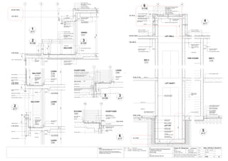 215385
11
1
BALCONY
render finish
face brick
skim coat render to column
face brick
200
flashing
1543
BALCONY
render finish
L3 RL.190.36
L2 RL.187.26
25
300
10
1050
glass balustrade
10mm x 10mm drip
groove
plaster skim coat soffit
200flashing
RAMP UP
RAMP UP
FRL 174.12
white river pebbles
waterproof membrane
allow for structural support for lift
render finish
LIFT WELL
foil & foam insulation
glued to u/s slab
13mm plasterboard
ceiling
white river pebbles
waterproof membrane
FIRE STAIRS
LIFT SHAFT
LIFT PIT
stairs to have
carborumdrum
finish
joint to engineer's detail
150180
200200
200
200 foil & foam insulation
glued to u/s slab
13mm plasterboard ceiling
white river pebbles
waterproof membrane
joint to eng's detail
300
C RL.196.16
B1 RL.177.46
B2 RL.174.66
allow for lift structure
to be cast into walls
DPC
300
50mm fine gravel bed
P.V.C. membrane
do not puncture
300mm lapped &
taped at joints
anti-concrete dusting
finish to concrete slab
Lift Sump
to manufacture's detail
1060
Lift Pit Sump to
manufacture's detail
BALCONY
plaster skim coat
soffit
10mm x 20mm drip
groove
stop render 10mm
short of frame
20
2400
2700
25
25 20
render finish
handrail to detail
200
240
300
25
760
200
10mm x 10mm drip groove
C RL.196.16
850
150
150
750
min
240
pencil round square edge
150
min
slope render down
L4 RL.193.46
white river pebbles
waterproof membrane
861050
plaster skim
coat soffit
DINING
C17
LIVING
C12
C16
flash
1085
L1 RL.184.16
tiles fall to sump
(see Hydraulic
drawings for
detail)
LIVING
C04
LIVING
C08
COURTYARD
Fall
selected tiles on
waterproof membrane
200
concrete column
110
G RL.181.06
face brickwork
86
WALL DETAILS 7-BLOCK C
A106
BED 2
C17
1
A17
2
A17
6
A17
4
A17
5
A17
foil & foam insulation
glued to u/s slab
13mm plasterboard
ceiling & bulkhead
flashing
upturn flashing at window
flashing
upturn flashing
at window
flashing
upturn flashing
at window
150110
1050
2700
180
300
13mm plasterboard
ceiling & bulkhead
foil & foam insulation
glued to u/s slab
2 x 13mm plasterboard
ceiling & bulkhead
13mm plasterboard
ceiling & bulkhead
flashing
upturn flashing
at window
50110 50 110
10mm ABELFLEX all round
joint to engineer's detail
DPC
120
600
120
10mm ABELFLEX all round
joint to engineer's detail
CJ
CJ
CJ
170
CJCJ
CJ
CJ
CJ
CJ
CJCJ
flashing
COURTYARD
fall
selected tiles on waterproof membrane
footing to stairs
render
75 x25 cedar slats on 50x50 gal.
rhs frame dyna bolt to wall
concrete column
110
G RL.181.06
LIVING
C04
selected tiles
face brickwork
86
3
A17
flashing
upturn flashing
at window
allow reglet for membrane
& overflashing
20
20
waterproof membrane
& termite barrier
DPC
waterproof membrane
& termite barrier
foil & foam insulation
glued to u/s slab
13mm plasterboard ceiling
Fall 20mm
waterproof paint
20mm
overhang
KITCHEN
C03
lintel to eng's detail
38mm Ø overflow
spigot
waterproof
membrane
tiles fall to sump
(see Hydraulic
drawings for
detail)
10
150
screen location
waterproof
membrane
2700
1 2 3
tiles fall to sump
(see Hydraulic drawings
for detail)
waterproof membrane
170
325170300
260
2700
2
200
10
F.C support to membrane
over cavity
cellular drainage
board
F.C support to membrane over cavity
waterproof paint
to external walls
fully sealed waterproof
membrane jacket
backfill with fine
coarse gravel
6mm F.C. sheet to
protect membrane
300 x 75 spouts to drain lift roof
50
BED 2
C18
8686
5 6
slope render down
allow reglet for membrane
& overflashing
folded colorbond parapet capping
6
A108
5
A108
3
A108
2
A108
face brick
RL.173.60
Roof RL.196.63
C RL.196.16
Roof RL.196.63
RL.197.24
610
38mm Ø overflow spigot
Universal I Beam
(200*133mm)
stepped cavity flashing
& weep perpend
steel lintel to eng. detail paint
u/s to achieve fire rating
louvers for shaft ventilation
(400*150mm)
flashing
0
Issue Date Amendments
A 27.04.06 Issued for Construction.
B 30.06.06 Amended Levels + Lift Structure.
30.06.06
B
Scale :
Job:
Proposed Residential Development
1-9 Woniora Avenue
Wahroonga
Figured dimensions to be taken in preference to scale. Verify all
dimensions on site (vos). Copyright for the information contained
herein remains the property of Owen & Gilsenan Architects.
Drawing :
Date :
Drawing No. :
Drawn : LY
Owen & Gilsenan Architects
Client:
Woniora Avenue Pty Ltd
Suite 4.1 P : (02) 9212 2417
105 Kippax Street F : (02) 9212 2617
Surry Hills NSW 2010 E : codesign@tpg.com.au
Issue :
A1-1:20 A3-1:40
NOTES:
- 75mmx11Kg/m3 density glass wool insulation to all bathroom &
ensuite ceilings with pipework above.
- Lagging to all waste/stormwater pipes penetratingwalls.
Penetrations to be laged 100 min. either side with joints filled
with Bostik Fireban backing rod.
 