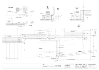 3600
G RL.181.06
B1 RL.177.46
7 8
9
G
B1
CARPARK
686270
200
200
200
200686
RL.180.974
RL.180.545
RL.180.074
471200686
garden planter to landscape design
429
sandstone capping
sandstone capping
waterproof membrane
waterproof membrane
garden planter to landscape design
waterproof membrane
40
40
garden planter to Landscape design
40
DRIVEWAY
85
WALL DETAILS 8-BLOCK C
A107
PLANTER
G RL.181.06
230
50
230
waterproof membrane
L
40686
986
RL.180.074
flashing & termite barrier
garden planter
to Landscape design
sandstone capping
CARPARK B1
CARPARK B2
50
200
anti-concrete dusting
finish to concrete slab
50mm PVC tube
B1 RL.177.46
RL.177.875
waterproof membrane
AG line to HMD eng's detail
covered with building
paper & coarse gravel & connected
to stormwater line
cellular drainage board
exposed rock face
20mm expansion junction
to all basement 1 concrete edges
150x75 dish drain
connected to
stormwater linefine gravel bed
P.V.C. membrane
do not puncture
300mm lapped
anti-concrete dusting
finish to concrete slab
B2 RL.174.66
connect to stormwater
RL.175.05
3
A14120
250
190300
mastic seal at junction
1155
726
726
carpark to be surfaced
in anti-conc. dusting coating
rendered blockwork
10mm x 10mm
drip groove
splay
splay
perforated panel garage door
150
150
150
kerb
kerb
RL. 177.46
1:12 RAMP
1:6.5 RAMP
2400min
1
A14
2
A14
flashing
splay
drain detail
see eng's drawing
line of 400 upturn
beam beyond
driveway to have 20mm grooves
at 200mm cts for traction
r.conc. column
200
200111440
door mechanism
glassbalustrade
CRP FBFB FBCRPFB FB
BED 2
C04
kerb
4000 1:12 ramp
220
450300 220
4
A12
450
155
300
min.
1200
min.
min.
min.
170
100
300
230
1190 255 800
500
RL. 176.96 Soffit of 500 Deep beam beyond
RL. 177.19 Soffit of beam
B 30.06.06 Detail 4 Amended
C 17.08.06 Detail 4 Amended
200
D 22.08.06 Detail 4 Amended
PLANTER
G RL.181.06
230
230
waterproof membrane
L
40685
RL.180.074
garden planter
to Landscape design
sandstone capping
5
A14
985
645
1545
Line brickwall beyond
22.08.06
D
R.Conc. Column Beyond
R.Conc. Column Beyond
RL. 177.29 Soffit of slab
1870
2645
2440min.
1070
Scale :
Job:
Proposed Residential Development
1-9 Woniora Avenue
Wahroonga
Figured dimensions to be taken in preference to scale. Verify all
dimensions on site (vos). Copyright for the information contained
herein remains the property of Owen & Gilsenan Architects.
Drawing :
Date :
Drawing No. :
Drawn : LY
Owen & Gilsenan Architects
Client:
Woniora Avenue Pty Ltd
Suite 4.1 P : (02) 9212 2417
105 Kippax Street F : (02) 9212 2617
Surry Hills NSW 2010 E : codesign@tpg.com.au
Issue :
A1-1:20 A3-1:40
NOTES:
- 75mmx11Kg/m3 density glass wool insulation to all bathroom &
ensuite ceilings with pipework above.
- Lagging to all waste/stormwater pipes penetratingwalls.
Penetrations to be laged 100 min. either side with joints filled
with Bostik Fireban backing rod.
 