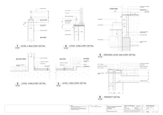 38eq.38eq.
BALCONY KITCHEN
86
L4 RL.193.46L4 RL.193.46
BALCONY
1525
150
1525
COURTYARD
Fall
200
footing to stairs
render
110
G RL.181.06
face brickwork
DPC
150170
20050110
Fall
20
10
WALL DETAILS 9
A108
150
eq. 38 eq.
100
pencil round square
edge render finish
allow for pockets
in balustrade
metalic handrail
F.C support to membrane
over cavity
selected tiles on
waterproof membrane
joint to eng's detail
junction (see eng's
detail)
waterproof membrane
& termite barrier
DPC
selected tiles
waterproof membrane
parge corner
white river pebbles
waterstop & flashing
38mm Ø overflow
spigot
allow reglet for membrane
slope render downwards
6mm FC packer
6mm FC packer
upturn flashing
at window
flashing
waterproof membrane
selected tileswaterproof membrane
into reglet
balcony balustrade
balcony balustrade
waterproof membrane
selected tiles
BALCONY ROOF
GROUND LEVEL BALCONY DETAIL
PARAPET DETAIL
1
A100
LEVEL 4 BALCONY DETAIL
2
A104
LEVEL 4 BALCONY DETAIL 3
A104
LEVEL 4 BALCONY DETAIL
110 150
20
100160
38mm metalic handrail
stone capping
mortar bed & water
proof membrane
face brickwork
waterproof paint
150 x 75 RHS
sun screen
CL
eq. eq.
LEVEL 2 BALCONY DETAIL4
A100
10 10
6
A102
5
A104
Issue Date Amendments
A 27.04.06 Issued for Construction.
04.06.06
A
Scale :
Job:
Proposed Residential Development
1-9 Woniora Avenue
Wahroonga
Figured dimensions to be taken in preference to scale. Verify all
dimensions on site (vos). Copyright for the information contained
herein remains the property of Owen & Gilsenan Architects.
Drawing :
Date :
Drawing No. :
Drawn : LY
Owen & Gilsenan Architects
Client:
Woniora Avenue Pty Ltd
Suite 4.1 P : (02) 9212 2417
105 Kippax Street F : (02) 9212 2617
Surry Hills NSW 2010 E : codesign@tpg.com.au
Issue :
A1-1:20 A3-1:40
NOTES:
- 75mmx11Kg/m3 density glass wool insulation to all bathroom &
ensuite ceilings with pipework above.
- Lagging to all waste/stormwater pipes penetratingwalls.
Penetrations to be laged 100 min. either side with joints filled
with Bostik Fireban backing rod.
 