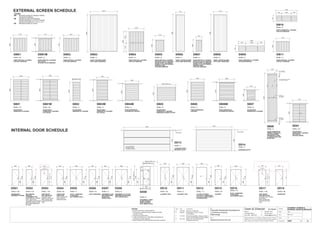 TOTAL = 112
(BATHROOM,
ENSUITE,
& BASEMENT WC)
Note: Bathroom, Ensuite
& WC doors to be
removable to have flange
welded to head to cover
gap. Depth determined
by hinge.
EXTERNAL SCREEN &
INTERNAL DOOR SCHEDULES
1:50
A201
NOTES:
1. Screens and doors viewed external.
2. All aluminium windows powder coated & include
handles & locks.
3. All doors are solid cored.
4. Verify all dimensions on site before manufacture &
production of shop drawings
5. Sub-Contractor to confirm all doors & screen numbers.
TOTAL = 33
FIXED VERTICAL LOUVRES
(FOR W01 WINDOW)
SB01
SW01 SW02
SB02 SB04M SB05 SB06 SB07
TOTAL = 6
FIXED VERTICAL LOUVRES
(FOR W02 WINDOW)
TOTAL = 16
ADJUSTABLE
HORIZONTAL LOUVRES
TOTAL = 4
150x50 HARDWOOD
TIMBER SCREEN ON
GAL IRON FRAME
HARDWOOD TO BE
A1 GRADE WEATHER
RESISTANT
EXTERNAL SCREEN SCHEDULE
INTERNAL DOOR SCHEDULE
TOTAL = 2
ADJUSTABLE
HORIZONTAL LOUVRES
TOTAL = 4
ADJUSTABLE
HORIZONTAL LOUVRES
ON TRACKS
TOTAL = 8
ADJUSTABLE
HORIZONTAL LOUVRES
DIMENSION VARIES ON SITE
TOTAL = 4
FIXED HORIZONTAL
LOUVRES ON TRACKS
TOTAL = 2
FIXED HORIZONTAL
LOUVRES
TOTAL = 2
ADJUSTABLE
HORIZONTAL LOUVRES
TOTAL = 6
FIXED VERTICAL LOUVRES
ON TRACKS
(FOR W03 & W18 WINDOW)
SW01M
SB01M
TOTAL = 28
ADJUSTABLE
HORIZONTAL LOUVRES
ON TRACKS
SB03M SB06M
TOTAL = 6
FIXED HORIZONTAL
LOUVRES ON TRACKS
SD01
TOTAL = 10
ADJUSTABLE
HORIZONTAL LOUVRES
ON TRACKS
(FOR D01 DOOR)
1770
1800
1750
2010
1170
1550
1100
2450
1800
1500
2450
1000 (90mm tol.)
17701800
2000
2450
1800
2500 (40mm tol.)
1800
D
TOTAL = 152
(BEDROOM &
BASEMENT STORE)
DD01
900
2100
900
TOTAL = 50
(UNIT ENTRY
1HR FIRE RATE)
Automatic Door
Closers to all Doors
Note: Smoke seal
to all Ground Floor
Units.
DD03
1000
2100
900
TOTAL = 24
(FIRE STAIR
FIRE RATE)
Note: Smoke seal
to all Lobby &
Basement doors.
DD04
900
2100
900
TOTAL = 1
(ELEC. CUPBOARD
F.C.BACKED
WITH SMOKE SEAL)
DD05
1600
2100
900
TOTAL = 15
(FHR CUPBOARD)
DD06
900
2100
900
TOTAL = 2
(BASEMENT ELEC.
2HR FIRE RATED
DOOR WITH
SMOKE SEAL)
DD07
900
2100
900
1600
2100
900
TOTAL = 2
(BASEMENT A/C PLANT
2HR FIRE RATED DOOR
WITH SMOKE SEAL)
DD08
TOTAL = 8
(BASEMENT LOBBY
ALUM. FRAME &
FIXED GLAZING
WITH SMOKE SEAL)
DD09
900
2100
900
FG
FG
FG
FG
2100-3000v.o.s.
BlockA 1340 v.o.s.
BlockB 1450 v.o.s.
BlockC 1920 v.o.s.
TOTAL = 16
(LAUNDRY CPD)
DD10
1200
2400
900
TOTAL = 2
(L4-UNIT B17&B18)
CS CAVITY SLIDER WITH
CAVLOCK CL200 HANDLE
& PASSAGE SET
DD12DD02
800
2100
900
1400
2400
900
1770
2500
F
Peep Hole
600
TOTAL = 2
(LAUNDRY CPD)
DD11
1620
2400
900
850
2100
900
TOTAL = 34
LAUNDRY
DD15
1435
2250
LEGEND
SW Mounted screen for window 100mm
out around building.
SB Inserted screen for balconies.
Screen dimension to L2 & L4 similar.
Screen dimension to L1 & L3 v.o.s.
SD Mounted screen for doors
SW03
TOTAL = 3
FIXED LOUVRE BLADES
(FOR 2xW03 WINDOWS)
3570
4850
SW04
TOTAL = 6
FIXED VERTICAL LOUVRES
(FOR W12 WINDOW)
2650
2010
15251125
SW05
TOTAL = 8
FIXED VERTICAL LOUVRES
MOUNTED 250 OFF WINDOW
ON MATCHING ALUMINIUM
FRAME TO ALLOW AWNING
WINDOW OPEN
(FOR W06 WINDOW)
SW07
TOTAL = 4
FIXED VERTICAL LOUVRES
MOUNTED 250 OFF WINDOW
ON MATCHING ALUMINIUM
FRAME TO ALLOW AWNING
WINDOW OPEN
(FOR W07 WINDOW)
810
1550
SW06
TOTAL = 1
FIXED LOUVRE BLADES
(FOR 2xW06 WINDOWS)
4850
1170
SW08
TOTAL = 6
FIXED LOUVRE BLADES
(FOR 2xW01 WINDOWS)
1770
4850
SW09
TOTAL = 5
FIXED HORIZONTAL LOUVRES
(FOR W09 WINDOW)
770
SW10
TOTAL = 4
FIXED HORIZONTAL LOUVRES
(FOR W10 WINDOW)
770
2730
730730 1270
TOTAL = 2
FIXED VERTICAL LOUVRES
(FOR W17 WINDOW)
SW11
1770
1365
3450
912 1626 912
2020
2800
2000
2800
2750
SB08
6450
1275
5050 125
GAL. CAPS ON
TOP OF TIMBER
50X50 H.S.
GAL. FRAME
CAP ENDS
50X50 H.S.
GAL. FRAME
CAP ENDS
150x50 HARDWOOD TIMBER
A1 EXTERNAL GRADE
200150
09.01.07
B 30.06.06 DD16 added. Total no. of doors
to D05 altered.
TOTAL = 14
(ELEC. CUPBOARD
F.C.BACKED
WITH SMOKE SEAL)
DD16
1420
2100
900
4700
2800
U/S SLAB
TOTAL = 1
(GARBAGE GATE)
DD14
6100
2700
TOTAL = 1
(CARPARK ENTRY
SECURITY GATE)
DD13
U/S SLAB
COLOURBOND
COVER PLATE
TO MECHANISM
TOTAL = 06
BEDROOM 1
DD18
TOTAL = 08
(UNIT ENTRY
1HR FIRE RATE)
Automatic Door Closers
to all Doors
Note: Smoke seal
to all Ground Floor
Units.
DD17
900
2100
900
Peep Hole
600
950
2100
C 13.10.06 DD17 & DD18 added. Total no. of doors
to DD01 & DD03 altered, DD03 changed.
D 28.11.06 DD03, DD17 & DD18 Dimension
changed to frame size
Issue Date Amendments
A 27.04.06 Issued for Construction.
Job:
Proposed Residential Development
1-9 Woniora Avenue
Wahroonga
Figured dimensions to be taken in preference to scale. Verify all
dimensions on site (vos). Copyright for the information contained
herein remains the property of Owen & Gilsenan Architects.
Drawing :
Scale :
Date :
Drawing No. :
Drawn : LY
Owen & Gilsenan Architects
Client:
Woniora Avenue Pty Ltd
Suite 4.1 P : (02) 9212 2417
105 Kippax Street F : (02) 9212 2617
Surry Hills NSW 2010 E : codesign@tpg.com.au
Issue :
 