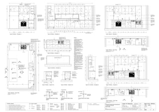 Issue Date Amendments
A 27.04.06 Issued for Construction
Job:
Proposed Residential Development
1-9 Woniora Avenue
Wahroonga
Figured dimensions to be taken in preference to scale. Verify all
dimensions on site (vos). Copyright for the information contained
herein remains the property of Owen & Gilsenan Architects.
Drawing :
Date : 27.04.06
Drawing No. :
Drawn : JAP
Owen & Gilsenan Architects
Client:
Woniora Avenue Pty Ltd
Suite 4.1 P : (02) 9212 2417
105 Kippax Street F : (02) 9212 2617
Surry Hills NSW 2010 E : codesign@tpg.com.au
Issue : A
Scale :
1:20 @ A1 , 1:40 @ A3
1:10 @ A1 , 1:20 @ A3
Adj.
Adj.
Adj.
TV
Type G, H & I - Kitchens
A403
600 600 60020 20
900
2440
MW
Type G Kitchen - Elevation 3
Type G & Kitchen - Elevation 4
Type G Kitchen - Section 5-5
ST
PU
LA
PU
PU
PU
PUPU
ST
LA
PU
Type G Kitchen - Section 6-6
SINGLE SHEET CLADDING WITH 2 PAK
POLYURETHANE PAINT FINISH
STONE BENCH TOP
RETURNS DOWN
SIDES OF ISLAND
BENCH TO FLOOR,
ALL JUNCTIONS
MITRED
MICROWAVE OVEN WITH TRIM KIT
TOP TO ALIGN WITH TOP OF
DRAWER FACE. ALUMINIUM TRIM
TO SHADOW TO MATCH ADJACENT
DRAWER PULL
Notes:-
- All tiled floors to have 5mm
Impactamat or Regupol QT4010
underlay under tiles.
- Stop wall & floor tiles 2-3mm
short of edges and fill with
resiliant caulking compound equal
to Bostik Seal N Flex
- All dimensional setouts are from
the finished wall surfaces.
- Check all dimensions on site
before producing shop drawings.
- Read in conjunction with
"ODCM" finishes and components
schedules.
- Read in conjunction with
Architectural plans and standard
construction details
- All glazing to comply with A.S.
1288.
- Refer to manufacturers
specifications for power &
installation requirements for all
equipment
- Ensure cable cutouts to carcass
for cable pass through of power
cables to outlets where required.
- Ensure adequate packing as
required to all built in equipment
as per manufacturers instructions
- All joinery to be constructed on
HMR substrate. Contractor to
ensure adequate waterproofing to
sink and plumbing.
- All joinery to wet areas shall be
constructed on marine grade
base.
- Ensure all trims to wet areas are
graded and finished for wet area
use.
- All faceplates to power or
data/phone outlets to be brushed
stainless steel.
- Contractor to allow for hard
wiring of oven to manufacturers
specifications
600
PU
PU
5050200
800
MW
VENTILATION TO REAR
BASE AND SIDE OF
CARCASS (MIN..
300mm*100mm) REFER
TO MANUFACTURERS
DETAILS
MICROWAVE OVEN WITH
TRIM KIT TOP TO ALIGN
WITH TOP OF DRAWER
FACE. ALUMINIUM TRIM TO
SHADOW TO MATCH
ADJACENT DRAWER PULL
EXTRUSION
PU
PU
PU
LA
CtDr
Dr
Dr
DRAWERS WITH FULL
EXTENSION RUNNERS
40mm ALUMINIUM
SHADOW TRIM STRIP
30mm CLEARANCE FROM
TOP OF 5mm Dia
ARRISSED EDGE OF
DOOR/DRAWER TO
UNDERSIDE OF BENCH
OR PANEL ABOVE
Sgpo
ADJUST OVERHEAD CUPBOARD
WIDTH IN UNITS B03 & B07 TO
SUIT REDUCED
SERVICE DUCT WIDTH
Type G Kitchen - Floor Plan
For Kitchens in the following units :-
C12, C16
1
3 2
55
4
GC
Bin
CK1
DW under
Sink
Tap
OV1 under
MW
RH
Rd
2
@ 995
2
@ 995
1
@ 650
1
@ 650
2
@ 995
2
@ 995
2
@ 1950
Rd
RdRd
OV1
RH
DW
Tap
FR1
Rd Rd
Dgpo
Sgpo
Sgpo
ST
TV
CK1 Dgpo
Type G Kitchen - Elevation 1
PU
LA
PU
Dh
ST
Adj.
Adj.
Adj.
Adj.
Fixed
TV
Adj.
Adj.
Adj.
Adj.
Adj.
Fixed
GC
TV TV
PU PU
Equal Equal Equal
Equal Equal Equal Equal
600 810 VOS2140700
1800580
645835
125
LA LA LA
4700 VOS2600
TV
TVTV TV
PU
PU
600
2440870700690
4480
570 EqualEqual
Type G Kitchen - Elevation 2
66
1
@ 1650
DUCT & VENT
RANGEHOOD
AS REQUIRED
FIXED PANEL TO
SIDE OF PANTRY TO
MATCH HEIGHT AND
FINISH OF PANTRY
DOORS
FIXED SHELF IN
PANTRY TO ALIGN
WITH BENCHTOP
ARRIS TOP/BOTTOM
EDGE OF PANTRY
DOORS FOR FINGER
PULL, TO ALIGN
WIITH UNDERBENCH
DOORS
INFILL STRIP ABOVE
DISHWASHER TO
MATCH ADJACENT
JOINERY
MANUAL SLIDE OUT BIN
TO BASE OF CUPBOARD
UNDER SINKS
ADJUST SIZE OF PANTRY TO
FIT TIGHT TO REVEAL LINING
DRAWERS WITH FULL
EXTENSION RUNNERS
UNDER
DRAWERS WITH FULL
EXTENSION RUNNERS
UNDER
MICROWAVE OVEN WITH TRIM KIT
SET INTO UNDERBENCEH
JOINERY. ENSURE VENTILATION
TO REAR BASE AND SIDE OF
CARCASS (MIN.. 300mm*100mm)
REFER TO MANUFACTURERS
DETAILS
TV
Adj.
Adj.
Bin
Sink
Tr.
Sgpo
PUPU
16702530
FINGER JOINTED PINE
REVEAL LINING AROUND
ENTIRE OPENING. Nom.
20mm thk. GLOSS PAINT
FINISH
700
FINGER JOINTED PINE
REVEAL LINING AROUND
ENTIRE OPENING. Nom.
20mm thk. GLOSS PAINT
FINISH
SIZE OF COLUMN OR SERVICE
DUCT TO BE VERIFIED ON SITE &
PANTRY TO BE ADJUSTED
ACCORDINGLY
HEBEL BLOCK WALL TO FIRE RATED SERVICE
DUCT WITH 9mm MDF BOARD & SELECTED TIMBER
LAMINATE GLUE FIXED DIRECTLY TO HEBEL
BLOCK WORK IN KITCHEN
HEBEL BLOCK WALL TO FIRE
RATED SERVICE DUCT WITH
9mm MDF BOARD & SELECTED
TIMBER LAMINATE GLUE FIXED
DIRECTLY TO HEBEL BLOCK
WORK IN KITCHEN
SERVICERISER
VOID
ST
800 1200
PANTRY
SERVICE DUCT MOVES 200mm RIGHT IN
UNITS B03 & B07. ADJUST OVERHEAD
CUPBOARD WIDTH TO SUIT
Rd
Adj.
Adj.
PU PU
Equal
DRAWERS WITH FULL
EXTENSION RUNNERS
UNDER
Rd
GC
LA
LA
Adj.
Adj.
OV1
RH
ST
TV
Adj.
Fixed
GC
LA
10mm OVERHANG
FOR FINGER PULL
FR1
Dgpo
TV
Adj.
TVTV
950 Clear
2030
40
30mm CLEARANCE FROM
TOP OF 5mm Dia
ARRISSED EDGE OF
DOOR/DRAWER TO
UNDERSIDE OF BENCH
OR PANEL ABOVE
15030
Typical Kitchen Bench Edge
Detail 1
Scale 1 : 10
40mm ALUMINIUM
SHADOW TRIM
STRIP
40
SELECTED STONE BENCH
TOP ON MDF CARCASS
2030
30mm CLEARANCE FROM
TOP OF TRIM KIT TO
UNDERSIDE OF BENCH
MICROWAVE OVEN
INTERGRATED TRIM KIT
Microwaveoven
SELECTED STONE BENCH
TOP ON MDF CARCASS
Typical Kitchen Bench Edge
Detail 2
Scale 1 : 10
MICROWAVE
OVEN
30mm ALUMINIUM
SHADOW TRIM
STRIP OVER
MICROWAVE
OVEN ONLY
Rd
Adj.
PU
Adj.
PU
TVTV
Adj.
Adj.
Rd
TVTV
Adj.
Adj.
Rd
TV TV
Adj.
Adj.
Rd
TV
Rd
60
450
EqualEqual EqualEqualEqual
DgpoDgpo
CK1
OV1 under
RH
1
@ 650
Rd
1
@ 6502
@ 995
PANTRY
2
@ 1950
FR1
OV1 under
RH
Rd
FR1
Type H Kitchen - Floor Plan
For Kitchens in the following units :-
A03, A05, A09, A11
Type I Kitchen - Floor Plan
For Kitchens in the following units :-
A04, A06, A10, A12
PANTRY
2
@ 995
GC
OV1
RH
Sgpo
Sgpo
TV
CK1Dgpo
PU
ST
Adj.
Adj.
Adj.
Adj.
Adj.
Fixed
TVTV TV
PU
PU
Dgpo
Fixed
600
LA
MW
PU
Sgpo
FR1
Dgpo
TV
Adj.
TV TV
1800
PU
PU
RdRd
450 610 490 VOS 570 395 800 Clear
MW Under
Adj.
Adj.
TVTV TV
TV
Adj.
Adj.
Adj.
TV
GC
OV1
RH
Sgpo
Sgpo
TV
CK1 Dgpo
LA
PU
ST
Adj.
Adj.
Adj.
Adj.
Adj.
Fixed
TV TVTV
PU
PU
Dgpo
Fixed
636
MW
PU
Sgpo
FR1
Dgpo
TV
Adj.
TVTV
1800
PU
PU
Rd Rd
450610450570215800 Clear
Sgpo
Adj.
Adj.
TV
TV
CK1
OV1 under
1
@ 650
MW Under
TV TV
Rd
HEBEL BLOCK WALL TO FIRE
RATED SERVICE DUCT WITH
9mm MDF BOARD & SELECTED
TIMBER LAMINATE GLUE FIXED
DIRECTLY TO HEBEL BLOCK
WORK IN KITCHEN
SERVICERISER
TV
Rd
636 800Equal Equal Equal Equal
Adj.
2
@ 995 1
@ 650
2
@ 995
1
@ 1950
VOID
VOID
9mm MDF BOARD & SELECTED
TIMBER LAMINATE GLUE FIXED
DIRECTLY TO R.CONC. COLUMN
IN KITCHEN
500
160
1
1
GC
ST
ST
GC
Type I Kitchen - Elevation 1
Type H Kitchen - Elevation 1
OV1
RH
ST
TV
Adj.
Fixed
GC
LA
10mm OVERHANG
FOR FINGER PULL
2
Type H & I Kitchen - Elevation 2
900
835643900
350
700
426Clear269
426clear
303030
24626920150125
303030
24626920150125
426Clear269
30
24626920150
3030
125
2
DUCT & VENT RANGEHOOD
AS REQUIRED
DUCT & VENT RANGEHOOD
AS REQUIRED
FIXED PANEL TO
SIDE OF PANTRY TO
MATCH HEIGHT AND
FINISH OF PANTRY
DOORS
FIXED SHELF IN
PANTRY TO ALIGN
WITH BENCHTOP
ARRIS TOP/BOTTOM
EDGE OF PANTRY
DOORS FOR FINGER
PULL, TO ALIGN
WIITH UNDERBENCH
DOORS
FIXED PANEL TO
SIDE OF PANTRY TO
MATCH HEIGHT AND
FINISH OF PANTRY
DOORS
FIXED SHELF IN
PANTRY TO ALIGN
WITH BENCHTOP
ARRIS TOP/BOTTOM
EDGE OF PANTRY
DOORS FOR FINGER
PULL, TO ALIGN
WIITH UNDERBENCH
DOORS
INFILL STRIP ABOVE
DISHWASHER TO
MATCH ADJACENT
JOINERY
30
30mm CLEARANCE
BETWEEN 5mm Dia
ARRISSED EDGE OF
PANTRY DOORS
Typical Pantry Door Detail
Scale 1 : 10
50mm ALUMINIUM
SHADOW TRIM
STRIP
50
SELECTED LAMINATE
FIXED PANTRY SHELF
1 @ 650
1 @ 1650
1 @ 650
1 @ 1650
1 @ 650
1 @ 1650
Sink
Tap
DW Under
PU
Bin
CK1
Ct
DW
Sink
- Waste bin on fully extendable runnners. Refer Co.25
- Cutlery Tray. Refer Co.26
- Dishwasher. 1 Bed Units Refer Co.41
Typical Units Refer Co.03
Penthouse Units Refer Co.21
- Stainless Steel 1 Bed Units Refer Co.42
Undermount sink 1 1/2 Bowl Refer Co.27
2 Bowl Refer Co.24
- Gas cooktop. Typical units Refer Co.02
Penthouse Units Refer Co.20
Tap
Tr.
- Mixer tap. Refer Co.28
- Towel rail Refer Co.29 FR1 - Fridge. Suppplied by occupant
OV1 - Oven. Typical Unit Refer Co.01
Penthouse Unit Refer Co.19
P.C. items Legend MW - Microwave. Refer Co.04
RH - Rangehood. Typical Units Refer Co.05
Penthouse Units Refer Co.22 Dr - Drawer Runners Refer Co.31
Rd - Recessed joinery downlight Refer Co.33
Tub - Laundry Tub & Cabinet Refer Co.35
Dy - Dryer, Wall mounted Refer Co.44
Wm - Washing Machine. Suppplied by occupant
TD - Drop in Laundry Tub Refer Co.43
Lm - Laundry Mixer Tap Refer Co.34
T4 - Floor Tiling as specified in schedule of finishes
ST
GC
PU
LA
TV
- Stone Bench top & Splash back as specified in schedule of finishes
- Colourback Glass as specified in schedule of finishes
- Polyurethane Joinery Doors as specified in schedule of finishes
- Laminate finish as specified in schedule of finishes
- Timber Veneered Joinery Doors as specified in schedule of finishes
Finishes Legend
PU
PU
PU
PU
PU
DW Under
Sink Tap
LA
PU
Tr.
Bin
INFILL STRIP ABOVE
DISHWASHER TO
MATCH ADJACENT
JOINERY
DW
LA
DW
Sgpo
Tr.
Bin
PU
Bin
Bin
PU
PU
PU
PU
2
@ 995
Dgpo
 