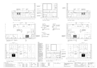 Issue Date Amendments
A 27.04.06 Issued for Construction
Job:
Proposed Residential Development
1-9 Woniora Avenue
Wahroonga
Figured dimensions to be taken in preference to scale. Verify all
dimensions on site (vos). Copyright for the information contained
herein remains the property of Owen & Gilsenan Architects.
Drawing :
Date : 27.04.06
Drawing No. :
Drawn : JAP
Owen & Gilsenan Architects
Client:
Woniora Avenue Pty Ltd
Suite 4.1 P : (02) 9212 2417
105 Kippax Street F : (02) 9212 2617
Surry Hills NSW 2010 E : codesign@tpg.com.au
Issue : A
Scale :
1:20 @ A1 , 1:40 @ A3
1:10 @ A1 , 1:20 @ A3
MICROWAVE OVEN WITH TRIM KIT
TOP TO ALIGN WITH TOP OF
DRAWER FACE. ALUMINIUM TRIM
TO SHADOW TO MATCH ADJACENT
DRAWER PULL
Type J & K Kitchens
A404
Type J Kitchen - Floor Plan
For Kitchens in the following units :-
A13, A17, C01, C05
FR1
Type J Kitchen - Elevation 3
Dgpo
TV
Adj.
TV
TV TV
570350 450 950 Clear
3
1
CK1
OV1 under
MW under
RH
2
@ 995
2
@ 1950
RdRd
FR1
Dgpo
Adj.
Adj.
Adj.
Adj.
Fixed
TV
PU
LA
Dgpo
710 VOS 1250 Clear
2
@ 1200
2
@ 1050
2
@ 995
DW under
1
@ 650
TVTV
Tub
Dy
Wm
Tub
Dy
Wm
Tap
2
1800
110060050
6003000
1 @ 650
1 @ 1650
PANTRY
VOID
SERVICERISER
Notes:-
- All tiled floors to have 5mm
Impactamat or Regupol QT4010
underlay under tiles.
- Stop wall & floor tiles 2-3mm
short of edges and fill with
resiliant caulking compound equal
to Bostik Seal N Flex
- All dimensional setouts are from
the finished wall surfaces.
- Check all dimensions on site
before producing shop drawings.
- Read in conjunction with
"ODCM" finishes and components
schedules.
- Read in conjunction with
Architectural plans and standard
construction details
- All glazing to comply with A.S.
1288.
- Refer to manufacturers
specifications for power &
installation requirements for all
equipment
- Ensure cable cutouts to carcass
for cable pass through of power
cables to outlets where required.
- Ensure adequate packing as
required to all built in equipment
as per manufacturers instructions
- All joinery to be constructed on
HMR substrate. Contractor to
ensure adequate waterproofing to
sink and plumbing.
- All joinery to wet areas shall be
constructed on marine grade
base.
- Ensure all trims to wet areas are
graded and finished for wet area
use.
- All faceplates to power or
data/phone outlets to be brushed
stainless steel.
- Contractor to allow for hard
wiring of oven to manufacturers
specifications
2
@ 1050
LA
Tap
GC
OV1
RdRd
Sgpo
Sgpo
TV
CK1 Dgpo
LA
PU
ST
Adj.
Adj.
Adj.
Adj.
TV
PU
PU
Adj.
50
650
1200
SINGLE SHEET CLADDING WITH 2
PAK POLYURETHANE PAINT FINISH
MW
VENTILATION TO REAR BASE AND
SIDE OF CARCASS (MIN.
300mm*100mm) REFER TO
MANUFACTURERS DETAILS
OV1
RH
ST
TV
Adj.
Fixed
GC
LA
10mm OVERHANG
FOR FINGER PULL
Bin
Sink
Tap
Tr.Adj.
PU
Sink
Tap
Bin
Type J Kitchen - Elevation 1
ST
DW
PU
50 600 600 425 600 350
3600
20150
426clear
125
MW
Sgpo
LA
MICROWAVE OVEN WITH TRIM KIT
TOP TO ALIGN WITH TOP OF
DRAWER FACE. ALUMINIUM TRIM
TO SHADOW TO MATCH ADJACENT
DRAWER PULL
MW
Sgpo
PU
PU
303030
246269
LA
Tap
T4 - Floor Tiling as specified in schedule of finishes
ST
GC
PU
LA
TV
- Stone Bench top & Splash back as specified in schedule of finishes
- Colourback Glass as specified in schedule of finishes
- Polyurethane Joinery Doors as specified in schedule of finishes
- Laminate finish as specified in schedule of finishes
- Timber Veneered Joinery Doors as specified in schedule of finishes
Finishes Legend
Bin
CK1
Ct
DW
Sink
- Waste bin on fully extendable runnners. Refer Co.25
- Cutlery Tray. Refer Co.26
- Dishwasher. 1 Bed Units Refer Co.41
Typical Units Refer Co.03
Penthouse Units Refer Co.21
- Stainless Steel 1 Bed Units Refer Co.42
Undermount sink 1 1/2 Bowl Refer Co.27
2 Bowl Refer Co.24
- Gas cooktop. Typical units Refer Co.02
Penthouse Units Refer Co.20
Tap
Tr.
- Mixer tap. Refer Co.28
- Towel rail Refer Co.29 FR1 - Fridge. Suppplied by occupant
OV1 - Oven. Typical Unit Refer Co.01
Penthouse Unit Refer Co.19
P.C. items Legend MW - Microwave. Refer Co.04
RH - Rangehood. Typical Units Refer Co.05
Penthouse Units Refer Co.22 Dr - Drawer Runners Refer Co.31
Rd - Recessed joinery downlight Refer Co.33
Tub - Laundry Tub & Cabinet Refer Co.35
Dy - Dryer, Wall mounted Refer Co.44
Wm - Washing Machine. Suppplied by occupant
TD - Drop in Laundry Tub Refer Co.43
Lm - Laundry Mixer Tap Refer Co.34
PU
PU
PU
PU
Adj.
425 600
PU
PU
PU
RH
Adj.
Fixed
TVTV
PU
Adj.
380 380710
R.CONC. COLUMN ONLY
OCCURS IN UNITS C01 & C05.
PANTRY TO BE ADJUSTED
ACCORDINGLY
FINGER JOINTED PINE REVEAL
LINING AROUND ENTIRE
OPENING. Nom. 20mm thk.
GLOSS PAINT FINISH
2
Type J Kitchen - Elevation 2
MANUAL SLIDE OUT BIN
TO BASE OF CUPBOARD
UNDER SINKS
MICROWAVE OVEN WITH TRIM KIT
SET INTO UNDERBENCEH
JOINERY. ENSURE VENTILATION
TO REAR BASE AND SIDE OF
CARCASS (MIN.. 300mm*100mm)
REFER TO MANUFACTURERS
DETAILS
Sgpo
DRAWERS WITH
FULL EXTENSION
RUNNERS UNDER
DRAWERS WITH
FULL EXTENSION
RUNNERS UNDER
FR1
Type K Kitchen - Elevation 3
Dgpo
TV
Adj.
TV
TVTV
570 350450950 Clear
3
1
CK1
OV1 under
MW under
RH
2
@ 995
2
@ 1950
Rd Rd
FR1
Dgpo
Adj.
Adj.
Adj.
Adj.
Fixed
TV
PU
LA
930 VOS
2
@ 1050
2
@ 995
DW under
1
@ 650
2
1800
110060050
600 3000
PANTRY
VOID
SERVICERISER
2
@ 1050
LA
Tap
GC
OV1
Rd Rd
Sgpo
Sgpo
TV
CK1Dgpo
LA
PU
ST
Adj.
Adj.
Adj.
Adj.
TV
PU
PU
Adj.
Sink
Tap
Bin
Type K Kitchen - Elevation 1
ST
DW
PU
50600350
3600
20150
426clear
125
MW
Sgpo
MICROWAVE OVEN WITH TRIM KIT
TOP TO ALIGN WITH TOP OF
DRAWER FACE. ALUMINIUM TRIM
TO SHADOW TO MATCH ADJACENT
DRAWER PULL
MW
Sgpo
303030
246269
LA
Tap
PU
Adj.
600
RH
Adj.
Fixed
TV TV
PU
Adj.
380380 710
R.CONC. COLUMN ONLY
OCCURS IN UNITS C01 & C05.
PANTRY TO BE ADJUSTED
ACCORDINGLY
FINGER JOINTED PINE
REVEAL LINING AROUND
ENTIRE OPENING. Nom.
20mm thk. GLOSS PAINT
FINISH
2
MANUAL SLIDE OUT BIN
TO BASE OF CUPBOARD
UNDER SINKS
DRAWERS WITH
FULL EXTENSION
RUNNERS UNDER
MICROWAVE OVEN WITH TRIM KIT
SET INTO UNDERBENCEH
JOINERY. ENSURE VENTILATION
TO REAR BASE AND SIDE OF
CARCASS (MIN.. 300mm*100mm)
REFER TO MANUFACTURERS
DETAILS
Sgpo
DRAWERS WITH
FULL EXTENSION
RUNNERS UNDER
DRAWERS WITH
FULL EXTENSION
RUNNERS UNDER
Type Dm2 Kitchen - Floor Plan
For Kitchens in the following units :-
B04, B08
930 VOS
TV
PU
1
@ 650
MICROWAVE OVEN WITH TRIM KIT
TOP TO ALIGN WITH TOP OF
DRAWER FACE. ALUMINIUM TRIM
TO SHADOW TO MATCH ADJACENT
DRAWER PULL
50
650
1200
SINGLE SHEET CLADDING WITH 2
PAK POLYURETHANE PAINT FINISH
MW
VENTILATION TO REAR BASE AND
SIDE OF CARCASS (MIN.
300mm*100mm) REFER TO
MANUFACTURERS DETAILS
OV1
RH
ST
TV
Adj.
Fixed
GC
LA
10mm OVERHANG
FOR FINGER PULL
Bin
Sink
Tap
Tr. Adj.
PU
Type K Kitchen - Elevation 2
150 400 400 150 700
150400400150700
PUPU PU
PU PU PU
ST
ST
700
50
300
700
600 600
300
50
HEBEL BLOCK WALL TO FIRE
RATED SERVICE DUCT WITH
9mm MDF BOARD & SELECTED
TIMBER LAMINATE GLUE FIXED
DIRECTLY TO HEBEL BLOCK
WORK IN KITCHEN
HEBEL BLOCK WALL TO FIRE
RATED SERVICE DUCT WITH
9mm MDF BOARD & SELECTED
TIMBER LAMINATE GLUE FIXED
DIRECTLY TO HEBEL BLOCK
WORK IN KITCHEN
0.3mm STAINLESS STEEL
CAPPING TO TOP
0.3mm STAINLESS STEEL
CAPPING TO TOP
0.3mm STAINLESS STEEL
CAPPING TO TOP
0.3mm STAINLESS STEEL
CAPPING TO TOP
0.3mm STAINLESS STEEL
CAPPING TO TOP
DUCT & VENT RANGEHOOD
AS REQUIRED
FIXED SHELF IN
PANTRY TO ALIGN
WITH BENCHTOP
ARRIS TOP/BOTTOM
EDGE OF PANTRY
DOORS FOR FINGER
PULL, TO ALIGN
WIITH UNDERBENCH
DOORS
INFILL STRIP ABOVE
DISHWASHER TO
MATCH ADJACENT
JOINERY
INFILL STRIP ABOVE
DISHWASHER TO
MATCH ADJACENT
JOINERY
FIXED SHELF IN
PANTRY TO ALIGN
WITH BENCHTOP
ARRIS TOP/BOTTOM
EDGE OF PANTRY
DOORS FOR FINGER
PULL, TO ALIGN
WIITH UNDERBENCH
DOORS
DUCT & VENT RANGEHOOD
AS REQUIRED
CG
CG
CG
CG
CG
CG
CG CG
ST
ST
0.3mm STAINLESS STEEL
CAPPING TO TOP
2030
40
30mm CLEARANCE FROM
TOP OF 5mm Dia
ARRISSED EDGE OF
DOOR/DRAWER TO
UNDERSIDE OF BENCH
OR PANEL ABOVE
15030
Typical Kitchen Bench Edge
Detail 1
Scale 1 : 10
40mm ALUMINIUM
SHADOW TRIM
STRIP
40
SELECTED STONE BENCH
TOP ON MDF CARCASS
2030
30mm CLEARANCE FROM
TOP OF TRIM KIT TO
UNDERSIDE OF BENCH
MICROWAVE OVEN
INTERGRATED TRIM KIT
Microwaveoven
SELECTED STONE BENCH
TOP ON MDF CARCASS
Typical Kitchen Bench Edge
Detail 2
Scale 1 : 10
MICROWAVE
OVEN
30mm ALUMINIUM
SHADOW TRIM
STRIP OVER
MICROWAVE
OVEN ONLY
30
30mm CLEARANCE
BETWEEN 5mm Dia
ARRISSED EDGE OF
PANTRY DOORS
Typical Pantry Door Detail
Scale 1 : 10
50mm ALUMINIUM
SHADOW TRIM
STRIP
50
SELECTED LAMINATE
FIXED PANTRY SHELF
1 @ 650
1 @ 1650
Dgpo Dgpo Dgpo Dgpo
1
@ 650
600600425
PU
PU
PU
PU
PU
425
PU
PU
PU
 