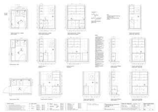 Issue Date Amendments
A 27.04.06 Issued for Construction
Job:
Proposed Residential Development
1-9 Woniora Avenue
Wahroonga
Figured dimensions to be taken in preference to scale. Verify all
dimensions on site (vos). Copyright for the information contained
herein remains the property of Owen & Gilsenan Architects.
Drawing :
Date : 27.04.06
Drawing No. :
Drawn : JAP
Owen & Gilsenan Architects
Client:
Woniora Avenue Pty Ltd
Suite 4.1 P : (02) 9212 2417
105 Kippax Street F : (02) 9212 2617
Surry Hills NSW 2010 E : codesign@tpg.com.au
Issue : A
Scale :
1:20 @ A1 , 1:40 @ A3
1:10 @ A1 , 1:20 @ A3
LM
TD
Tub
LM
Adj.
Adj.
Fixed
LA
Notes:-
- All tiled floors to have 5mm
Impactamat or Regupol QT4010
underlay under tiles.
- Stop wall & floor tiles 2-3mm
short of edges and fill with
resiliant caulking compound equal
to Bostik Seal N Flex
- All dimensional setouts are from
the finished wall surfaces.
- Check all dimensions on site
before producing shop drawings.
- Read in conjunction with
"ODCM" finishes and components
schedules.
- Read in conjunction with
Architectural plans and standard
construction details
- All glazing to comply with A.S.
1288.
- Refer to manufacturers
specifications for power &
installation requirements for all
equipment
- Ensure cable cutouts to carcass
for cable pass through of power
cables to outlets where required.
- Ensure adequate packing as
required to all built in equipment
as per manufacturers instructions
- All joinery to be constructed on
HMR substrate. Contractor to
ensure adequate waterproofing to
sink and plumbing.
- All joinery to wet areas shall be
constructed on marine grade
base.
- Ensure all trims to wet areas are
graded and finished for wet area
use.
- All faceplates to power or
data/phone outlets to be brushed
stainless steel.
- Contractor to allow for hard
wiring of oven to manufacturers
specifications
30mm CLEARANCE FROM
TOP OF 5mm Dia ARRISSED
EDGE OF DOOR TO
UNDERSIDE OF BENCH
Typical Laundry Bench
Edge Detail
Scale 1 : 10
40mm ALUMINIUM
SHADOW TRIM
STRIP
SELECTED LAMINATE
FINISHED BENCH TOP ON
MDF CARCASS
30
4035
LA
LA
Adj.
Adj.
775600880
350
400
Typical Laundry 400deep
Joinery Section
125
LA
LA
Adj.
Adj.
775600880
350
600
125
Typical Laundry 600deep
Joinery Section
Dgpo
Adj.
Adj.
Fixed
Adj.
Adj.
Fixed
PU
LA
Typical Laundry Elevation
Joinery Nom. 1650 Long
LA
LA
PU PUPU
Adj. Adj.
Dgpo
Adj.
Adj.
Fixed
Adj.
Adj.
Fixed
PU
LA
Typical Laundry Elevation
Joinery Nom. 1360 Long
LA
LA
PU PU
Adj. Adj.
PU
Equal Equal
Equal
Equal Equal Equal Equal
Equal Equal
125775600880125775600880
Dgpo
Typical Laundry with 'L' Shaped
Joinery Section
Adj.
Adj.
Fixed
Adj.
Adj.
Fixed
PU
LA
Typical Laundry with 'L' Shaped
Joinery Section Elevation 2
LA
LA
PU PU
Adj. Adj.
400 400
Equal Equal
125775600880
LA
Adj.
Adj.
775600880
350
400
Typical Laundry with 'L' Shaped
Joinery Section Elevation 1
125
2
1
Dgpo
Dy
300/500 VOS 700
FW
Dy OVER
Wm SPACE
2
@ 1235
2
@ 995
LA
LA
1400/1620 VOS
1820VOS
Typical Laundry Details
A411
T4 - Floor Tiling as specified in schedule of finishes
ST
GC
PU
LA
TV
- Stone Bench top & Splash back as specified in schedule of finishes
- Colourback Glass as specified in schedule of finishes
- Polyurethane Joinery Doors as specified in schedule of finishes
- Laminate finish as specified in schedule of finishes
- Timber Veneered Joinery Doors as specified in schedule of finishes
Finishes Legend
Bin
CK1
Ct
DW
Sink
- Waste bin on fully extendable runnners. Refer Co.25
- Cutlery Tray. Refer Co.26
- Dishwasher. 1 Bed Units Refer Co.41
Typical Units Refer Co.03
Penthouse Units Refer Co.21
- Stainless Steel 1 Bed Units Refer Co.42
Undermount sink 1 1/2 Bowl Refer Co.27
2 Bowl Refer Co.24
- Gas cooktop. Typical units Refer Co.02
Penthouse Units Refer Co.20
Tap
Tr.
- Mixer tap. Refer Co.28
- Towel rail Refer Co.29 FR1 - Fridge. Suppplied by occupant
OV1 - Oven. Typical Unit Refer Co.01
Penthouse Unit Refer Co.19
P.C. items Legend MW - Microwave. Refer Co.04
RH - Rangehood. Typical Units Refer Co.05
Penthouse Units Refer Co.22 Dr - Drawer Runners Refer Co.31
Rd - Recessed joinery downlight Refer Co.33
Tub - Laundry Tub & Cabinet Refer Co.35
Dy - Dryer, Wall mounted Refer Co.44
Wm - Washing Machine. Suppplied by occupant
TD - Drop in Laundry Tub Refer Co.43
Lm - Laundry Mixer Tap Refer Co.34
LM
TD
Dgpo
Typical Laundry 2
Elevation 2
LA
LA
Adj.
Adj.
775600880 350
400
Typical Laundry 2
Elevation 1
125
Tub
LM
Dy
Wm
500 700
LA
Wm
PUPUPU
Adj.Adj.
LA
PU
LA
LA
LM
TD
Adj.
700 Approx.300/500 VOS
DROP IN LAUNDRY
TUB TO MOVE
INTOO CORNER
WITH REDUCED
LAUNDRY WIDTH
VOS 600
EqualEqual
2
1
FW
Dy OVER
Wm SPACE
2
@ 1235
2
@ 995
LA
1240 VOS
1360VOS
SERVICERISER
Tub
Tap
Typical Laundry 2 Plan
Dgpo
Adj.
Adj.
Fixed
Adj.
Adj.
Fixed
PU
LA
LA
LA
PU PU
Adj. Adj.
Equal Equal
Equal
125775600880
EqualEqual
Dy OVER
2
@ 1200
815
Typical Laundry 3 Plan
2
@ 995
Tub
LM
Dgpo
Adj.
Adj.
Fixed
PU
LA
LA
LA
PU
Adj.
Dgpo
Tub
LM
Dy
Wm
1
Typical Laundry 3 Elevation 1
Wm SPACE
FW
600
Typical Laundry Elevation
Joinery Nom. 1650 Long
LA
PU
500 675 Min 450
Dgpo
Tub
LM
Dy
Wm
Typical Laundry Elevation
Joinery Nom. 1200 Long
500
Dgpo
Tub
LM
Dy
Wm
LA
500 815705 VOS
815
125775600880
600 deep
BROOM
CUPBOOARD
Note:-
- Laundry dimensions should be
checked on site
- Mirror reverse plans whhere
needed
400
550
 