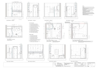 Issue Date Amendments Job:
Proposed Residential Development
1-9 Woniora Avenue
Wahroonga
Figured dimensions to be taken in preference to scale. Verify all
dimensions on site (vos). Copyright for the information contained
herein remains the property of Owen & Gilsenan Architects.
Drawing :
Date :
Drawing No. :
Drawn : JAP
Owen & Gilsenan Architects
Client:
Woniora Avenue Pty Ltd
Suite 4.1 P : (02) 9212 2417
105 Kippax Street F : (02) 9212 2617
Surry Hills NSW 2010 E : codesign@tpg.com.au
Issue :
Scale : 1:20 @ A1 , 1:40 @ A3
SR
T6
T1
T1
T5
GL
LR
TR
BA
SM
T1
T5
LR
BA
SM
AS
900
1650
800
Type A Ensuite Pre Adaption - Floor Plan
Type A Ensuite - Elevation 1 Type A Ensuite - Elevation 4Type A Ensuite - Elevation 3Type A Ensuite - Elevation 2
TH
600
750
SR
1000
TH
LR
BM
Type A-Bathrm & Ensuite Det.
For Ensuites in the following units :-
A01, A07, A13, A17, C01, C05
A420
790
1800
RH
200200
RH
T1
T2
T3
T4
T5
T6
T7
- Wall Tiling as specified in schedule of finishes
- Wall Tiling as specified in schedule of finishes
- Floor Tiling as specified in schedule of finishes
- Feature Tiling as specified in schedule of finishes
- Wall Tiling as specified in schedule of finishes
- Wall Tiling as specified in schedule of finishes
- Wall Tiling as specified in schedule of finishes
ST
GL
MR
- Stone Bench top & Splash back as specified in schedule of finishes
- Mirrors as specified in schedule of finishes
- Toughened shower glass as specified in schedule of finishes
Finishes Legend
PU
LA
- Polyurethane Joinery Doors as specified in schedule of finishes
- Laminate finish as specified in schedule of finishes
FW
LR
TR
TH
RV
WV
- Floor waste as specified in schedule of finishes
- Towel Ring as specified in schedule of finishes
- Toilet Paper Holder as specified in schedule of finishes
- Recessed Vanity as specified in schedule of finishes
- Wall Mounted Vanity as specified in schedule of finishes
- Ladder Towel Rail as specified in schedule of finishes
BA
WC
VM
BM
SM
SR
- Bath as specified in schedule of finishes
- Vanity Basin Mixer as specified in schedule of finishes
- Bath Mixer as specified in schedule of finishes
- Shower Mixer as specified in schedule of finishes
- Shower Rose as specified in schedule of finishes
- Toilet Pan as specified in schedule of finishes
AS
RH - Robe Hook as specified in schedule of finishes
- Shower Accessories Shelf as specified in schedule of finishes
CC - Concealed Cistern as specified in schedule of finishes
PL - Pelmet Lighting as specified in schedule of finishes
P.C. items Legend
Notes:-
- All tiled floors to have 5mm Impactamat or Regupol QT4010 underlay
under tiles.
- Stop wall & floor tiles 2-3mm short of edges and fill with resiliant caulking
compound equal to Bostik Seal N Flex
- Refer to Sheet B-19 Typical Bathroom & Ensuite Details for typical
Joinery widths and heights
- All dimensional setouts are from the finished tile surfaces with
dimensions as below
- Wet area setdowns in r.conc. slab have been drawn at 30mm deep
- Tile mortar bed has been drawn at 25mm thick
- Floor tiles have been drawn at 10mm thick
- Wall Tiles have been drawn at 9mm thick
- Non division walls have been drawn as 90mm stud with 6mm F.C.
sheeting & wall tiles
- All joinery to wet areas shall be constructed on marine grade base.
- Read in conjunnction with "ODCM" finishes and components schedules.
- Ensure all trims to wet areas are graded and finished for wet area use.
- Waterproofing to comply to B.C.A.
- All glazing to comply with A.S. 1288.
- Check all dimensions on site before producing shop drawings.
PL
LA
MR
ST
5
200
WC
WV
VM
PL
LA
MR
ST
5
200
VM
WV
MR
CL
B 20.06.06 Ensuite Vanity changed
Service ducts reduced in size
D
12-09-06
WC
T1
C 04.07.06 Ensuite Toilet Suite Changed
D 12.09.06 Type A Ensuite Mirror reversed to
allow for future adaptability in accordance
with A.S. 4299 & A.S. 1428.1
Type A Ensuite Post Adaption Plan Added
LR
TR
TH
WV
BA
WC
RH
T4
T5
ST
GL
MR
VM
BM
SM
SR
T5
12 4
3
AS
900
1000
500
900
1000
200
CL
855
CL
450
CL CL
450 290
RH
CL
420
1650
600
580
FW
Type A Ensuite Post Adaption- Floor Plan
For Ensuites in the following units :-
A01, A07, A13, A17, C01, C05
WC
2570
CL
450
470
1350
2580
T5
SM
SR
1160
550
FW
1100 1400
CLCL
580160675
CL
1225
CL
SR
CL
1645 VOS Betweem finished tiles sur
EQUAL EQUAL EQUAL EQUAL
420420
750
900
CL
CL
425
750
T4
T5
ST
FW
LR
TR
TH
WV
WC
VM
SM
SR
RH
CC
ST
VM
WV
T1
T1
TH
TR
GL
GL
T1
T1
TR
LR
LR
FW
TH
T1
T6
1
24
3
Type A Bathroom - Floor Plan
Type A Bathroom - Elevation 1 Type A Bathroom - Elevation 4Type A Bathroom - Elevation 3Type A Bathroom - Elevation 2
AS
SM
AS
1000
600
900
GL
105
250400
1650
For Bathrooms in the following units :-
A01, A07, A13, A17, C01, C05
865
CL
WC
CC
750
SR
T5 T5
T1
WV
VM
PL
LA
MR
ST
5
200
450
450 290
CL
CL
500
CL
1800
RH
200 200
RH
RH
WC
PL
LA
MR
ST
5
200
MR
BM
1000
Vanity basins, Toilet Suites, Taps, Shower Roses, Grab Rails, Towel Rails, Paper Holders and all other
standard ensuite inclusions to be fitted in accordance with A.S. 4299.1 & A.S. 1428.1
Vanity Joinery unit to be constructed in accordance with all required clearances and dimennsions as
required by A.S. 4299.1 & A.S. 1428.1
45mm Batten wall with Plasterboard
Lining & Tile Finish Built out from
Intertenancy Division wall to Conceal
Relocated Shower & Vanity Plumbing
190 45 10
All Stud Walls to Ensuite Type 'A' to be Constructed
to allow for the fixing of Grab Rails & Shower Seats
as required by A.S. 4299.1 & A.S. 1428.1
FW
CL
350
870door
 