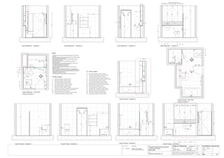 Issue Date Amendments Job:
Proposed Residential Development
1-9 Woniora Avenue
Wahroonga
Figured dimensions to be taken in preference to scale. Verify all
dimensions on site (vos). Copyright for the information contained
herein remains the property of Owen & Gilsenan Architects.
Drawing :
Date :
Drawing No. :
Drawn : JAP
Owen & Gilsenan Architects
Client:
Woniora Avenue Pty Ltd
Suite 4.1 P : (02) 9212 2417
105 Kippax Street F : (02) 9212 2617
Surry Hills NSW 2010 E : codesign@tpg.com.au
Issue :
Scale : 1:20 @ A1 , 1:40 @ A3
SR
SR
BA
LR
T6
BA
CL
200
1570 VOS Betweem finished tiles sur
EQUALEQUALEQUALEQUAL
450 425
750
830
CL
680
T4
T5
ST
FW
LR
TR
TH
WV
WC
VM
SM
RH
CC
ST
VM
WV
T1
T5
TR
MR
GL
GL
PL
T1
T1
MR
WV
VMTR
LR
LR
FW
PL
T6
T1
ST
1650
1
24
3
Type B Bathroom - Floor Plan
Type B Bathroom - Elevation 4Type B Bathroom - Elevation 1 Type B Bathroom - Elevation 2 Type B Bathroom - Elevation 3
Type B Ensuite - Elevation 1 Type B Ensuite - Elevation 4Type B Ensuite - Elevation 3Type B Ensuite - Elevation 2
AS
600
900
GL
200395
LA
1650
T5
LR
SM
GLFW
AS
TH
MR
WC
LR
LR
T5
TH
BA
T1
T5
SM
AS
1000
LR
SM
TR
800
450
BM
750
FW
124
3
Type B Ensuite - Floor Plan
5
Type B Ensuite - Elevation 5
EqualEqual
TH
CL
WC
TH
T1
MR
55
Type B-Bathrm & Ensuite Det.
For Bathrooms in the following units :-
A02, A08, A14, A18, C02, C06
For Ensuittes in the following units :-
A02, A08, A14, A18, C02, C06
BA BA
600
750
865
800
T4
300
CC
WC
T1
CL
CL
450
CL
425
CL
450
A421
BMBM
BM
BM
WC
TH
WC
600
SR
SR
SR
790
T1
T1
ST
SM
AS
1000
SR
740
T1
T5
T1
1800
1800
RH
200 200
RH
RH
200 200
RH
RH
RHRH
T1
T2
T3
T4
T5
T6
T7
- Wall Tiling as specified in schedule of finishes
- Wall Tiling as specified in schedule of finishes
- Floor Tiling as specified in schedule of finishes
- Feature Tiling as specified in schedule of finishes
- Wall Tiling as specified in schedule of finishes
- Wall Tiling as specified in schedule of finishes
- Wall Tiling as specified in schedule of finishes
ST
GL
MR
- Stone Bench top & Splash back as specified in schedule of finishes
- Mirrors as specified in schedule of finishes
- Toughened shower glass as specified in schedule of finishes
Finishes Legend
PU
LA
- Polyurethane Joinery Doors as specified in schedule of finishes
- Laminate finish as specified in schedule of finishes
FW
LR
TR
TH
RV
WV
- Floor waste as specified in schedule of finishes
- Towel Ring as specified in schedule of finishes
- Toilet Paper Holder as specified in schedule of finishes
- Recessed Vanity as specified in schedule of finishes
- Wall Mounted Vanity as specified in schedule of finishes
- Ladder Towel Rail as specified in schedule of finishes
BA
WC
VM
BM
SM
SR
- Bath as specified in schedule of finishes
- Vanity Basin Mixer as specified in schedule of finishes
- Bath Mixer as specified in schedule of finishes
- Shower Mixer as specified in schedule of finishes
- Shower Rose as specified in schedule of finishes
- Toilet Pan as specified in schedule of finishes
AS
RH - Robe Hook as specified in schedule of finishes
- Shower Accessories Shelf as specified in schedule of finishes
CC - Concealed Cistern as specified in schedule of finishes
PL - Pelmet Lighting as specified in schedule of finishes
P.C. items Legend
Notes:-
- All tiled floors to have 5mm Impactamat or Regupol QT4010 underlay
under tiles.
- Stop wall & floor tiles 2-3mm short of edges and fill with resiliant caulking
compound equal to Bostik Seal N Flex
- Refer to Sheet B-19 Typical Bathroom & Ensuite Details for typical
Joinery widths and heights
- All dimensional setouts are from the finished tile surfaces with
dimensions as below
- Wet area setdowns in r.conc. slab have been drawn at 30mm deep
- Tile mortar bed has been drawn at 25mm thick
- Floor tiles have been drawn at 10mm thick
- Wall Tiles have been drawn at 9mm thick
- Non division walls have been drawn as 90mm stud with 6mm F.C.
sheeting & wall tiles
- All joinery to wet areas shall be constructed on marine grade base.
- Read in conjunnction with "ODCM" finishes and components schedules.
- Ensure all trims to wet areas are graded and finished for wet area use.
- Waterproofing to comply to B.C.A.
- All glazing to comply with A.S. 1288.
- Check all dimensions on site before producing shop drawings.
WVVM
ST
WV
VM
PL
LA
MR
ST
5
200
VM
MR
T1
Equal Equal EqualEqual
B 20.06.06 Ensuite Vanity changed
Service ducts reduced in size
B
20-06-06
TR
Equal
 