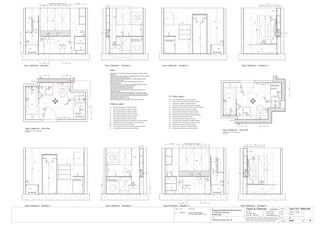 Issue Date Amendments Job:
Proposed Residential Development
1-9 Woniora Avenue
Wahroonga
Figured dimensions to be taken in preference to scale. Verify all
dimensions on site (vos). Copyright for the information contained
herein remains the property of Owen & Gilsenan Architects.
Drawing :
Date :
Drawing No. :
Drawn : JAP
Owen & Gilsenan Architects
Client:
Woniora Avenue Pty Ltd
Suite 4.1 P : (02) 9212 2417
105 Kippax Street F : (02) 9212 2617
Surry Hills NSW 2010 E : codesign@tpg.com.au
Issue :
Scale : 1:20 @ A1 , 1:40 @ A3
BA
BA
SR
SR
BM
BM
Type C Bathroom - Floor Plan
Type C Bathroom - Elevation 1
200
PL
T6
MR
WV
VM
ST
T1
T5
GL
Type C Bathroom - Elevation 3
BA
LR
200
PL
T6
MR
ST
1650
LR
WC
TH
Type C Bathroom - Elevation 2 Type C Bathroom - Elevation 4
Type D Bathroom - Elevation 3
200
PL
T6
MR
WV
VM
ST
T1
T5
GL
Type D Bathroom - Elevation 1
BA
LR
200
PL
T6
MR
ST
1650
LR
T6
WC
TH
Type D Bathroom - Elevation 2 Type D Bathroom - Elevation 4
Type C & D - Bathrooms
For Bathrooms in the following units :-
A03, A09
Type D Bathroom - Floor Plan
For Bathrooms in the following units :-
A04, A10
BA
T5
SM
SR
GL
FW
AS
124
3
TH
LR
ST
WCTR
RH
VM
WV
VOS 1605 Betweem finished tiles surface
EqualEqualEqualEqual
475 425
785 VOS
ST
VM
T1
T5
MR
GL
SM
AS
1100
600
TH
TR
BA
800
CLCL
LA
T1
BA
T5
SM
SR
GL
FW
AS
124
3
TH
LR
ST
WC
BM
TR
RH
VM
WV
425
710 VOS
ST VM
T1
T1
T5
GL
SM
AS
1100
600
TH
TR
BA
800
CL
LA
T1
VOS 1605 Betweem finished tiles surface
390 390 390 390
475
MR
LM
TD
WT
ST
LINE OF
CUPBOARD
BELOW
WASHING MACHINE
SPACE BELOW BENCH
LINE OF
CUPBOARD
ABOVE
WALL MOUNTED
DRYER ABOVE
CLCL
475 425
100
CL
200
700
ST ST
DY
DY
WASHING MACHINE
SPACE BELOW BENCH WASHING MACHINE
SPACE BELOW BENCH
750
LM
TD
LINE OF
CUPBOARD
BELOW
WASHING MACHINE
SPACE BELOW BENCH
LINE OF
CUPBOARD
ABOVE
WALL MOUNTED
DRYER ABOVE
CL
105
CL
475 425
100
CL
200
700
DY
DY
ST
WASHING MACHINE
SPACE BELOW BENCH
WASHING MACHINE
SPACE BELOW BENCH
ST ST
600
600
T4
T4
Equal Equal Equal
900
Equal Equal Equal
900
CC
WC
CC
CC
CC
WC
CL
A422
BM
BM
BM
BM
BM
WV
T1
WV
SR
SR
SR
SR
1500
1500
920
920
920
RH
200 200
RH
RH
200 200
RH
RH
RH
TAP
Tub
TAP
Tub
TAP
Tub
TAP
Tub
T1
T2
T3
T4
T5
T6
T7
- Wall Tiling as specified in schedule of finishes
- Wall Tiling as specified in schedule of finishes
- Floor Tiling as specified in schedule of finishes
- Feature Tiling as specified in schedule of finishes
- Wall Tiling as specified in schedule of finishes
- Wall Tiling as specified in schedule of finishes
- Wall Tiling as specified in schedule of finishes
ST
GL
MR
- Stone Bench top & Splash back as specified in schedule of finishes
- Mirrors as specified in schedule of finishes
- Toughened shower glass as specified in schedule of finishes
Finishes Legend
PU
LA
- Polyurethane Joinery Doors as specified in schedule of finishes
- Laminate finish as specified in schedule of finishes
FW
LR
TR
TH
RV
WV
- Floor waste as specified in schedule of finishes
- Towel Ring as specified in schedule of finishes
- Toilet Paper Holder as specified in schedule of finishes
- Recessed Vanity as specified in schedule of finishes
- Wall Mounted Vanity as specified in schedule of finishes
- Ladder Towel Rail as specified in schedule of finishes
BA
WC
VM
BM
SM
SR
- Bath as specified in schedule of finishes
- Vanity Basin Mixer as specified in schedule of finishes
- Bath Mixer as specified in schedule of finishes
- Shower Mixer as specified in schedule of finishes
- Shower Rose as specified in schedule of finishes
- Toilet Pan as specified in schedule of finishes
AS
RH - Robe Hook as specified in schedule of finishes
- Shower Accessories Shelf as specified in schedule of finishes
CC - Concealed Cistern as specified in schedule of finishes
PL - Pelmet Lighting as specified in schedule of finishes
P.C. items Legend
Notes:-
- All tiled floors to have 5mm Impactamat or Regupol QT4010 underlay
under tiles.
- Stop wall & floor tiles 2-3mm short of edges and fill with resiliant caulking
compound equal to Bostik Seal N Flex
- Refer to Sheet B-19 Typical Bathroom & Ensuite Details for typical
Joinery widths and heights
- All dimensional setouts are from the finished tile surfaces with
dimensions as below
- Wet area setdowns in r.conc. slab have been drawn at 30mm deep
- Tile mortar bed has been drawn at 25mm thick
- Floor tiles have been drawn at 10mm thick
- Wall Tiles have been drawn at 9mm thick
- Non division walls have been drawn as 90mm stud with 6mm F.C.
sheeting & wall tiles
- All joinery to wet areas shall be constructed on marine grade base.
- Read in conjunnction with "ODCM" finishes and components schedules.
- Ensure all trims to wet areas are graded and finished for wet area use.
- Waterproofing to comply to B.C.A.
- All glazing to comply with A.S. 1288.
- Check all dimensions on site before producing shop drawings.
B 20.06.06 Ensuite Vanity changed
Service ducts reduced in size
B
20-06-06
 