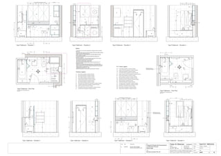 Issue Date Amendments Job:
Proposed Residential Development
1-9 Woniora Avenue
Wahroonga
Figured dimensions to be taken in preference to scale. Verify all
dimensions on site (vos). Copyright for the information contained
herein remains the property of Owen & Gilsenan Architects.
Drawing :
Date :
Drawing No. :
Drawn : JAP
Owen & Gilsenan Architects
Client:
Woniora Avenue Pty Ltd
Suite 4.1 P : (02) 9212 2417
105 Kippax Street F : (02) 9212 2617
Surry Hills NSW 2010 E : codesign@tpg.com.au
Issue :
Scale : 1:20 @ A1 , 1:40 @ A3
BA
BA
SR
SR
BM
BM
SM
Type E Bathroom - Floor Plan
FW
124
3
LR
RH
425
ST
VM
T1
T1
T5
GL
Type F Bathroom - Elevation 3
SM
AS
T1
T5
Type F Bathroom - Elevation 1
LR
Type E & F - Bathrooms
For Bathrooms in the following units :-
A05, A11 Type F Bathroom - Floor Plan
For Bathrooms in the following units :-
A06, A12
BA
T5
SM
SR
GL
FW
AS
124
3
TH
LR
ST
WCTR
RH
VM
WV
VOS 1650 Betweem finished tiles surface
EQUAL
475
MR
VOS 1655 Betweem finished tiles surface
400
475 425
735 VOS
ST
VM
T1
T1
T5
MR
GL
Type E Bathroom - Elevation 1
SM
AS
1100
600
TH
TR
BA
800
CL
LA
200
PL
T6
MR
WV
VM
ST
T1
T5
Type E Bathroom - Elevation 3
BA
LR
200
PL
T6
MR
ST
1650
LR
WC
TH
Type E Bathroom - Elevation 2
T1
Type E Bathroom - Elevation 4
400400400
TH
ST
WC TR
VM
WV
BA
T5
SM
GL
AS
BA
CL
800
EQUAL EQUAL EQUAL200
PL
T1
T1
MR
WV
VM
LR
ST
Type F Bathroom - Elevation 2
1650
200
PL
T6
MR
ST
Type F Bathroom - Elevation 4
BA
WC
TH
WV
LM
TD
ST
LINE OF
CUPBOARD
BELOW
WASHING MACHINE
SPACE BELOW BENCH
LINE OF
CUPBOARD
ABOVE
150
100
700
600
750
750
130120
TR
750
750
TH
840
CL
425
CL
475
CL
200
GL
T6
T1
STST
100
DY
DY
WALL MOUNTED
DRYER ABOVE
805
CL
CL
525
CL
425
200
600
WINDOW TO HAVE FULLY
WATERPROOFED & TILED
SILL & REVEALS INTERNALLY
WINDOW TO HAVE FULLY
WATERPROOFED & TILED
SILL & REVEALS INTERNALLY
1100
T4
T4
EqualEqualEqual
900
Equal Equal Equal
900
CC
WC
CC
CC
WC
CC
CL
CL
A423
BMBM
BM
BMBM
BM
WV
SR
SR
SR
SR
WASHING MACHINE
SPACE BELOW BENCH WASHING MACHINE
SPACE BELOW BENCH
1500
1500
920
RH
200 200
RH
RH
200 200
RH
RH
RH
TAP
Tub
TAP
Tub
T1
T2
T3
T4
T5
T6
T7
- Wall Tiling as specified in schedule of finishes
- Wall Tiling as specified in schedule of finishes
- Floor Tiling as specified in schedule of finishes
- Feature Tiling as specified in schedule of finishes
- Wall Tiling as specified in schedule of finishes
- Wall Tiling as specified in schedule of finishes
- Wall Tiling as specified in schedule of finishes
ST
GL
MR
- Stone Bench top & Splash back as specified in schedule of finishes
- Mirrors as specified in schedule of finishes
- Toughened shower glass as specified in schedule of finishes
Finishes Legend
PU
LA
- Polyurethane Joinery Doors as specified in schedule of finishes
- Laminate finish as specified in schedule of finishes
FW
LR
TR
TH
RV
WV
- Floor waste as specified in schedule of finishes
- Towel Ring as specified in schedule of finishes
- Toilet Paper Holder as specified in schedule of finishes
- Recessed Vanity as specified in schedule of finishes
- Wall Mounted Vanity as specified in schedule of finishes
- Ladder Towel Rail as specified in schedule of finishes
BA
WC
VM
BM
SM
SR
- Bath as specified in schedule of finishes
- Vanity Basin Mixer as specified in schedule of finishes
- Bath Mixer as specified in schedule of finishes
- Shower Mixer as specified in schedule of finishes
- Shower Rose as specified in schedule of finishes
- Toilet Pan as specified in schedule of finishes
AS
RH - Robe Hook as specified in schedule of finishes
- Shower Accessories Shelf as specified in schedule of finishes
CC - Concealed Cistern as specified in schedule of finishes
PL - Pelmet Lighting as specified in schedule of finishes
P.C. items Legend
Notes:-
- All tiled floors to have 5mm Impactamat or Regupol QT4010 underlay
under tiles.
- Stop wall & floor tiles 2-3mm short of edges and fill with resiliant caulking
compound equal to Bostik Seal N Flex
- Refer to Sheet B-19 Typical Bathroom & Ensuite Details for typical
Joinery widths and heights
- All dimensional setouts are from the finished tile surfaces with
dimensions as below
- Wet area setdowns in r.conc. slab have been drawn at 30mm deep
- Tile mortar bed has been drawn at 25mm thick
- Floor tiles have been drawn at 10mm thick
- Wall Tiles have been drawn at 9mm thick
- Non division walls have been drawn as 90mm stud with 6mm F.C.
sheeting & wall tiles
- All joinery to wet areas shall be constructed on marine grade base.
- Read in conjunnction with "ODCM" finishes and components schedules.
- Ensure all trims to wet areas are graded and finished for wet area use.
- Waterproofing to comply to B.C.A.
- All glazing to comply with A.S. 1288.
- Check all dimensions on site before producing shop drawings.
B 20.06.06 Ensuite Vanity changed
Service ducts reduced in size
B
20-06-06
750
PU
PU
LA
PU
 