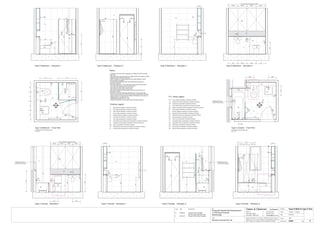 Issue Date Amendments Job:
Proposed Residential Development
1-9 Woniora Avenue
Wahroonga
Figured dimensions to be taken in preference to scale. Verify all
dimensions on site (vos). Copyright for the information contained
herein remains the property of Owen & Gilsenan Architects.
Drawing :
Date :
Drawing No. :
Drawn : JAP
Owen & Gilsenan Architects
Client:
Woniora Avenue Pty Ltd
Suite 4.1 P : (02) 9212 2417
105 Kippax Street F : (02) 9212 2617
Surry Hills NSW 2010 E : codesign@tpg.com.au
Issue :
Scale : 1:20 @ A1 , 1:40 @ A3
ST
VM
WV
T1
MR
BA
SR
SR
SR
BM
T5
SM
AS
T1
T5
GL
Type C Ensuite - Elevation 1
SM
AS
T1
T5
Type C Ensuite - Elevation 3
VOS 1570 Betweem finished tiles surface
EQUAL
400
BA
EQUALEQUALEQUAL
900
T6
Type C Ensuite - Elevation 2
1650
T6
Type C Ensuite - Elevation 4
BA
FW
124
3
LR
RH
Type C Ensuite - Floor Plan
For Ensuites in the following units :-
A15, A19
TR
BA
T5
SM
GL
AS
T1LR
900
Type G Bath & Type C Ens.
TR
CL
400 400
LR
WINDOW TO HAVE FULLY
WATERPROOFED & TILED
SILL & REVEALS INTERNALLY
WINDOW TO HAVE FULLY
WATERPROOFED & TILED
SILL & REVEALS INTERNALLY
WINDOW TO HAVE FULLY
WATERPROOFED & TILED
SILL & REVEALS INTERNALLY
124
3
RH
Type G Bathroom - Floor Plan
For Bathrooms in the following units :-
A15, A19
ST
TR
VM
WV
TH
WC
FW
SM
AS
LR
VOS 1950 Betweem finished tiles surface
EQUALEQUALEQUALEQUAL
495
ST
VM
WV
T1
TH
Type G Bathroom - Elevation 4
600
495
CL
TR
Type G Bathroom - Elevation 2
1650
200
PL
T6
MR
WV
VM
LR
WC
TH
PL
T1
MR
ST
Type G Bathroom - Elevation 1 Type G Bathroom - Elevation 3
GLLA
T1
FW
750
755
750
500
200
600
800
600
CL
495
CLCL
495480
ST
1100
1500
600
1000
750
750
600
600
T4
T5
T4
920
200
920
EqualEqualEqual
900
CC
WC
CC
CL
A424
BMBM
BM
SR
SR
SR
T1
T2
T3
T4
T5
T6
T7
- Wall Tiling as specified in schedule of finishes
- Wall Tiling as specified in schedule of finishes
- Floor Tiling as specified in schedule of finishes
- Feature Tiling as specified in schedule of finishes
- Wall Tiling as specified in schedule of finishes
- Wall Tiling as specified in schedule of finishes
- Wall Tiling as specified in schedule of finishes
ST
GL
MR
- Stone Bench top & Splash back as specified in schedule of finishes
- Mirrors as specified in schedule of finishes
- Toughened shower glass as specified in schedule of finishes
Finishes Legend
PU
LA
- Polyurethane Joinery Doors as specified in schedule of finishes
- Laminate finish as specified in schedule of finishes
FW
LR
TR
TH
RV
WV
- Floor waste as specified in schedule of finishes
- Towel Ring as specified in schedule of finishes
- Toilet Paper Holder as specified in schedule of finishes
- Recessed Vanity as specified in schedule of finishes
- Wall Mounted Vanity as specified in schedule of finishes
- Ladder Towel Rail as specified in schedule of finishes
BA
WC
VM
BM
SM
SR
- Bath as specified in schedule of finishes
- Vanity Basin Mixer as specified in schedule of finishes
- Bath Mixer as specified in schedule of finishes
- Shower Mixer as specified in schedule of finishes
- Shower Rose as specified in schedule of finishes
- Toilet Pan as specified in schedule of finishes
AS
RH - Robe Hook as specified in schedule of finishes
- Shower Accessories Shelf as specified in schedule of finishes
CC - Concealed Cistern as specified in schedule of finishes
PL - Pelmet Lighting as specified in schedule of finishes
P.C. items Legend
1800
1800
1500
RH
RH
200 200
RH
RH
RH
200 200
RH
Notes:-
- All tiled floors to have 5mm Impactamat or Regupol QT4010 underlay
under tiles.
- Stop wall & floor tiles 2-3mm short of edges and fill with resiliant caulking
compound equal to Bostik Seal N Flex
- Refer to Sheet B-19 Typical Bathroom & Ensuite Details for typical
Joinery widths and heights
- All dimensional setouts are from the finished tile surfaces with
dimensions as below
- Wet area setdowns in r.conc. slab have been drawn at 30mm deep
- Tile mortar bed has been drawn at 25mm thick
- Floor tiles have been drawn at 10mm thick
- Wall Tiles have been drawn at 9mm thick
- Non division walls have been drawn as 90mm stud with 6mm F.C.
sheeting & wall tiles
- All joinery to wet areas shall be constructed on marine grade base.
- Read in conjunnction with "ODCM" finishes and components schedules.
- Ensure all trims to wet areas are graded and finished for wet area use.
- Waterproofing to comply to B.C.A.
- All glazing to comply with A.S. 1288.
- Check all dimensions on site before producing shop drawings.
B 20.06.06 Ensuite Vanity changed
Service ducts reduced in size
C
04-07-06
TH
WV
CL
60
VM
CC
PL
LA
MR
ST
5
200
WC
WV
VM
PL
LA
MR
ST
5
200
400
ST
TH
TR
865
MR
EqualEqual
480
WC
CL
WC
CL
C 04.07.06 Ensuite Toilet Suite Changed
 