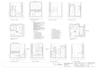 Issue Date Amendments Job:
Proposed Residential Development
1-9 Woniora Avenue
Wahroonga
Figured dimensions to be taken in preference to scale. Verify all
dimensions on site (vos). Copyright for the information contained
herein remains the property of Owen & Gilsenan Architects.
Drawing :
Date :
Drawing No. :
Drawn : JAP
Owen & Gilsenan Architects
Client:
Woniora Avenue Pty Ltd
Suite 4.1 P : (02) 9212 2417
105 Kippax Street F : (02) 9212 2617
Surry Hills NSW 2010 E : codesign@tpg.com.au
Issue :
Scale : 1:20 @ A1 , 1:40 @ A3
TH
SR
SR
T5
SM
AS
T1
T5
GL
Type D Ensuite - Elevation 1
SM
AS
Type D Ensuite - Elevation 3Type D Ensuite - Elevation 2
1650
Type D Ensuite - Elevation 4
BA
Type D Ensuite - Floor Plan
For Ensuites in the following units :-
A16, A20
LRWINDOW TO HAVE FULLY
WATERPROOFED & TILED
SILL & REVEALS INTERNALLY
Type H Bathroom - Floor Plan
For Bathrooms in the following units :-
A16, A20
Type H Bathroom - Elevation 2 Type H Bathroom - Elevation 4
1650
200
PL
T6
MR
WV
VM
LR
WC
TH
PL
T1
MR
ST
Type H Bathroom - Elevation 1 Type H Bathroom - Elevation 3
GL LA
T1
750
755
750
1100
1500
600
1000
750
750
Type H Bath & Type D Ens.
600
A425
BM
SR
1800
1800
RH
200 200
RH
RH
200 200
RH
T1
T2
T3
T4
T5
T6
T7
- Wall Tiling as specified in schedule of finishes
- Wall Tiling as specified in schedule of finishes
- Floor Tiling as specified in schedule of finishes
- Feature Tiling as specified in schedule of finishes
- Wall Tiling as specified in schedule of finishes
- Wall Tiling as specified in schedule of finishes
- Wall Tiling as specified in schedule of finishes
ST
GL
MR
- Stone Bench top & Splash back as specified in schedule of finishes
- Mirrors as specified in schedule of finishes
- Toughened shower glass as specified in schedule of finishes
Finishes Legend
PU
LA
- Polyurethane Joinery Doors as specified in schedule of finishes
- Laminate finish as specified in schedule of finishes
FW
LR
TR
TH
RV
WV
- Floor waste as specified in schedule of finishes
- Towel Ring as specified in schedule of finishes
- Toilet Paper Holder as specified in schedule of finishes
- Recessed Vanity as specified in schedule of finishes
- Wall Mounted Vanity as specified in schedule of finishes
- Ladder Towel Rail as specified in schedule of finishes
BA
WC
VM
BM
SM
SR
- Bath as specified in schedule of finishes
- Vanity Basin Mixer as specified in schedule of finishes
- Bath Mixer as specified in schedule of finishes
- Shower Mixer as specified in schedule of finishes
- Shower Rose as specified in schedule of finishes
- Toilet Pan as specified in schedule of finishes
AS
RH - Robe Hook as specified in schedule of finishes
- Shower Accessories Shelf as specified in schedule of finishes
CC - Concealed Cistern as specified in schedule of finishes
PL - Pelmet Lighting as specified in schedule of finishes
P.C. items Legend
Notes:-
- All tiled floors to have 5mm Impactamat or Regupol QT4010 underlay
under tiles.
- Stop wall & floor tiles 2-3mm short of edges and fill with resiliant caulking
compound equal to Bostik Seal N Flex
- Refer to Sheet B-19 Typical Bathroom & Ensuite Details for typical
Joinery widths and heights
- All dimensional setouts are from the finished tile surfaces with
dimensions as below
- Wet area setdowns in r.conc. slab have been drawn at 30mm deep
- Tile mortar bed has been drawn at 25mm thick
- Floor tiles have been drawn at 10mm thick
- Wall Tiles have been drawn at 9mm thick
- Non division walls have been drawn as 90mm stud with 6mm F.C.
sheeting & wall tiles
- All joinery to wet areas shall be constructed on marine grade base.
- Read in conjunnction with "ODCM" finishes and components schedules.
- Ensure all trims to wet areas are graded and finished for wet area use.
- Waterproofing to comply to B.C.A.
- All glazing to comply with A.S. 1288.
- Check all dimensions on site before producing shop drawings.
B 20.06.06 Ensuite Vanity changed
Service ducts reduced in size
C
04-07-06
BA
SR
BM
900
T6
T6
T1
TR
LR
600
Equal Equal Equal
900
1500
PL
LA
MR
ST
5
200
WC
WV
VM
PL
LA
MR
ST
5
200
ST
VM
WV
T1
MR
T1
T5
VOS 1570 Betweem finished tiles surface
EQUAL
BA
EQUAL EQUAL EQUAL
900
CL
WINDOW TO HAVE FULLY
WATERPROOFED & TILED
SILL & REVEALS
INTERNALLY
1100
BM
400
TH
TR
865
600
FW
12 4
3
LR
RH
TR
BA
T5
SM
GL
AS
400400
WINDOW TO HAVE FULLY
WATERPROOFED & TILED
SILL & REVEALS INTERNALLY
500
200
T4
BM
SR
RH
THWV
CLCL
60
VM
ST
VOS 1950 Betweem finished tiles surface
EQUAL EQUAL EQUAL EQUAL
495
ST
VM
WV
T1
TH
600
495
CL
TR
800
CC
WC
CL
MR
Equal Equal
12 4
3
RH
ST
TR
VM
WV
TH
WC
FW
SM
AS
LR
FW
600
CL
495
CLCL
495480
ST
T4
T5
920
200
920
CC
SR
RH
480
C 04.07.06 Ensuite Toilet Suite Changed
WC
CL
WC
 