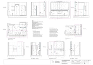 Issue Date Amendments Job:
Proposed Residential Development
1-9 Woniora Avenue
Wahroonga
Figured dimensions to be taken in preference to scale. Verify all
dimensions on site (vos). Copyright for the information contained
herein remains the property of Owen & Gilsenan Architects.
Drawing :
Date :
Drawing No. :
Drawn : JAP
Owen & Gilsenan Architects
Client:
Woniora Avenue Pty Ltd
Suite 4.1 P : (02) 9212 2417
105 Kippax Street F : (02) 9212 2617
Surry Hills NSW 2010 E : codesign@tpg.com.au
Issue :
Scale : 1:20 @ A1 , 1:40 @ A3
SR
SR
WINDOW TO HAVE FULLY
WATERPROOFED & TILED
SILL & REVEALS INTERNALLY
WINDOW TO HAVE FULLY
WATERPROOFED & TILED
SILL & REVEALS INTERNALLY
CL
200
VOS 1720 Betweem finished tiles surface
EQUAL EQUAL EQUAL EQUAL
870
CL
ST VM
T3
T3
T5 TR
MR
PL
T3
T3
MR
WV
VM TR
LR
LR
PL
T7
ST
Type I Bathroom - Elevation 3Type I Bathroom - Elevation 2Type I Bathroom - Elevation 1 Type I Bathroom - Elevation 4
900
GL
LA
1650
TH
WC
TH
T3
MR
100
Type I Bath & Type E Ens.
BA
SM
GL
FW AS
LR
124
3
Type E Ensuite - Floor Plan
For Ensuites in the following units :-
A21
830
T4
T5
ST
FW
LR
TR
THWV
WC
VM
SM
SR
RH
CC
GL
FW
1
24
3
Type I Bathroom - Floor Plan
AS
150300
For Bathrooms in the following units :-
A21, A22
RH
TR
Type E Ensuite - Elevation 3
SM
ST
760
450
T7
760
BA
TH
BA
1650
LR
T3
BA
LR
Type E Ensuite - Elevation 4Type E Ensuite - Elevation 2
SM
TH
T5
T5
Type E Ensuite - Elevation 1
WINDOW TO HAVE FULLY
WATERPROOFED & TILED
SILL & REVEALS INTERNALLY
FW
WINDOW TO HAVE FULLY
WATERPROOFED & TILED
SILL & REVEALS INTERNALLY
WINDOW TO HAVE FULLY
WATERPROOFED & TILED
SILL & REVEALS INTERNALLY
WINDOW TO HAVE FULLY
WATERPROOFED & TILED
SILL & REVEALS INTERNALLY
750
450425
CL
CLCL
450 425
100
385
350390
380
350
690
600
900
1000
600
600
850
1000
600
900
GL
T4
500
300
CC
WC
CL
CC
WC
A426
BMBMBM
BM
SR
SR
AS
T3
T5
SM
AS
GL
SR
T3
T5
1800
1800
RH
RH
RH
200 200
RH
RH
200 200
RH
T1
T2
T3
T4
T5
T6
T7
- Wall Tiling as specified in schedule of finishes
- Wall Tiling as specified in schedule of finishes
- Floor Tiling as specified in schedule of finishes
- Feature Tiling as specified in schedule of finishes
- Wall Tiling as specified in schedule of finishes
- Wall Tiling as specified in schedule of finishes
- Wall Tiling as specified in schedule of finishes
ST
GL
MR
- Stone Bench top & Splash back as specified in schedule of finishes
- Mirrors as specified in schedule of finishes
- Toughened shower glass as specified in schedule of finishes
Finishes Legend
PU
LA
- Polyurethane Joinery Doors as specified in schedule of finishes
- Laminate finish as specified in schedule of finishes
FW
LR
TR
TH
RV
WV
- Floor waste as specified in schedule of finishes
- Towel Ring as specified in schedule of finishes
- Toilet Paper Holder as specified in schedule of finishes
- Recessed Vanity as specified in schedule of finishes
- Wall Mounted Vanity as specified in schedule of finishes
- Ladder Towel Rail as specified in schedule of finishes
BA
WC
VM
BM
SM
SR
- Bath as specified in schedule of finishes
- Vanity Basin Mixer as specified in schedule of finishes
- Bath Mixer as specified in schedule of finishes
- Shower Mixer as specified in schedule of finishes
- Shower Rose as specified in schedule of finishes
- Toilet Pan as specified in schedule of finishes
AS
RH - Robe Hook as specified in schedule of finishes
- Shower Accessories Shelf as specified in schedule of finishes
CC - Concealed Cistern as specified in schedule of finishes
PL - Pelmet Lighting as specified in schedule of finishes
P.C. items Legend
Notes:-
- All tiled floors to have 5mm Impactamat or Regupol QT4010 underlay
under tiles.
- Stop wall & floor tiles 2-3mm short of edges and fill with resiliant caulking
compound equal to Bostik Seal N Flex
- Refer to Sheet B-19 Typical Bathroom & Ensuite Details for typical
Joinery widths and heights
- All dimensional setouts are from the finished tile surfaces with
dimensions as below
- Wet area setdowns in r.conc. slab have been drawn at 30mm deep
- Tile mortar bed has been drawn at 25mm thick
- Floor tiles have been drawn at 10mm thick
- Wall Tiles have been drawn at 9mm thick
- Non division walls have been drawn as 90mm stud with 6mm F.C.
sheeting & wall tiles
- All joinery to wet areas shall be constructed on marine grade base.
- Read in conjunnction with "ODCM" finishes and components schedules.
- Ensure all trims to wet areas are graded and finished for wet area use.
- Waterproofing to comply to B.C.A.
- All glazing to comply with A.S. 1288.
- Check all dimensions on site before producing shop drawings.
T3
B 11.05.06 Amended Tile setouuts &
Tile Schedule reference number
C 20.06.06 Ensuite Vanity changed
Service ducts reduced in size
C
20-06-06
WV
VM
WV
VM
WC
760 395
CL CL CL
WC
PL
LA
MR
ST
5
200
WV
VM
PL
LA
MR
ST
5
200
TH
WV
TR
VMVM
Equal Equal Equal Equal EqualEqualEqualEqual
Equal Equal
CL CL CL
CL
395
15 15
VOS 3070 Betweem finished tiles surface
760
T3
 