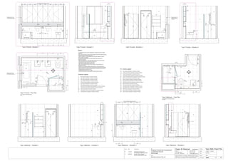 Issue Date Amendments Job:
Proposed Residential Development
1-9 Woniora Avenue
Wahroonga
Figured dimensions to be taken in preference to scale. Verify all
dimensions on site (vos). Copyright for the information contained
herein remains the property of Owen & Gilsenan Architects.
Drawing :
Date :
Drawing No. :
Drawn : JAP
Owen & Gilsenan Architects
Client:
Woniora Avenue Pty Ltd
Suite 4.1 P : (02) 9212 2417
105 Kippax Street F : (02) 9212 2617
Surry Hills NSW 2010 E : codesign@tpg.com.au
Issue :
Scale : 1:20 @ A1 , 1:40 @ A3
SR
SR
WINDOW TO HAVE FULLY
WATERPROOFED &
TILED SILL & REVEALS
INTERNALLY
Type J Bath & Type F Ens.
Type F Ensuite - Floor Plan
For Ensuites in the following units :-
A22
Type F Ensuite - Elevation 1
SM
BA
1650
LR
T3
Type F Ensuite - Elevation 2 Type F Ensuite - Elevation 4Type F Ensuite - Elevation 3
900
200
VOS 1770 Betweem finished tiles surface
425
CL
700
T4
T5
ST
FW
LR
TR
TH
WV
WC
VM
SM
SR
RH
CC
ST
WC
T1
T1
T5
TR
GL
GL
PL
T1
T1
MR
WV
VMTR
LR
PL
T6
ST
1
24
3
Type J Bathroom - Floor Plan
Type J Bathroom - Elevation 3 Type J Bathroom - Elevation 4Type J Bathroom - Elevation 1 Type J Bathroom - Elevation 2
AS
SM
AS
1000
600
GL
190450
LA
1650
TH
WC
TH
T1
MR
80
For Bathrooms in the following units :-
B11, B15
750
FW
EQUALEQUALEQUALEQUAL
150
450
VM
CL
WV
CL CL
450425
385
CC
CL
LR
T1
T6
MR
A427
BM
SR
740
T1
T5
1800
1800
900
900
RH
RH
200 200
RH
RH
200 200
RH
T1
T2
T3
T4
T5
T6
T7
- Wall Tiling as specified in schedule of finishes
- Wall Tiling as specified in schedule of finishes
- Floor Tiling as specified in schedule of finishes
- Feature Tiling as specified in schedule of finishes
- Wall Tiling as specified in schedule of finishes
- Wall Tiling as specified in schedule of finishes
- Wall Tiling as specified in schedule of finishes
ST
GL
MR
- Stone Bench top & Splash back as specified in schedule of finishes
- Mirrors as specified in schedule of finishes
- Toughened shower glass as specified in schedule of finishes
Finishes Legend
PU
LA
- Polyurethane Joinery Doors as specified in schedule of finishes
- Laminate finish as specified in schedule of finishes
FW
LR
TR
TH
RV
WV
- Floor waste as specified in schedule of finishes
- Towel Ring as specified in schedule of finishes
- Toilet Paper Holder as specified in schedule of finishes
- Recessed Vanity as specified in schedule of finishes
- Wall Mounted Vanity as specified in schedule of finishes
- Ladder Towel Rail as specified in schedule of finishes
BA
WC
VM
BM
SM
SR
- Bath as specified in schedule of finishes
- Vanity Basin Mixer as specified in schedule of finishes
- Bath Mixer as specified in schedule of finishes
- Shower Mixer as specified in schedule of finishes
- Shower Rose as specified in schedule of finishes
- Toilet Pan as specified in schedule of finishes
AS
RH - Robe Hook as specified in schedule of finishes
- Shower Accessories Shelf as specified in schedule of finishes
CC - Concealed Cistern as specified in schedule of finishes
PL - Pelmet Lighting as specified in schedule of finishes
P.C. items Legend
Notes:-
- All tiled floors to have 5mm Impactamat or Regupol QT4010 underlay
under tiles.
- Stop wall & floor tiles 2-3mm short of edges and fill with resiliant caulking
compound equal to Bostik Seal N Flex
- Refer to Sheet B-19 Typical Bathroom & Ensuite Details for typical
Joinery widths and heights
- All dimensional setouts are from the finished tile surfaces with
dimensions as below
- Wet area setdowns in r.conc. slab have been drawn at 30mm deep
- Tile mortar bed has been drawn at 25mm thick
- Floor tiles have been drawn at 10mm thick
- Wall Tiles have been drawn at 9mm thick
- Non division walls have been drawn as 90mm stud with 6mm F.C.
sheeting & wall tiles
- All joinery to wet areas shall be constructed on marine grade base.
- Read in conjunnction with "ODCM" finishes and components schedules.
- Ensure all trims to wet areas are graded and finished for wet area use.
- Waterproofing to comply to B.C.A.
- All glazing to comply with A.S. 1288.
- Check all dimensions on site before producing shop drawings.
T7
BA
LR
SM
TH
T5
1000
600
BM
SR
AS
T3
T5
C 20.06.06 Ensuite Vanity changed
Service ducts reduced in size
C
20-06-06
WC
PL
LA
MR
ST
5
200
WV
VM
PL
LA
MR
ST
5
200
B 11.05.06 Amended Tile setouuts &
Tile Schedule reference number
ST
760
450
760
TH
BA
600
850
CC
WC
BM T3
TR
VM VM
EqualEqualEqualEqualEqual Equal Equal Equal
EqualEqual
CL CL CL
CL
395
1515
VOS 3070 Betweem finished tiles surface
T3
WINDOW TO HAVE FULLY
WATERPROOFED & TILED
SILL & REVEALS INTERNALLY
WINDOW TO HAVE FULLY
WATERPROOFED & TILED
SILL & REVEALS INTERNALLY
BA
SM
GL
FW
AS
LR
124
3
RH
TR
T5
FW
380
350
690
600
T4
500
300
BM
SR
RH
WV
VM
WV
VM
WC
760 395
CL
TH
760
CL CL
 