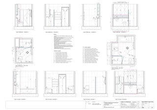 Issue Date Amendments Job:
Proposed Residential Development
1-9 Woniora Avenue
Wahroonga
Figured dimensions to be taken in preference to scale. Verify all
dimensions on site (vos). Copyright for the information contained
herein remains the property of Owen & Gilsenan Architects.
Drawing :
Date :
Drawing No. :
Drawn : JAP
Owen & Gilsenan Architects
Client:
Woniora Avenue Pty Ltd
Suite 4.1 P : (02) 9212 2417
105 Kippax Street F : (02) 9212 2617
Surry Hills NSW 2010 E : codesign@tpg.com.au
Issue :
Scale : 1:20 @ A1 , 1:40 @ A3
TH
SR
SR
Type K Bath & Type G Ens.
200
VOS 1620 Betweem finished tiles surface
415
CL
700
T4
T5
ST
FW
LR
TR
WV
WC
VM
SM
RH
CC
ST
WC
T1
T1
T5
TR
GL
GL
PL
T1
T1
MR
WV
VMTR
LR
LR
PL
T6
ST
1
24
3
Type K Bathroom - Floor Plan
Type K Bathroom - Elevation 4Type K Bathroom - Elevation 1 Type K Bathroom - Elevation 2 Type K Bathroom - Elevation 3
AS
SM
AS
1000
600
900
GL
190400
LA
1650
TH
WC
TH
T1
MR
80
For Bathrooms in the following units :-
B07
750
FW
EQUALEQUALEQUALEQUAL
75
415
VM
CL
WV
CLCL
450425
385
BA
T5
SM
GL
FW
AS
TH
LR
124
3WV
ST
VM
FW
Type G Ensuite - Floor Plan
For Ensuites in the following units :-
B07, B11, B15
CL
665740
600
RH
T4
SM
AS
T6
T1
1650
Type G Ensuite - Elevation 3 Type G Ensuite - Elevation4Type G Ensuite - Elevation 2
TH
LR
T5
750
BA BA
600
750
700
TH
600
BA
LR
Type G Ensuite - Elevation 1
1000
T1T1
1315900
1100
200
WC
CL
400
WC
600
WC
CC
CL
A428
BM BMBM
BM
SR
SR
SR
SR
740
T1
T5
1800
1800
RH
RH
RH
200 200
RH
RH
200 200
RH
T1
T2
T3
T4
T5
T6
T7
- Wall Tiling as specified in schedule of finishes
- Wall Tiling as specified in schedule of finishes
- Floor Tiling as specified in schedule of finishes
- Feature Tiling as specified in schedule of finishes
- Wall Tiling as specified in schedule of finishes
- Wall Tiling as specified in schedule of finishes
- Wall Tiling as specified in schedule of finishes
ST
GL
MR
- Stone Bench top & Splash back as specified in schedule of finishes
- Mirrors as specified in schedule of finishes
- Toughened shower glass as specified in schedule of finishes
Finishes Legend
PU
LA
- Polyurethane Joinery Doors as specified in schedule of finishes
- Laminate finish as specified in schedule of finishes
FW
LR
TR
TH
RV
WV
- Floor waste as specified in schedule of finishes
- Towel Ring as specified in schedule of finishes
- Toilet Paper Holder as specified in schedule of finishes
- Recessed Vanity as specified in schedule of finishes
- Wall Mounted Vanity as specified in schedule of finishes
- Ladder Towel Rail as specified in schedule of finishes
BA
WC
VM
BM
SM
SR
- Bath as specified in schedule of finishes
- Vanity Basin Mixer as specified in schedule of finishes
- Bath Mixer as specified in schedule of finishes
- Shower Mixer as specified in schedule of finishes
- Shower Rose as specified in schedule of finishes
- Toilet Pan as specified in schedule of finishes
AS
RH - Robe Hook as specified in schedule of finishes
- Shower Accessories Shelf as specified in schedule of finishes
CC - Concealed Cistern as specified in schedule of finishes
PL - Pelmet Lighting as specified in schedule of finishes
P.C. items Legend
Notes:-
- All tiled floors to have 5mm Impactamat or Regupol QT4010 underlay
under tiles.
- Stop wall & floor tiles 2-3mm short of edges and fill with resiliant caulking
compound equal to Bostik Seal N Flex
- Refer to Sheet B-19 Typical Bathroom & Ensuite Details for typical
Joinery widths and heights
- All dimensional setouts are from the finished tile surfaces with
dimensions as below
- Wet area setdowns in r.conc. slab have been drawn at 30mm deep
- Tile mortar bed has been drawn at 25mm thick
- Floor tiles have been drawn at 10mm thick
- Wall Tiles have been drawn at 9mm thick
- Non division walls have been drawn as 90mm stud with 6mm F.C.
sheeting & wall tiles
- All joinery to wet areas shall be constructed on marine grade base.
- Read in conjunnction with "ODCM" finishes and components schedules.
- Ensure all trims to wet areas are graded and finished for wet area use.
- Waterproofing to comply to B.C.A.
- All glazing to comply with A.S. 1288.
- Check all dimensions on site before producing shop drawings.
B 20.06.06 Ensuite Vanity changed
Service ducts reduced in size
B
20-06-06
VM
WV
ST
MR
1190
650975
650
T1
WV
VM
PL
LA
MR
ST
5
200
MR
CL
EqualEqual
 