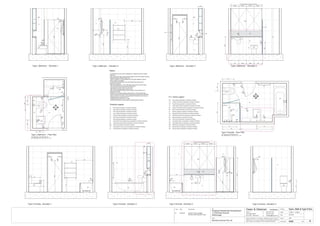 Issue Date Amendments Job:
Proposed Residential Development
1-9 Woniora Avenue
Wahroonga
Figured dimensions to be taken in preference to scale. Verify all
dimensions on site (vos). Copyright for the information contained
herein remains the property of Owen & Gilsenan Architects.
Drawing :
Date :
Drawing No. :
Drawn : JAP
Owen & Gilsenan Architects
Client:
Woniora Avenue Pty Ltd
Suite 4.1 P : (02) 9212 2417
105 Kippax Street F : (02) 9212 2617
Surry Hills NSW 2010 E : codesign@tpg.com.au
Issue :
Scale : 1:20 @ A1 , 1:40 @ A3
SR
SM
AS
Type L Bath & Type H Ens.
CL
200
VOS 1640 Betweem finished tiles surface
420
830
CL
700
T4
T5
ST FW
LR
TR
TH
WV
WC
VM
SM
RH
CC
ST
T5
TR
GL
GL
PL
T1
T1
MR
WV
VMTR
LR
LR
PL
T6
ST
1
24
3
Type L Bathroom - Floor Plan
Type L Bathroom - Elevation 4Type L Bathroom - Elevation 1 Type L Bathroom - Elevation 2 Type L Bathroom - Elevation 3
AS
SM
AS
1000
600
900
GL
170200
LA
1650
TH
WC
TH
T1
MR
100
For Bathrooms in the following units :-
B01, B05, B09, B13, C03, C07, C11, C15
750
FW
EQUALEQUALEQUALEQUAL
150
420
VM
CL
WV
BA
T5
SM
SR
GL
FW
AS
TH LR
124
3
WV
ST
VM
T6
T1
1650
Type H Ensuite - Elevation 4Type H Ensuite - Elevation 3Type H Ensuite - Elevation 1
TH
LR
T5
750
BA BA
600
750
865
TH
600
BA
LR
Type H Ensuite - Elevation 2
1000
FW
Type H Ensuite - Floor Plan
For Ensuites in the following units :-
B01, B05, B09, B13, C03, C07, C11, C15
CL
815740
600
T1 T1
RH
T4
CLCL
420420
385
1000
200
920 1615
WC
CL
400
WCWC
600
CC
WC
T1
CL
A429
BMBM BM
BM
SR
SR
SR
SR
740
T1
T5
1800
1800
RH
RH
RH
200 200
RH
RH
200 200
RH
T1
T2
T3
T4
T5
T6
T7
- Wall Tiling as specified in schedule of finishes
- Wall Tiling as specified in schedule of finishes
- Floor Tiling as specified in schedule of finishes
- Feature Tiling as specified in schedule of finishes
- Wall Tiling as specified in schedule of finishes
- Wall Tiling as specified in schedule of finishes
- Wall Tiling as specified in schedule of finishes
ST
GL
MR
- Stone Bench top & Splash back as specified in schedule of finishes
- Mirrors as specified in schedule of finishes
- Toughened shower glass as specified in schedule of finishes
Finishes Legend
PU
LA
- Polyurethane Joinery Doors as specified in schedule of finishes
- Laminate finish as specified in schedule of finishes
FW
LR
TR
TH
RV
WV
- Floor waste as specified in schedule of finishes
- Towel Ring as specified in schedule of finishes
- Toilet Paper Holder as specified in schedule of finishes
- Recessed Vanity as specified in schedule of finishes
- Wall Mounted Vanity as specified in schedule of finishes
- Ladder Towel Rail as specified in schedule of finishes
BA
WC
VM
BM
SM
SR
- Bath as specified in schedule of finishes
- Vanity Basin Mixer as specified in schedule of finishes
- Bath Mixer as specified in schedule of finishes
- Shower Mixer as specified in schedule of finishes
- Shower Rose as specified in schedule of finishes
- Toilet Pan as specified in schedule of finishes
AS
RH - Robe Hook as specified in schedule of finishes
- Shower Accessories Shelf as specified in schedule of finishes
CC - Concealed Cistern as specified in schedule of finishes
PL - Pelmet Lighting as specified in schedule of finishes
P.C. items Legend
Notes:-
- All tiled floors to have 5mm Impactamat or Regupol QT4010 underlay
under tiles.
- Stop wall & floor tiles 2-3mm short of edges and fill with resiliant caulking
compound equal to Bostik Seal N Flex
- Refer to Sheet B-19 Typical Bathroom & Ensuite Details for typical
Joinery widths and heights
- All dimensional setouts are from the finished tile surfaces with
dimensions as below
- Wet area setdowns in r.conc. slab have been drawn at 30mm deep
- Tile mortar bed has been drawn at 25mm thick
- Floor tiles have been drawn at 10mm thick
- Wall Tiles have been drawn at 9mm thick
- Non division walls have been drawn as 90mm stud with 6mm F.C.
sheeting & wall tiles
- All joinery to wet areas shall be constructed on marine grade base.
- Read in conjunnction with "ODCM" finishes and components schedules.
- Ensure all trims to wet areas are graded and finished for wet area use.
- Waterproofing to comply to B.C.A.
- All glazing to comply with A.S. 1288.
- Check all dimensions on site before producing shop drawings.
B 20.06.06 Ensuite Vanity changed
Service ducts reduced in size
B
20-06-06
VOS 1615 from tile face to vanity end
ST
EQUALEQUALEQUALEQUAL
VM
WV
T1
MR
WV
VM
PL
LA
MR
ST
5 200
MR
CL
Equal Equal
TR
EQUAL
TR
400
 
