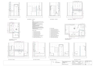 Issue Date Amendments Job:
Proposed Residential Development
1-9 Woniora Avenue
Wahroonga
Figured dimensions to be taken in preference to scale. Verify all
dimensions on site (vos). Copyright for the information contained
herein remains the property of Owen & Gilsenan Architects.
Drawing :
Date :
Drawing No. :
Drawn : JAP
Owen & Gilsenan Architects
Client:
Woniora Avenue Pty Ltd
Suite 4.1 P : (02) 9212 2417
105 Kippax Street F : (02) 9212 2617
Surry Hills NSW 2010 E : codesign@tpg.com.au
Issue :
Scale : 1:20 @ A1 , 1:40 @ A3
T1
T5
SR
Type M Bath & Type I Ens.
CL
VOS 1640 Betweem finished tiles surface
420
830
CL
700
T4
T5
ST
FW
LR
TR
TH
WV
WC
VM
SM
RH
CC
ST
T1
T5
GL
GL
LR
PL
T6
1
24
3
Type M Bathroom - Floor Plan
Type M Bathroom - Elevation 4Type M Bathroom - Elevation 3Type M Bathroom - Elevation 2
AS
SM
AS
1000
600
900
GL
170200
LA
TH
WC
TH
T1
MR
100
For Bathrooms in the following units :-
B02, B06, B10, B14, C04, C08, C12, C16
750
FW
EQUAL EQUAL EQUAL EQUAL
150
420
VM
CL
WV
T1
Type I Ensuite - Elevation 4Type I Ensuite - Elevation 3Type I Ensuite - Elevation 1
TH
600
Type I Ensuite - Elevation 2
Type I Ensuite - Floor Plan
For Ensuites in the following units :-
B02, B06, B10, B14, C04, C08, C12, C16
CLCL
420420
385
200
PL
T1
T1
MR
WV
VM TR
LR
ST
Type M Bathroom - Elevation 1
1650
1650
LR
BA
750
865
TH
600
T6
600
WC WC
CC
WC
T1
CL
A430
BM
SR
SR
SR
740
1800
RH
RH
200 200
RH
RH
200 200
RH
T1
T2
T3
T4
T5
T6
T7
- Wall Tiling as specified in schedule of finishes
- Wall Tiling as specified in schedule of finishes
- Floor Tiling as specified in schedule of finishes
- Feature Tiling as specified in schedule of finishes
- Wall Tiling as specified in schedule of finishes
- Wall Tiling as specified in schedule of finishes
- Wall Tiling as specified in schedule of finishes
ST
GL
MR
- Stone Bench top & Splash back as specified in schedule of finishes
- Mirrors as specified in schedule of finishes
- Toughened shower glass as specified in schedule of finishes
Finishes Legend
PU
LA
- Polyurethane Joinery Doors as specified in schedule of finishes
- Laminate finish as specified in schedule of finishes
FW
LR
TR
TH
RV
WV
- Floor waste as specified in schedule of finishes
- Towel Ring as specified in schedule of finishes
- Toilet Paper Holder as specified in schedule of finishes
- Recessed Vanity as specified in schedule of finishes
- Wall Mounted Vanity as specified in schedule of finishes
- Ladder Towel Rail as specified in schedule of finishes
BA
WC
VM
BM
SM
SR
- Bath as specified in schedule of finishes
- Vanity Basin Mixer as specified in schedule of finishes
- Bath Mixer as specified in schedule of finishes
- Shower Mixer as specified in schedule of finishes
- Shower Rose as specified in schedule of finishes
- Toilet Pan as specified in schedule of finishes
AS
RH - Robe Hook as specified in schedule of finishes
- Shower Accessories Shelf as specified in schedule of finishes
CC - Concealed Cistern as specified in schedule of finishes
PL - Pelmet Lighting as specified in schedule of finishes
P.C. items Legend
Notes:-
- All tiled floors to have 5mm Impactamat or Regupol QT4010 underlay
under tiles.
- Stop wall & floor tiles 2-3mm short of edges and fill with resiliant caulking
compound equal to Bostik Seal N Flex
- Refer to Sheet B-19 Typical Bathroom & Ensuite Details for typical
Joinery widths and heights
- All dimensional setouts are from the finished tile surfaces with
dimensions as below
- Wet area setdowns in r.conc. slab have been drawn at 30mm deep
- Tile mortar bed has been drawn at 25mm thick
- Floor tiles have been drawn at 10mm thick
- Wall Tiles have been drawn at 9mm thick
- Non division walls have been drawn as 90mm stud with 6mm F.C.
sheeting & wall tiles
- All joinery to wet areas shall be constructed on marine grade base.
- Read in conjunnction with "ODCM" finishes and components schedules.
- Ensure all trims to wet areas are graded and finished for wet area use.
- Waterproofing to comply to B.C.A.
- All glazing to comply with A.S. 1288.
- Check all dimensions on site before producing shop drawings.
B 20.06.06 Ensuite Vanity changed
Service ducts reduced in size
B
20-06-06
SM
AS
T5
750
BA BA
LR
1000
T1T1
BMBM
SR
1800
VOS 1615 from tile face to vanity end
ST
EQUAL EQUAL EQUAL EQUAL
VM
WV
T1
MR
WV
VM
PL
LA
MR
ST
5
200
BA
T5
SM
SR
GL
FW
AS
THLR
12 4
3
WV
ST
MR
VM
FW
CL
815 740
600
RH
T4
1000
200
9201615
WC
CL
400
BM
RH
MR
Equal Equal
CL
TR
415
CL
TR
EQUAL
 