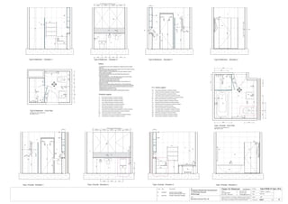 Issue Date Amendments Job:
Proposed Residential Development
1-9 Woniora Avenue
Wahroonga
Figured dimensions to be taken in preference to scale. Verify all
dimensions on site (vos). Copyright for the information contained
herein remains the property of Owen & Gilsenan Architects.
Drawing :
Date :
Drawing No. :
Drawn : JAP
Owen & Gilsenan Architects
Client:
Woniora Avenue Pty Ltd
Suite 4.1 P : (02) 9212 2417
105 Kippax Street F : (02) 9212 2617
Surry Hills NSW 2010 E : codesign@tpg.com.au
Issue :
Scale : 1:20 @ A1 , 1:40 @ A3
TH
VOS 2220 Between finished tiles faces
ST
EQUALEQUALEQUALEQUAL
VM
WV
T1
MR
EQUAL
SR
SR
Type N Bath & Type J Ens.
FW
LR
TR
TH
BA
RH
T4
T5
GL
FW
SM
SR
T5
12 4
3
Type J Ensuite - Floor Plan
AS
790
340455
900
1000
450
900
1000
200
WV
ST
VM
T6
T1
T1
T5
GL
LR
TR
BA
SM
T1
T5
LR
BA
SM
AS
900
1650
800
Type J Ensuite - Elevation 1 Type J Ensuite - Elevation 2 Type J Ensuite - Elevation 3 Type J Ensuite - Elevation 4
TH
600
750
1000
1000
LR
100
VOS 1800 Betweem finished tiles surface
460
T4
ST
FW
TR
WV
WC
VM
RH
CC
ST
T1
T1
T5
GL
PL
1
24
3
Type N Bathroom - Floor Plan
Type N Bathroom - Elevation 2Type N Bathroom - Elevation 1 Type N Bathroom - Elevation 4
SM
AS
1000
600
800
GL
LA
TH
WC
TH
T1
MR
500
For Bathrooms in the following units :-
B04, B08, B12, B16
EQUAL EQUAL EQUAL EQUAL
MR
460
CL
CL
460460
865
200
PL
T6
MR
WV
VM
TR
LR
ST
Type N Bathroom - Elevation 3
1650
T5
TH
SM
SR
GL
AS
300
FW
LR
GL
TR
LR
400
VM
WV
EqualEqual
T6
For Ensuites in the following units :-
B04, B08, B12, B16
CC
WC
CL
WC
CLCL
CL
A431
BMBM
BM
SR
SR
740
790
T1
T5
T1
1800
1800
RH
RH
RH
200 200
RH
RH
200 200
RH
T1
T2
T3
T4
T5
T6
T7
- Wall Tiling as specified in schedule of finishes
- Wall Tiling as specified in schedule of finishes
- Floor Tiling as specified in schedule of finishes
- Feature Tiling as specified in schedule of finishes
- Wall Tiling as specified in schedule of finishes
- Wall Tiling as specified in schedule of finishes
- Wall Tiling as specified in schedule of finishes
ST
GL
MR
- Stone Bench top & Splash back as specified in schedule of finishes
- Mirrors as specified in schedule of finishes
- Toughened shower glass as specified in schedule of finishes
Finishes Legend
PU
LA
- Polyurethane Joinery Doors as specified in schedule of finishes
- Laminate finish as specified in schedule of finishes
FW
LR
TR
TH
RV
WV
- Floor waste as specified in schedule of finishes
- Towel Ring as specified in schedule of finishes
- Toilet Paper Holder as specified in schedule of finishes
- Recessed Vanity as specified in schedule of finishes
- Wall Mounted Vanity as specified in schedule of finishes
- Ladder Towel Rail as specified in schedule of finishes
BA
WC
VM
BM
SM
SR
- Bath as specified in schedule of finishes
- Vanity Basin Mixer as specified in schedule of finishes
- Bath Mixer as specified in schedule of finishes
- Shower Mixer as specified in schedule of finishes
- Shower Rose as specified in schedule of finishes
- Toilet Pan as specified in schedule of finishes
AS
RH - Robe Hook as specified in schedule of finishes
- Shower Accessories Shelf as specified in schedule of finishes
CC - Concealed Cistern as specified in schedule of finishes
PL - Pelmet Lighting as specified in schedule of finishes
P.C. items Legend
Notes:-
- All tiled floors to have 5mm Impactamat or Regupol QT4010 underlay
under tiles.
- Stop wall & floor tiles 2-3mm short of edges and fill with resiliant caulking
compound equal to Bostik Seal N Flex
- Refer to Sheet B-19 Typical Bathroom & Ensuite Details for typical
Joinery widths and heights
- All dimensional setouts are from the finished tile surfaces with
dimensions as below
- Wet area setdowns in r.conc. slab have been drawn at 30mm deep
- Tile mortar bed has been drawn at 25mm thick
- Floor tiles have been drawn at 10mm thick
- Wall Tiles have been drawn at 9mm thick
- Non division walls have been drawn as 90mm stud with 6mm F.C.
sheeting & wall tiles
- All joinery to wet areas shall be constructed on marine grade base.
- Read in conjunnction with "ODCM" finishes and components schedules.
- Ensure all trims to wet areas are graded and finished for wet area use.
- Waterproofing to comply to B.C.A.
- All glazing to comply with A.S. 1288.
- Check all dimensions on site before producing shop drawings.
B 20.06.06 Ensuite Vanity changed
Service ducts reduced in size
C
04-07-06
T1
T6
T6
WV
VM
PL
LA
MR
ST
5
200
PL
LA
MR
ST
5
200
WC
550
550
875
CL
440 440
CL
CL
CL
Equal EqualEqual
CL
WC
C 04.07.06 Ensuite Toilet Suite Changed
CL
 