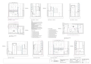 Issue Date Amendments Job:
Proposed Residential Development
1-9 Woniora Avenue
Wahroonga
Figured dimensions to be taken in preference to scale. Verify all
dimensions on site (vos). Copyright for the information contained
herein remains the property of Owen & Gilsenan Architects.
Drawing :
Date :
Drawing No. :
Drawn : JAP
Owen & Gilsenan Architects
Client:
Woniora Avenue Pty Ltd
Suite 4.1 P : (02) 9212 2417
105 Kippax Street F : (02) 9212 2617
Surry Hills NSW 2010 E : codesign@tpg.com.au
Issue :
Scale : 1:20 @ A1 , 1:40 @ A3
SR
SR
SM
865
200
VOS 1620 Betweem finished tiles surface
EQUALEQUALEQUALEQUAL
CL
STVM
T3
T3
T5
PL
T3
T3
MR
WV
VM
LR
LR
PL
T7
ST
Type O Bathroom - Elevation 1 Type O Bathroom - Elevation 2 Type O Bathroom - Elevation 3 Type O Bathroom - Elevation 4
SM
AS
800
GLLA
1650
TH
WC
TH
T3
MR
90
700
T4
T5
ST
FW
LR
TR
THWV
WC
VM
SM
SR
RH
CC
GL
FW1
24
3
Type O Bathroom - Floor Plan
AS
150
For Bathrooms in the following units :-
B17
WINDOW TO HAVE FULLY
WATERPROOFED & TILED
SILL & REVEALS INTERNALLY
WINDOW TO HAVE FULLY
WATERPROOFED & TILED
SILL & REVEALS INTERNALLY
WINDOW TO HAVE FULLY
WATERPROOFED & TILED
SILL & REVEALS INTERNALLY
750
410 410
CL
CL
410 410
70
385
350390
1000
600
GL
GL
350
WINDOW TO HAVE FULLY
WATERPROOFED & TILED
SILL & REVEALS INTERNALLY
WINDOW TO HAVE FULLY
WATERPROOFED & TILED
SILL & REVEALS INTERNALLY
TH
LR
124
3
Type K Ensuite - Floor Plan
For Ensuite in the following units :-
B17
RH
Type K Ensuite - Elevation 3
T3
BA BA
1650
LR
T7
BA
LR
Type K Ensuite - Elevation 4Type K Ensuite - Elevation 2
SM
AS
T5
Type K Ensuite - Elevation 1
WINDOW TO HAVE FULLY
WATERPROOFED & TILED
SILL & REVEALS INTERNALLY
FW
750
1000
600
600
SM
SR
GL FW
AS
T5
450150
BA
ST
VM
TR
450 465
WC
1815
Type O Bath & Type K Ens.
CC
WC
CL
CL CL
A432
BMBMBM
BM
WV
SR
SR
T3
T5
T5
T3
1800
1800
RH
200 200
RH
RH
RH
RH
200 200
RH
T1
T2
T3
T4
T5
T6
T7
- Wall Tiling as specified in schedule of finishes
- Wall Tiling as specified in schedule of finishes
- Floor Tiling as specified in schedule of finishes
- Feature Tiling as specified in schedule of finishes
- Wall Tiling as specified in schedule of finishes
- Wall Tiling as specified in schedule of finishes
- Wall Tiling as specified in schedule of finishes
ST
GL
MR
- Stone Bench top & Splash back as specified in schedule of finishes
- Mirrors as specified in schedule of finishes
- Toughened shower glass as specified in schedule of finishes
Finishes Legend
PU
LA
- Polyurethane Joinery Doors as specified in schedule of finishes
- Laminate finish as specified in schedule of finishes
FW
LR
TR
TH
RV
WV
- Floor waste as specified in schedule of finishes
- Towel Ring as specified in schedule of finishes
- Toilet Paper Holder as specified in schedule of finishes
- Recessed Vanity as specified in schedule of finishes
- Wall Mounted Vanity as specified in schedule of finishes
- Ladder Towel Rail as specified in schedule of finishes
BA
WC
VM
BM
SM
SR
- Bath as specified in schedule of finishes
- Vanity Basin Mixer as specified in schedule of finishes
- Bath Mixer as specified in schedule of finishes
- Shower Mixer as specified in schedule of finishes
- Shower Rose as specified in schedule of finishes
- Toilet Pan as specified in schedule of finishes
AS
RH - Robe Hook as specified in schedule of finishes
- Shower Accessories Shelf as specified in schedule of finishes
CC - Concealed Cistern as specified in schedule of finishes
PL - Pelmet Lighting as specified in schedule of finishes
P.C. items Legend
Notes:-
- All tiled floors to have 5mm Impactamat or Regupol QT4010 underlay
under tiles.
- Stop wall & floor tiles 2-3mm short of edges and fill with resiliant caulking
compound equal to Bostik Seal N Flex
- Refer to Sheet B-19 Typical Bathroom & Ensuite Details for typical
Joinery widths and heights
- All dimensional setouts are from the finished tile surfaces with
dimensions as below
- Wet area setdowns in r.conc. slab have been drawn at 30mm deep
- Tile mortar bed has been drawn at 25mm thick
- Floor tiles have been drawn at 10mm thick
- Wall Tiles have been drawn at 9mm thick
- Non division walls have been drawn as 90mm stud with 6mm F.C.
sheeting & wall tiles
- All joinery to wet areas shall be constructed on marine grade base.
- Read in conjunnction with "ODCM" finishes and components schedules.
- Ensure all trims to wet areas are graded and finished for wet area use.
- Waterproofing to comply to B.C.A.
- All glazing to comply with A.S. 1288.
- Check all dimensions on site before producing shop drawings.
T3T3 T3
T3
B 11.05.06 Amended Tile setouuts &
Tile Schedule reference number
T4
WV
CL
450450
VOS 1800 Betweem finished tiles surface
ST
T3
800
TH
EQUAL EQUAL EQUAL EQUAL
MR
TR
VM
WV
CC
WC
755
WV
VM
PL
LA
MR
ST
5
200
WC
PL
LA
MR
ST
5
200
TH
80
MR
TR
CL
CL CL
Equal Equal
T3
C 20.06.06 Ensuite Vanity changed
Service ducts reduced in size
C
20-06-06
465 EQUAL EQUAL EQUAL
 