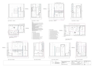 Issue Date Amendments Job:
Proposed Residential Development
1-9 Woniora Avenue
Wahroonga
Figured dimensions to be taken in preference to scale. Verify all
dimensions on site (vos). Copyright for the information contained
herein remains the property of Owen & Gilsenan Architects.
Drawing :
Date :
Drawing No. :
Drawn : JAP
Owen & Gilsenan Architects
Client:
Woniora Avenue Pty Ltd
Suite 4.1 P : (02) 9212 2417
105 Kippax Street F : (02) 9212 2617
Surry Hills NSW 2010 E : codesign@tpg.com.au
Issue :
Scale : 1:20 @ A1 , 1:40 @ A3
SR
SM
SR
200
CL
PL
T3
T3
MR
WV
VM
LR
LR
PL
T7
ST
Type P Bathroom - Elevation 1 Type P Bathroom - Elevation 2 Type P Bathroom - Elevation 3 Type P Bathroom - Elevation 4
SM
AS
GL
LA
1650
WC
TH
T3
MR
90
Type P Bathroom - Floor Plan
For Bathrooms in the following units :-
B18
WINDOW TO HAVE FULLY
WATERPROOFED & TILED
SILL & REVEALS INTERNALLY
750
1000
GL
WINDOW TO HAVE FULLY
WATERPROOFED & TILED
SILL & REVEALS INTERNALLY
Type L Ensuite - Floor Plan
For Ensuite in the following units :-
B18
Type L Ensuite - Elevation 3
BA
1650
LR
T7
Type L Ensuite - Elevation 4Type L Ensuite - Elevation 2Type L Ensuite - Elevation 1
750
Type P Bath & Type L Ens.
A433
BM
SR
T3
T5
1800
RH
200 200
RH
RH
200 200
RH
T1
T2
T3
T4
T5
T6
T7
- Wall Tiling as specified in schedule of finishes
- Wall Tiling as specified in schedule of finishes
- Floor Tiling as specified in schedule of finishes
- Feature Tiling as specified in schedule of finishes
- Wall Tiling as specified in schedule of finishes
- Wall Tiling as specified in schedule of finishes
- Wall Tiling as specified in schedule of finishes
ST
GL
MR
- Stone Bench top & Splash back as specified in schedule of finishes
- Mirrors as specified in schedule of finishes
- Toughened shower glass as specified in schedule of finishes
Finishes Legend
PU
LA
- Polyurethane Joinery Doors as specified in schedule of finishes
- Laminate finish as specified in schedule of finishes
FW
LR
TR
TH
RV
WV
- Floor waste as specified in schedule of finishes
- Towel Ring as specified in schedule of finishes
- Toilet Paper Holder as specified in schedule of finishes
- Recessed Vanity as specified in schedule of finishes
- Wall Mounted Vanity as specified in schedule of finishes
- Ladder Towel Rail as specified in schedule of finishes
BA
WC
VM
BM
SM
SR
- Bath as specified in schedule of finishes
- Vanity Basin Mixer as specified in schedule of finishes
- Bath Mixer as specified in schedule of finishes
- Shower Mixer as specified in schedule of finishes
- Shower Rose as specified in schedule of finishes
- Toilet Pan as specified in schedule of finishes
AS
RH - Robe Hook as specified in schedule of finishes
- Shower Accessories Shelf as specified in schedule of finishes
CC - Concealed Cistern as specified in schedule of finishes
PL - Pelmet Lighting as specified in schedule of finishes
P.C. items Legend
Notes:-
- All tiled floors to have 5mm Impactamat or Regupol QT4010 underlay
under tiles.
- Stop wall & floor tiles 2-3mm short of edges and fill with resiliant caulking
compound equal to Bostik Seal N Flex
- Refer to Sheet B-19 Typical Bathroom & Ensuite Details for typical
Joinery widths and heights
- All dimensional setouts are from the finished tile surfaces with
dimensions as below
- Wet area setdowns in r.conc. slab have been drawn at 30mm deep
- Tile mortar bed has been drawn at 25mm thick
- Floor tiles have been drawn at 10mm thick
- Wall Tiles have been drawn at 9mm thick
- Non division walls have been drawn as 90mm stud with 6mm F.C.
sheeting & wall tiles
- All joinery to wet areas shall be constructed on marine grade base.
- Read in conjunnction with "ODCM" finishes and components schedules.
- Ensure all trims to wet areas are graded and finished for wet area use.
- Waterproofing to comply to B.C.A.
- All glazing to comply with A.S. 1288.
- Check all dimensions on site before producing shop drawings.
T7T7
T3
VOS 1620 Betweem finished tiles surface
EQUAL EQUAL EQUAL EQUAL
ST VM
T3
T3
T5
800
TH
WINDOW TO HAVE FULLY
WATERPROOFED & TILED
SILL & REVEALS INTERNALLY
410410
CL
600
GL
T3
BA BA
LR
T5
WINDOW TO HAVE FULLY
WATERPROOFED & TILED
SILL & REVEALS INTERNALLY
600
600
CC
WC
CL
BMBM
WV
1800
T3 T3T3
T3
VOS 1800 Betweem finished tiles surface
ST
T3
800
TH
EQUALEQUALEQUALEQUAL
MR
TR
VM
WV
CC
WC
755
WV
VM
PL
LA
MR
ST
5
200
WC
PL
LA
MR
ST
5
200
TH
80
MR
TR
CL
T3
C 20.06.06 Ensuite Vanity changed
Service ducts reduced in size
C
20-06-06
700
T4
T5
ST
FW
LR
TR
THWV
WC
VM
SM
SR
RH
CC
GL
FW
1
24
3
AS
150
WINDOW TO HAVE FULLY
WATERPROOFED & TILED
SILL & REVEALS INTERNALLY
CL
410 410
70
385
350390
350
RH
CL CL
Equal Equal
WINDOW TO HAVE FULLY
WATERPROOFED & TILED
SILL & REVEALS INTERNALLY
TH
LR
124
3
RH
FW
SM
SR
GL
FW
AS
T5
450150
BA
ST
VM
TR
450 465
WC
1815
CL CL
CC
BM
RH
T4
WV
CL
450450
SM
AS
1000
SR
B 11.05.06 Amended Tile setouuts &
Tile Schedule reference number
400
 