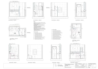 Issue Date Amendments Job:
Proposed Residential Development
1-9 Woniora Avenue
Wahroonga
Figured dimensions to be taken in preference to scale. Verify all
dimensions on site (vos). Copyright for the information contained
herein remains the property of Owen & Gilsenan Architects.
Drawing :
Date :
Drawing No. :
Drawn : JAP
Owen & Gilsenan Architects
Client:
Woniora Avenue Pty Ltd
Suite 4.1 P : (02) 9212 2417
105 Kippax Street F : (02) 9212 2617
Surry Hills NSW 2010 E : codesign@tpg.com.au
Issue :
Scale : 1:20 @ A1 , 1:40 @ A3
410 410Equal Equal
BA
T1
T5
SR
BM
TR
200
VOS 1620 Betweem finished tiles surface
EQUALEQUALEQUALEQUAL
CL
STVM
WV
T1
T1
T5
MR
PL
T1
T1
MR
WV
VMTR
LR
LR
PL
T6
ST
Type Q Bathroom - Elevation 1 Type Q Bathroom - Elevation 2 Type Q Bathroom - Elevation 3 Type Q Bathroom - Elevation 4
LA
1650
TH
WC
TH
T1
MR
90
700
T4
T5
ST
FW
LR
TR
THWV
WCVM
SM
RH
CC
GL
FW
1
24
3
Type Q Bathroom - Floor Plan
AS
For Bathrooms in the following units :-
C09, C13
WINDOW TO HAVE FULLY
WATERPROOFED & TILED
SILL & REVEALS INTERNALLY
WINDOW TO HAVE FULLY
WATERPROOFED & TILED
SILL & REVEALS INTERNALLY
WINDOW TO HAVE FULLY
WATERPROOFED & TILED
SILL & REVEALS INTERNALLY
750
CLCL
70
385
350390
600
GL
GL
300150
T1
T5
GL
Type M Ensuite - Elevation 4
SM
AS
T1
T5
Type M Ensuite - Elevation 2
BA
900
T6
Type M Ensuite - Elevation 3
1650
T6
Type M Ensuite - Elevation 1
FW
124
3
LR
RH
Type M Ensuite - Floor Plan
For Ensuites in the following units :-
C09, C13
TH
ST
TR
BA
SM
GL
AS
LR
900
WV
400415
LR
750
CL
80
310
200
700
1100
1520
T4
EqualEqual350
950
BA
WC
TH
150
Type Q Bath & Type M Ens.
CC
A434
BMBM
BM
VM
SR
SR
SR
SM
AS
1000
SR
SR
GL
1800
1500
RH
RH
RH
200 200
RH
RH
200 200
RH
T1
T2
T3
T4
T5
T6
T7
- Wall Tiling as specified in schedule of finishes
- Wall Tiling as specified in schedule of finishes
- Floor Tiling as specified in schedule of finishes
- Feature Tiling as specified in schedule of finishes
- Wall Tiling as specified in schedule of finishes
- Wall Tiling as specified in schedule of finishes
- Wall Tiling as specified in schedule of finishes
ST
GL
MR
- Stone Bench top & Splash back as specified in schedule of finishes
- Mirrors as specified in schedule of finishes
- Toughened shower glass as specified in schedule of finishes
Finishes Legend
PU
LA
- Polyurethane Joinery Doors as specified in schedule of finishes
- Laminate finish as specified in schedule of finishes
FW
LR
TR
TH
RV
WV
- Floor waste as specified in schedule of finishes
- Towel Ring as specified in schedule of finishes
- Toilet Paper Holder as specified in schedule of finishes
- Recessed Vanity as specified in schedule of finishes
- Wall Mounted Vanity as specified in schedule of finishes
- Ladder Towel Rail as specified in schedule of finishes
BA
WC
VM
BM
SM
SR
- Bath as specified in schedule of finishes
- Vanity Basin Mixer as specified in schedule of finishes
- Bath Mixer as specified in schedule of finishes
- Shower Mixer as specified in schedule of finishes
- Shower Rose as specified in schedule of finishes
- Toilet Pan as specified in schedule of finishes
AS
RH - Robe Hook as specified in schedule of finishes
- Shower Accessories Shelf as specified in schedule of finishes
CC - Concealed Cistern as specified in schedule of finishes
PL - Pelmet Lighting as specified in schedule of finishes
P.C. items Legend
Notes:-
- All tiled floors to have 5mm Impactamat or Regupol QT4010 underlay
under tiles.
- Stop wall & floor tiles 2-3mm short of edges and fill with resiliant caulking
compound equal to Bostik Seal N Flex
- Refer to Sheet B-19 Typical Bathroom & Ensuite Details for typical
Joinery widths and heights
- All dimensional setouts are from the finished tile surfaces with
dimensions as below
- Wet area setdowns in r.conc. slab have been drawn at 30mm deep
- Tile mortar bed has been drawn at 25mm thick
- Floor tiles have been drawn at 10mm thick
- Wall Tiles have been drawn at 9mm thick
- Non division walls have been drawn as 90mm stud with 6mm F.C.
sheeting & wall tiles
- All joinery to wet areas shall be constructed on marine grade base.
- Read in conjunnction with "ODCM" finishes and components schedules.
- Ensure all trims to wet areas are graded and finished for wet area use.
- Waterproofing to comply to B.C.A.
- All glazing to comply with A.S. 1288.
- Check all dimensions on site before producing shop drawings.
CL
410 410
CL
WC
CL
WV
MR
CL
EqualEqual
C
04-07-06
B 20.06.06 Ensuite Vanity changed
Service ducts reduced in size
VOS 1615 From finished tiles surface
400
ST
WC
T1
TR
600
EQUALEQUALEQUALEQUAL
415
VM
CL
WV
MR
CL
400400
TH
PL
LA
MR
ST
5
200
WC
WV
VM
PL
LA
MR
ST
5
200
WC
CL
CL
WC
C 04.07.06 Ensuite Toilet Suite Changed
 