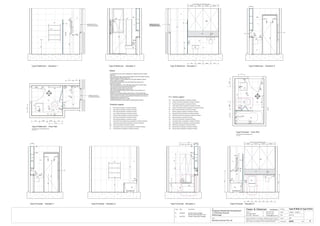Issue Date Amendments Job:
Proposed Residential Development
1-9 Woniora Avenue
Wahroonga
Figured dimensions to be taken in preference to scale. Verify all
dimensions on site (vos). Copyright for the information contained
herein remains the property of Owen & Gilsenan Architects.
Drawing :
Date :
Drawing No. :
Drawn : JAP
Owen & Gilsenan Architects
Client:
Woniora Avenue Pty Ltd
Suite 4.1 P : (02) 9212 2417
105 Kippax Street F : (02) 9212 2617
Surry Hills NSW 2010 E : codesign@tpg.com.au
Issue :
Scale : 1:20 @ A1 , 1:40 @ A3
SR
200
CL
PL
T1
T1
MR
WV
VM TR
LR
LR
PL
T6
ST
Type R Bathroom - Elevation 1 Type R Bathroom - Elevation 2 Type R Bathroom - Elevation 3 Type R Bathroom - Elevation 4
GL
LA
1650
WC
TH
T1
MR
90
Type R Bathroom - Floor Plan
For Bathrooms in the following units :-
C10, C14
WINDOW TO HAVE FULLY
WATERPROOFED & TILED
SILL & REVEALS INTERNALLY
WINDOW TO HAVE FULLY
WATERPROOFED & TILED
SILL & REVEALS INTERNALLY
750
GL
Type N Ensuite - Elevation 4
T1
T5
Type N Ensuite - Elevation 2 Type N Ensuite - Elevation 3Type N Ensuite - Elevation 1
Type N Ensuite - Floor Plan
For Ensuites in the following units :-
C10, C4
LR
750
BA
Type R Bath & Type N Ens.
A435
BM
T1
T5
SM
AS
1000
SR
1800
RH
200 200
RH
T1
T2
T3
T4
T5
T6
T7
- Wall Tiling as specified in schedule of finishes
- Wall Tiling as specified in schedule of finishes
- Floor Tiling as specified in schedule of finishes
- Feature Tiling as specified in schedule of finishes
- Wall Tiling as specified in schedule of finishes
- Wall Tiling as specified in schedule of finishes
- Wall Tiling as specified in schedule of finishes
ST
GL
MR
- Stone Bench top & Splash back as specified in schedule of finishes
- Mirrors as specified in schedule of finishes
- Toughened shower glass as specified in schedule of finishes
Finishes Legend
PU
LA
- Polyurethane Joinery Doors as specified in schedule of finishes
- Laminate finish as specified in schedule of finishes
FW
LR
TR
TH
RV
WV
- Floor waste as specified in schedule of finishes
- Towel Ring as specified in schedule of finishes
- Toilet Paper Holder as specified in schedule of finishes
- Recessed Vanity as specified in schedule of finishes
- Wall Mounted Vanity as specified in schedule of finishes
- Ladder Towel Rail as specified in schedule of finishes
BA
WC
VM
BM
SM
SR
- Bath as specified in schedule of finishes
- Vanity Basin Mixer as specified in schedule of finishes
- Bath Mixer as specified in schedule of finishes
- Shower Mixer as specified in schedule of finishes
- Shower Rose as specified in schedule of finishes
- Toilet Pan as specified in schedule of finishes
AS
RH - Robe Hook as specified in schedule of finishes
- Shower Accessories Shelf as specified in schedule of finishes
CC - Concealed Cistern as specified in schedule of finishes
PL - Pelmet Lighting as specified in schedule of finishes
P.C. items Legend
Notes:-
- All tiled floors to have 5mm Impactamat or Regupol QT4010 underlay
under tiles.
- Stop wall & floor tiles 2-3mm short of edges and fill with resiliant caulking
compound equal to Bostik Seal N Flex
- Refer to Sheet B-19 Typical Bathroom & Ensuite Details for typical
Joinery widths and heights
- All dimensional setouts are from the finished tile surfaces with
dimensions as below
- Wet area setdowns in r.conc. slab have been drawn at 30mm deep
- Tile mortar bed has been drawn at 25mm thick
- Floor tiles have been drawn at 10mm thick
- Wall Tiles have been drawn at 9mm thick
- Non division walls have been drawn as 90mm stud with 6mm F.C.
sheeting & wall tiles
- All joinery to wet areas shall be constructed on marine grade base.
- Read in conjunnction with "ODCM" finishes and components schedules.
- Ensure all trims to wet areas are graded and finished for wet area use.
- Waterproofing to comply to B.C.A.
- All glazing to comply with A.S. 1288.
- Check all dimensions on site before producing shop drawings.
B 20.06.06 Ensuite Vanity changed
Service ducts reduced in size
C
04-07-06
BA
SR
BM
TR
VOS 1620 Betweem finished tiles surface
EQUAL EQUAL EQUAL EQUAL
ST VM
WV
T1
T1
T5
MR
TH
WINDOW TO HAVE FULLY
WATERPROOFED & TILED
SILL & REVEALS INTERNALLY
600
GL
T1
T5
GL
SM
AS
BA
900
T6
1650
T6
FW
124
3
LR
RH
TH
ST
TR
BA
SM
GL
AS
900
WV
400415
LR
CL
80
310
200
700
1100
1520
T4
Equal Equal 350
950
WC
TH
150
CC
BM
BM
VM
SR
SR
1500
RH
RH
200200
RH
410410
CL
WC
CL
WV
MR
CL
Equal Equal
VOS 1615 From finished tiles surface
400
ST
WC
T1
TR
600
EQUAL EQUAL EQUAL EQUAL
415
VM
CL
WV
MR
CL
400 400
TH
PL
LA
MR
ST
5
200
WC
WV
VM
PL
LA
MR
ST
5
200
410 410Equal Equal
700
T4
T5
ST
FW
LR
TR
THWV
WCVM
SM
RH
CC
GL
FW
1
24
3
AS
WINDOW TO HAVE FULLY
WATERPROOFED & TILED
SILL & REVEALS INTERNALLY
CLCL
70
385
350390
300150
SR
RH
CL
WC
CL
WC
CL
C 04.07.06 Ensuite Toilet Suite Changed
 