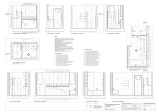 Issue Date Amendments Job:
Proposed Residential Development
1-9 Woniora Avenue
Wahroonga
Figured dimensions to be taken in preference to scale. Verify all
dimensions on site (vos). Copyright for the information contained
herein remains the property of Owen & Gilsenan Architects.
Drawing :
Date :
Drawing No. :
Drawn : JAP
Owen & Gilsenan Architects
Client:
Woniora Avenue Pty Ltd
Suite 4.1 P : (02) 9212 2417
105 Kippax Street F : (02) 9212 2617
Surry Hills NSW 2010 E : codesign@tpg.com.au
Issue :
Scale : 1:20 @ A1 , 1:40 @ A3
SR
865
200
VOS 1570 Betweem finished tiles surface
EQUAL EQUAL EQUAL EQUAL
CL
ST VM
T3
T3
T5
TR
MR
PL
T3
T3
MR
WV
VM TR
LR
LR
PL
T7
ST
Type S Bathroom - Elevation 1 Type S Bathroom - Elevation 2 Type S Bathroom - Elevation 3 Type S Bathroom - Elevation 4
900
GL
LA
1650
TH
WC
TH
T3
MR
90
700
T4
T5
ST
FW
LR
TR
TH WV
WC
VM
SM
SR
RH
CC
GL
FW
1
24
3
Type S Bathroom - Floor Plan
AS
For Bathrooms in the following units :-
C17
WINDOW TO HAVE
FULLY WATERPROOFED
& TILED SILL & REVEALS
INTERNALLY
750
400400
CL
CL CL
400400
70
385
405 240
600
GL
GL
300
150 WV
Type S Bath & Type O Ens.
GL
640
ST
WV VM
WC
TR
CL
CL
410410710
Type O Ensuite - Elevation 2
TH
600
WV VM
CL
410410
Type O Ensuite - Floor Plan
For Ensuite in the following units :-
C17
LR
Type O Ensuite - Elevation 1
T5
BA
LR
BA BA
1650
LR
WC
TH
TH
Type O Ensuite - Elevation 4Type O Ensuite - Elevation 3
WINDOW TO HAVE
FULLY WATERPROOFED
& TILED SILL & REVEALS
INTERNALLY
WINDOW TO HAVE
FULLY WATERPROOFED
& TILED SILL & REVEALS
INTERNALLY
WINDOW TO HAVE
FULLY WATERPROOFED
& TILED SILL & REVEALS
INTERNALLY
FW
CC
CC
WC
CL
1
24
3
LR
A436
BMBM BM
BM
T3
T3
T3
T3
T3
T7
T3 T3
T5
T3T5
SM
AS
1000
SR
T5
SM
FW
AS
WINDOW TO HAVE
FULLY WATERPROOFED
& TILED SILL & REVEALS
INTERNALLY
SR
SR
1800
1800
RH
200 200
RH
RH
RH
RH
RH
200 200
RH
T1
T2
T3
T4
T5
T6
T7
- Wall Tiling as specified in schedule of finishes
- Wall Tiling as specified in schedule of finishes
- Floor Tiling as specified in schedule of finishes
- Feature Tiling as specified in schedule of finishes
- Wall Tiling as specified in schedule of finishes
- Wall Tiling as specified in schedule of finishes
- Wall Tiling as specified in schedule of finishes
ST
GL
MR
- Stone Bench top & Splash back as specified in schedule of finishes
- Mirrors as specified in schedule of finishes
- Toughened shower glass as specified in schedule of finishes
Finishes Legend
PU
LA
- Polyurethane Joinery Doors as specified in schedule of finishes
- Laminate finish as specified in schedule of finishes
FW
LR
TR
TH
RV
WV
- Floor waste as specified in schedule of finishes
- Towel Ring as specified in schedule of finishes
- Toilet Paper Holder as specified in schedule of finishes
- Recessed Vanity as specified in schedule of finishes
- Wall Mounted Vanity as specified in schedule of finishes
- Ladder Towel Rail as specified in schedule of finishes
BA
WC
VM
BM
SM
SR
- Bath as specified in schedule of finishes
- Vanity Basin Mixer as specified in schedule of finishes
- Bath Mixer as specified in schedule of finishes
- Shower Mixer as specified in schedule of finishes
- Shower Rose as specified in schedule of finishes
- Toilet Pan as specified in schedule of finishes
AS
RH - Robe Hook as specified in schedule of finishes
- Shower Accessories Shelf as specified in schedule of finishes
CC - Concealed Cistern as specified in schedule of finishes
PL - Pelmet Lighting as specified in schedule of finishes
P.C. items Legend
Notes:-
- All tiled floors to have 5mm Impactamat or Regupol QT4010 underlay
under tiles.
- Stop wall & floor tiles 2-3mm short of edges and fill with resiliant caulking
compound equal to Bostik Seal N Flex
- Refer to Sheet B-19 Typical Bathroom & Ensuite Details for typical
Joinery widths and heights
- All dimensional setouts are from the finished tile surfaces with
dimensions as below
- Wet area setdowns in r.conc. slab have been drawn at 30mm deep
- Tile mortar bed has been drawn at 25mm thick
- Floor tiles have been drawn at 10mm thick
- Wall Tiles have been drawn at 9mm thick
- Non division walls have been drawn as 90mm stud with 6mm F.C.
sheeting & wall tiles
- All joinery to wet areas shall be constructed on marine grade base.
- Read in conjunnction with "ODCM" finishes and components schedules.
- Ensure all trims to wet areas are graded and finished for wet area use.
- Waterproofing to comply to B.C.A.
- All glazing to comply with A.S. 1288.
- Check all dimensions on site before producing shop drawings.
T7
T7
T3
T7
T3
T4
C 20.06.06 Ensuite Vanity changed
Service ducts reduced in size
C
20-06-06
B 11.05.06 Amended Tile setouuts &
Tile Schedule reference number
410410
CLCL
MR
STVM
T3
WV
WC
VM
CC
WV
TH
TR
CL CL
410 410
CL
410410410 410
CL CL
410 410 410410410 410
2460
200
WV
VM
PL
LA
MR
ST
5
200
WC
PL
LA
MR
ST
5
200
AS
SM
SR
EQUAL EQUAL
400
 