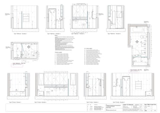 Issue Date Amendments Job:
Proposed Residential Development
1-9 Woniora Avenue
Wahroonga
Figured dimensions to be taken in preference to scale. Verify all
dimensions on site (vos). Copyright for the information contained
herein remains the property of Owen & Gilsenan Architects.
Drawing :
Date :
Drawing No. :
Drawn : JAP
Owen & Gilsenan Architects
Client:
Woniora Avenue Pty Ltd
Suite 4.1 P : (02) 9212 2417
105 Kippax Street F : (02) 9212 2617
Surry Hills NSW 2010 E : codesign@tpg.com.au
Issue :
Scale : 1:20 @ A1 , 1:40 @ A3
Type T Bath & Type P Ens.
A437
Type T Bathroom - Elevation 1 Type T Bathroom - Elevation 2 Type T Bathroom - Elevation 3 Type T Bathroom - Elevation 4
Type T Bathroom - Floor Plan
For Bathrooms in the following units :-
C18
Type P Ensuite - Elevation 2
Type P Ensuite - Floor Plan
For Ensuite in the following units :-
C18
Type P Ensuite - Elevation 1 Type P Ensuite - Elevation 4Type P Ensuite - Elevation 3
T1
T2
T3
T4
T5
T6
T7
- Wall Tiling as specified in schedule of finishes
- Wall Tiling as specified in schedule of finishes
- Floor Tiling as specified in schedule of finishes
- Feature Tiling as specified in schedule of finishes
- Wall Tiling as specified in schedule of finishes
- Wall Tiling as specified in schedule of finishes
- Wall Tiling as specified in schedule of finishes
ST
GL
MR
- Stone Bench top & Splash back as specified in schedule of finishes
- Mirrors as specified in schedule of finishes
- Toughened shower glass as specified in schedule of finishes
Finishes Legend
PU
LA
- Polyurethane Joinery Doors as specified in schedule of finishes
- Laminate finish as specified in schedule of finishes
FW
LR
TR
TH
RV
WV
- Floor waste as specified in schedule of finishes
- Towel Ring as specified in schedule of finishes
- Toilet Paper Holder as specified in schedule of finishes
- Recessed Vanity as specified in schedule of finishes
- Wall Mounted Vanity as specified in schedule of finishes
- Ladder Towel Rail as specified in schedule of finishes
BA
WC
VM
BM
SM
SR
- Bath as specified in schedule of finishes
- Vanity Basin Mixer as specified in schedule of finishes
- Bath Mixer as specified in schedule of finishes
- Shower Mixer as specified in schedule of finishes
- Shower Rose as specified in schedule of finishes
- Toilet Pan as specified in schedule of finishes
AS
RH - Robe Hook as specified in schedule of finishes
- Shower Accessories Shelf as specified in schedule of finishes
CC - Concealed Cistern as specified in schedule of finishes
PL - Pelmet Lighting as specified in schedule of finishes
P.C. items Legend
Notes:-
- All tiled floors to have 5mm Impactamat or Regupol QT4010 underlay
under tiles.
- Stop wall & floor tiles 2-3mm short of edges and fill with resiliant caulking
compound equal to Bostik Seal N Flex
- Refer to Sheet B-19 Typical Bathroom & Ensuite Details for typical
Joinery widths and heights
- All dimensional setouts are from the finished tile surfaces with
dimensions as below
- Wet area setdowns in r.conc. slab have been drawn at 30mm deep
- Tile mortar bed has been drawn at 25mm thick
- Floor tiles have been drawn at 10mm thick
- Wall Tiles have been drawn at 9mm thick
- Non division walls have been drawn as 90mm stud with 6mm F.C.
sheeting & wall tiles
- All joinery to wet areas shall be constructed on marine grade base.
- Read in conjunnction with "ODCM" finishes and components schedules.
- Ensure all trims to wet areas are graded and finished for wet area use.
- Waterproofing to comply to B.C.A.
- All glazing to comply with A.S. 1288.
- Check all dimensions on site before producing shop drawings.
SR
865
200
VOS 1570 Betweem finished tiles surface
EQUALEQUALEQUALEQUAL
CL
STVM
T3
T3
T5
TR
MR
PL
T3
T3
MR
WV
VMTR
LR
LR
PL
T7
ST
900
GL
LA
1650
TH
WC
TH
T3
MR
90
700
T4
T5
ST
FW
LR
TR
TH WV
WC
VM
SM
SR
RH
CC
GL
FW
1
24
3
AS
WINDOW TO HAVE
FULLY WATERPROOFED
& TILED SILL & REVEALS
INTERNALLY
750
400 400
CL
CL CL
400400
70
385
405 240
600
GL
GL
300
150 WV
GL
640
ST
WV VM
WC
TR
CL
CL
410410710
TH
600
WV VM
CL
410410
LR
T5
BA
LR
BA BA
1650
LR
WC
TH
TH
WINDOW TO HAVE
FULLY WATERPROOFED
& TILED SILL & REVEALS
INTERNALLY
WINDOW TO HAVE
FULLY WATERPROOFED
& TILED SILL & REVEALS
INTERNALLY
WINDOW TO HAVE
FULLY WATERPROOFED
& TILED SILL & REVEALS
INTERNALLY
FW
CC
CC
WC
CL
1
24
3
LR
BM BM BM
BM
T3
T3
T3
T3
T3
T7
T3 T3
T5
T3 T5
SM
AS
1000
SR
T5
SM
FW
AS
WINDOW TO HAVE
FULLY WATERPROOFED
& TILED SILL & REVEALS
INTERNALLY
SR
SR
1800
1800
RH
200200
RH
RH
RH
RH
RH
200200
RH
T7
T7
T3
T7
T3
T4
C 20.06.06 Ensuite Vanity changed
Service ducts reduced in size
D
04-07-06
B 11.05.06 Amended Tile setouuts &
Tile Schedule reference number
410410
CLCL
MR
ST VM
T3
WV
WC
VM
CC
WV
TH
TR
CLCL
410410
CL
410 410 410410
CLCL
410410410 410 410410
2460
200
WV
VM
PL
LA
MR
ST
5
200
WC
PL
LA
MR
ST
5
200
AS
SM
SR
EQUALEQUAL
400
D 04.07.06 Unit Number Corrrected
 