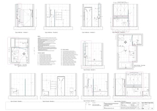 Issue Date Amendments Job:
Proposed Residential Development
1-9 Woniora Avenue
Wahroonga
Figured dimensions to be taken in preference to scale. Verify all
dimensions on site (vos). Copyright for the information contained
herein remains the property of Owen & Gilsenan Architects.
Drawing :
Date :
Drawing No. :
Drawn : JAP
Owen & Gilsenan Architects
Client:
Woniora Avenue Pty Ltd
Suite 4.1 P : (02) 9212 2417
105 Kippax Street F : (02) 9212 2617
Surry Hills NSW 2010 E : codesign@tpg.com.au
Issue :
Scale : 1:20 @ A1 , 1:40 @ A3
SR
SR
BA
LR
T6
BA
CL
200
VOS 1570 Betweem finished tiles surface
EQUALEQUALEQUALEQUAL
400 400
750
830
CL
680
ST
T1
T5
TR
MR
GL
PL
T1
T1
MR
WV
VMTR
LR
LR
PL
T6
T1
ST
1650
Type U Bathroom - Elevation 4Type U Bathroom - Elevation 1 Type U Bathroom - Elevation 2 Type U Bathroom - Elevation 3
Type Q Ensuite - Elevation 1 Type Q Ensuite - Elevation 4Type Q Ensuite - Elevation 3Type Q Ensuite - Elevation 2
600
900
GL
LA
1650
T5
SM
GL FW
AS
TH
WV
ST
VM
WC
LR
LR
T5
TH
BA
T1
T5
SM
AS
1000
LR
SM
800
450
BM
750
FW
12 4
3
Type Q Ensuite - Floor Plan
5
Type Q Ensuite - Elevation 5
TH
CL
WC
TH
T1
MR
80
Type U Bath & Type Q Ens.
For Ensuittes in the following units :-
B03
BA BA
600
750
865
800
T4
300
CC
WC
T1
CL
CL
450
A438
BMBM
BM
BM
WC
TH
WC
600
SR
SR
790
T1
T1
ST
SM
AS
1000
SR
740
T1
T5
T1
1800
1800
RH
200 200
RH
RH
200200
RH
RH RH
T1
T2
T3
T4
T5
T6
T7
- Wall Tiling as specified in schedule of finishes
- Wall Tiling as specified in schedule of finishes
- Floor Tiling as specified in schedule of finishes
- Feature Tiling as specified in schedule of finishes
- Wall Tiling as specified in schedule of finishes
- Wall Tiling as specified in schedule of finishes
- Wall Tiling as specified in schedule of finishes
ST
GL
MR
- Stone Bench top & Splash back as specified in schedule of finishes
- Mirrors as specified in schedule of finishes
- Toughened shower glass as specified in schedule of finishes
Finishes Legend
PU
LA
- Polyurethane Joinery Doors as specified in schedule of finishes
- Laminate finish as specified in schedule of finishes
FW
LR
TR
TH
RV
WV
- Floor waste as specified in schedule of finishes
- Towel Ring as specified in schedule of finishes
- Toilet Paper Holder as specified in schedule of finishes
- Recessed Vanity as specified in schedule of finishes
- Wall Mounted Vanity as specified in schedule of finishes
- Ladder Towel Rail as specified in schedule of finishes
BA
WC
VM
BM
SM
SR
- Bath as specified in schedule of finishes
- Vanity Basin Mixer as specified in schedule of finishes
- Bath Mixer as specified in schedule of finishes
- Shower Mixer as specified in schedule of finishes
- Shower Rose as specified in schedule of finishes
- Toilet Pan as specified in schedule of finishes
AS
RH - Robe Hook as specified in schedule of finishes
- Shower Accessories Shelf as specified in schedule of finishes
CC - Concealed Cistern as specified in schedule of finishes
PL - Pelmet Lighting as specified in schedule of finishes
P.C. items Legend
Notes:-
- All tiled floors to have 5mm Impactamat or Regupol QT4010 underlay
under tiles.
- Stop wall & floor tiles 2-3mm short of edges and fill with resiliant caulking
compound equal to Bostik Seal N Flex
- Refer to Sheet B-19 Typical Bathroom & Ensuite Details for typical
Joinery widths and heights
- All dimensional setouts are from the finished tile surfaces with
dimensions as below
- Wet area setdowns in r.conc. slab have been drawn at 30mm deep
- Tile mortar bed has been drawn at 25mm thick
- Floor tiles have been drawn at 10mm thick
- Wall Tiles have been drawn at 9mm thick
- Non division walls have been drawn as 90mm stud with 6mm F.C.
sheeting & wall tiles
- All joinery to wet areas shall be constructed on marine grade base.
- Read in conjunnction with "ODCM" finishes and components schedules.
- Ensure all trims to wet areas are graded and finished for wet area use.
- Waterproofing to comply to B.C.A.
- All glazing to comply with A.S. 1288.
- Check all dimensions on site before producing shop drawings.
T1
T6
T1
T4
T5
ST
FW
LR
TR
TH
WV
WC
VM
SM
RH
CC
GL
FW
1
24
3
Type U Bathroom - Floor Plan
AS
200350
For Bathrooms in the following units :-
B03
CL
450
CL
425
SR
RH
TR
450
VM
MR
T1
Equal Equal EqualEqual
Equal
TR
VOS 1650 Betweem finished tiles surface
WV
VM
PL
LA
MR
ST
5
200
VM
WV
EQUALEQUAL
B 20.06.06 Ensuite Vanity changed
Service ducts reduced in size
B
20-06-06
 