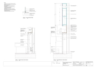 Issue Date Amendments Job:
Proposed Residential Development
1-9 Woniora Avenue
Wahroonga
Figured dimensions to be taken in preference to scale. Verify all
dimensions on site (vos). Copyright for the information contained
herein remains the property of Owen & Gilsenan Architects.
Drawing :
Date :
Drawing No. :
Drawn : JAP
Owen & Gilsenan Architects
Client:
Woniora Avenue Pty Ltd
Suite 4.1 P : (02) 9212 2417
105 Kippax Street F : (02) 9212 2617
Surry Hills NSW 2010 E : codesign@tpg.com.au
Issue :
Scale : 1:20 @ A1 , 1:40 @ A3
BACK RUBBER SEAL
TOUGHENED GLASS SHOWER
SCREEN TO B.C.A. AND A.S. 1288
LINE OF FINISHED FLOOR OR BATH HOB
Detail 3 - Typical Shower Detail
Scale 1:2 @ A1 1:4 @ A3
NOMIAL 20mm * 20mm ALUMINIUM
CHANNEL FIXED TO FLOOR & WALL
LINE OF FINISHED FLOOR
LINE OF FINISHED BATH HOB
GLAZING BEAD
SIILICONE SEALANT - CONTRACTOR
TO ENSURE WATERPROOF SEAL
ALIGN
Detail 2 - Typical Bathroom Vanity Section
Scale 1:5 @ A1 1:10 @ A3
SELECTED STONE SPLASHBACK AND
BENCH TOP AS SPECIFIED
SELECTED WALL MOUNTED VANITY
BASIN WITH SHROUD AS SPECIFIED
SEAL EDGES OF VANITY BASIN TO
MANUFACTURERS RECOMENDATIONS
WALL MOUNTED JOINERY CABINET
SELECTED WALL TILE AS
SPECIFIED
SELECTED FLOOR TILE AS
SPECIFIED
CLEAR SILICONE JOINT AT JUNCTION
LINE OF 6mm FIBRE CEMENT SHEETING
LINE OF WALL
NOMINAL 25mm THK.
MORTAR BED
WHITE MELAMINE CARCASS OF
CABINET & SHELVES, NOMINAL 20mm
THICK
POLYURETHANE FINISHED, ARISS
EDGE MIRROR FACED, DOORS TO
CABINET AS SPECIFIED
SELECTED VANITY BASIN MIXER AS
SPECIFIED
ALIGN FACE OF MIRRORED
DOORS & FINISHED TILE
FACE WIITH EDGE OF STONE
BENNCH TOP
20251150
11905
360
865
920
WATERPROOF MEMBRANE
TO BCA STANDARDS
DOORS OVERHANG FOR FINGER PULL
ENSURE BASE OF DOOR IS FINISHED
FLUSH WITH BASE OF MIRROR
SELECTED PELMET LIGHTING AS
SPECIFIED CONCEALED BEHIND FIXED
PANEL
207
280
200
WATERPROOF MEMBRANE
TO BCA STANDARDS
FRAME OUT AS REQUIRED
6mm FIBRE CEMENT SHEETING
150
ALLOW 5mm GAP BETWEEN MIRROR
TOP & PLASTERBOARD CEILING
360
Detail 1 - Typical Ensuite Vanity Section
Scale 1:5 @ A1 1:10 @ A3
SELECTED STONE SPLASHBACK
AND BENCH TOP AS SPECIFIED
SELECTED WALL TILE
AS SPECIFIED
SELECTED FLOOR
TILE AS
SPECIFIED
CLEAR SILICONE
JOINT AT
JUNCTION
NOMINAL 25mm
THK. MORTAR
BED
930
WATERPROOF
MEMBRANE TO
BCA STANDARDS
207
200
FRAME OUT AS REQUIRED
6mm FIBRE CEMENT SHEETING
CLEAR SILICONE AT
JUNCTION BETWEEN
TOILET PAN & TILES
SELECTED TOILET PAN
& LID AS SPECIFIED
SELECTED CONCEALED
CISTERN & DUAL
FLUSH BUTTON
NOMINAL 5mm * 5mm
ALUMINIUM ANGLE TRIM
BETWEEN VANITY TOP AND
TILES. SILICONE SEAL
BEHIND FOR WATERPROOF
FINISH
NOMINAL 5mm * 5mm
ALUMINIUM ANGLE TRIM
BETWEEN VANITY TOP AND
TILES. SILICONE SEAL
BEHIND FOR WATERPROOF
FINISH820
1:5 @ A1 1:10 @ A3
1:2 @ A1 1:4 @ A3
Typical Bath & Ensuite Det.
A439
Notes:-
- All tiled floors to have 5mm Impactamat or Regupol QT4010 underlay
under tiles.
- Stop wall & floor tiles 2-3mm short of edges and fill with resiliant caulking
compound equal to Bostik Seal N Flex
- Refer to Sheet B-19 Typical Bathroom & Ensuite Details for typical
Joinery widths and heights
- All dimensional setouts are from the finished tile surfaces with
dimensions as below
- Wet area setdowns in r.conc. slab have been drawn at 30mm deep
- Tile mortar bed has been drawn at 25mm thick
- Floor tiles have been drawn at 10mm thick
- Wall Tiles have been drawn at 9mm thick
- Non division walls have been drawn as 90mm stud with 6mm F.C.
sheeting & wall tiles
- All joinery to wet areas shall be constructed on marine grade base.
- Read in conjunnction with "ODCM" finishes and components schedules.
- Ensure all trims to wet areas are graded and finished for wet area use.
- Waterproofing to comply to B.C.A.
- All glazing to comply with A.S. 1288.
- Check all dimensions on site before producing shop drawings.
B
20-06-06
B 20.06.06 Ensuite Vanity changed
Service ducts reduced in size
 