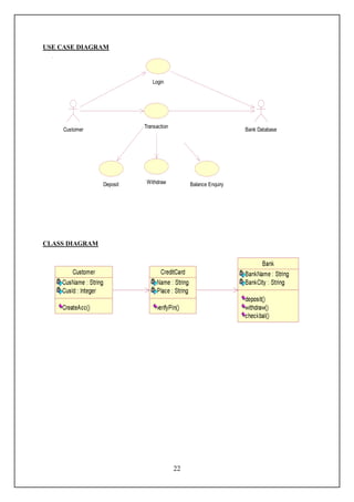USE CASE DIAGRAM




                             Login




                          Transaction
    Customer                                                   Bank Database




                Deposit    Withdraw          Balance Enquiry




CLASS DIAGRAM




                                        22
 