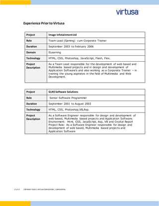 17 of17 COPYRIGHT ©2015 VIRTUSACORPORATION | CONFIDENTIAL
Experience Prior to Virtusa
Project Image InfotainmentLtd
Role Team Lead (Gaming) cum Corporate Trainer
Duration September 2003 to February 2006
Domain ELearning
Technology HTML, CSS, Photoshop, JavaScript, Flash, Flex.
Project
Description
As a Team Lead responsible for the development of web based and
Multimedia based projects and in design and development of
Application Software’s and also working as a Corporate Trainer – in
training the young aspirates in the field of Multimedia and Web
Development.
Project GLNSSoftware Solutions
Role Senior Software Programmer
Duration September 2001 to August 2003
Technology HTML, CSS, Photoshop,VB,Asp.
Project
Description
As a Software Engineer responsible for design and development of
web based, Multimedia based projects and Application Software.
Environment: Html, CSS, JavaScript, Asp, VB and Crystal Report
Project Role: As a Software Engineer responsible for design and
development of web based, Multimedia based projects and
Application Software
 