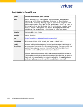 3 of17 COPYRIGHT©2015 VIRTUSA CORPORATION | CONFIDENTIAL
Projects Workedonat Virtusa
Project AffinionInternational:North America
Role UI/UX Architect with the following responsibilities: Requirements
Gathering, UI Architectural Design, Designing UI Spec ification
documents, Designing Mockup pages in responsive design for both
desktop and tablet view. Getting the requirements from the client at
the very low level and designing the UI architecture, creating page
layouts design & navigation flow design. Managing UI team and
supporting the development team on the UI front end design.
Duration October 2015 to till date
Domain Retail Services
URL http://10.64.253.25:8085/dashboard/manager/cei/
Technology Photoshop, HTML, CSS, JavaScript, JQuery, HightCharts
Project
Description
Affinion International,a division of Affinion Group,providesa widerangeof
protection and assistance,lifestyleand travel productsthatyou can offeryour
customers to add value and driveincreased brand affinity and customer
retention,whilst building incrementalrevenuestreams.
Affinion Internationalhasmorethan 1,500 employeesand offersservicesin
16 countriesthroughoutEurope,Africa and South America.Over 40 years,we
havebuilt an impressive client basethat includes13 of thetop 20 EU banks
and many of Europe’spremierbrandsin travel,telecoms and retail.
 
