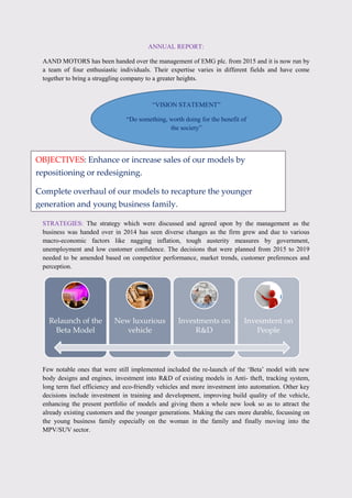 ANNUAL REPORT:
AAND MOTORS has been handed over the management of EMG plc. from 2015 and it is now run by
a team of four enthusiastic individuals. Their expertise varies in different fields and have come
together to bring a struggling company to a greater heights.
STRATEGIES: The strategy which were discussed and agreed upon by the management as the
business was handed over in 2014 has seen diverse changes as the firm grew and due to various
macro-economic factors like nagging inflation, tough austerity measures by government,
unemployment and low customer confidence. The decisions that were planned from 2015 to 2019
needed to be amended based on competitor performance, market trends, customer preferences and
perception.
Few notable ones that were still implemented included the re-launch of the „Beta‟ model with new
body designs and engines, investment into R&D of existing models in Anti- theft, tracking system,
long term fuel efficiency and eco-friendly vehicles and more investment into automation. Other key
decisions include investment in training and development, improving build quality of the vehicle,
enhancing the present portfolio of models and giving them a whole new look so as to attract the
already existing customers and the younger generations. Making the cars more durable, focussing on
the young business family especially on the woman in the family and finally moving into the
MPV/SUV sector.
Relaunch of the
Beta Model
New luxurious
vehicle
Investments on
R&D
Invesmtent on
People
“VISION STATEMENT”
“Do something, worth doing for the benefit of
the society”
OBJECTIVES: Enhance or increase sales of our models by
repositioning or redesigning.
Complete overhaul of our models to recapture the younger
generation and young business family.
 