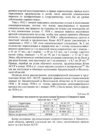рением властей восстанавливать в правах переселенцев, прежде всего
передовиков производства и детей, часть жителей спецпоселков
перешла от конфронтации к сотрудничеству, хотя бы на уровне
соблюдения «правил игры».
Уже с 1932 г. начали передавать сенокосные угодья в пользование
спецпереселенцам, потому что земли, находившиеся в ведении
спецпоселков, как правило, не годились не только для земледелия, но
и под сенокосные угодья. С 1938 г. начался переход неуставных
артелей спецпоселков на устав, чтобы тем самым уравнять обычные
колхозы с трудпоселенческими. В 1938 г. обеспеченность скотом и
пахотной землей в трудпоселках Коми АССР резко увеличилась в
сравнении с 1933 г. Об этом свидетельствует следующее. За 5 лет
количество переселенцев в перерасчете на 1 голову сельскохозяйст-
венного животного и 1 га пахотной земли сократилось: на 1 лошадь -
с 41 до 13 чел., на 1 корову - с 49 до 5,3 чел., на 1 голову «другого
скота» (овцу, свинью) - с 41 до 19; на 1 га пашни - с 13 до 4 чел.
Лишь обеспеченность сенокосными угодьями снизилась (а их было в
два раза больше, чем пахотных): на 1 га сенокоса - с 6,7 до 29 чел.'®"'
Правда, перейдя на устав обычного колхоза, трудпоселенцы Коми
АССР в конце 1930-х гг. стали массово уходить в леспромхозы'®''. Но
так же поступали и обычные колхозники Архангельской и Вологод-
ской областей.
Подводя итоги рассмотрению демографической ситуации в труд-
поселках Коми АО / АССР, приведем сравнительные статистические
данные по Архангельской и Вологодской областям за П полугодие
1938 г. В конце 1930-х гг. темпы преодоления демографического
кризиса (по состоянию на 1 января 1939 г.) были выше, чем в середи-
не 1930-х гг.
Таблица 38
Динамика численности трудпоселенцев бывшего Северного края
(кол-во чел. =
Территория 01.07.38 01.01.39 Убыль (%)
Архангельская обл. 39 031=56.7 38 920=57.7 -0,3
Вологодская обл. 9606=14 9529=14.1 -0.8
Коми АССР 20 172=29,3 18 968=28,2 -6.3
"Всего по региону (100%) 68 809 67 417 -0,2
Более половины трудпоселенцев сосредоточивалось в Архангель-
ской области, причем удельный вес их здесь увеличивался прежде
всего за счет Коми АССР.
110
Copyright ОАО «ЦКБ «БИБКОМ» & ООО «Aгентство Kнига-Cервис»
 