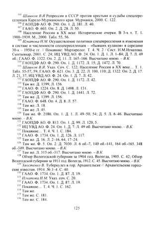 Шишков В.Я Репрессии в СССР против крестьян и судьбы спецпере-
селенцев Карело-Мурманского края. Мурманск, 2000. С. 122.
ГАОПДФ АО. Ф. 290. Оп. 1. Д. 381. Л. 40.
ГААО. Ф. 603. Оп. 2. Д. 28. Л. 50.
Население России в XX веке. Исторические очерки. В 3-х т. Т. 1.
1900-1939. М., 2000. Табл. 55, 56.
"" Игнатова Н.М. Осуществление политики спецпереселения и изменения
в составе и численности спецпереселенцев - «бывших кулаков» в середине
30-х - 1950-е гг. // Покаяние: Мартиролог. Т. 4. Ч. 2 / Сост. Н.М.Игнатова.
Сыктывкар, 2001. С. 24; ИЦ УВД АО. Ф. 24. Оп. 1. Д. I. Л. 1-84; Д. 7. Л. 49
об.; ГААО. Ф. 1322. Оп. 2. Д. П Л. 165-166. Высчитано мною. - б.A'.
ГАОПДФ АО. Ф. 290. Оп. 1. Д. 1172. Л. 15; Д. 1472. Л. 70.
Шишков В.Я. Указ. Соч. С. 122; Население России в XX веке... Т. 1.
Табл. 55-57, 59; ГААО. Ф. 621. Оп. 3. Д. 22. Л. 100, 110; Д. 1322. Оп. 2. Д. 17.
Л. 21, 37; ИЦ УВД АО. Ф. 24. Оп. I. Д. 7. Л. 42.
ГАОПДФ АО. Ф. 290. Оп. 1. Д. 1172. Л. 42.
' " Т а м же. Д. 1399, Л. 156.
ГААО. Ф. 1224. Оп. 8. Д. 1498. Л. 131.
ГАОПДФ АО. Ф. 290. Оп. 1. Д. 1441. Л. 72.
'""Там же. Д. 1399. Л. 156.
ГААО. Ф. 648. Оп. 4. Д. 8. Л. 57.
' " Т а м же. Л. 18.
' " Т а м же. Л. 45.
Там же. Ф. 2186. Оп. 1. Д. 1. Л. 49-50, 54; Д. 5. Л. 6-46. Высчитано
мною. - В.К.
'-' ГАОПДФ АО. Ф, 813. Оп. 1. Д. 99. Л. 120, 5.
ИЦ УВД АО. Ф. 24. Оп. I. Д. 7. Л. 49 об. Высчитано мною. - В К.
'-- Покаяние... Т. 4. Ч. 1. С. 184.
'-••ГААО. Ф. 1734. Оп. 1.Д. 126. Л. 117.
Там же. Д. 16. Л. 2-16. 64, 17-24.
Там же. Ф. 5. Оп. 2. Д. 7030. Л. 6 об.-7, 140 об.-141, 164 об.-165. 348
об.-349. Высчитано мною. - В.К.
Там же. Л. 315 об.-317. Высчитано мною. - В.К.
Обзор Вологодской губернии за 1904 год. Вологда, 1905. С. 42; Обзор
Вологодской губернии за 1911 год. Вологда, 1912. С. 45. Высчитано мною.- В.К.
'"'' Хвостенко В. Туберкулез в гор. Архангельске l' Архангельские город-
ские известия. 1914. № 3 ^ . С. 40.
"" ГААО. Ф. 1734. Оп. 1. Д. 87. Л. 19.
Игнатова Н.М. Указ. соч. С. 20.
ГААО. Ф. 1734. Оп. 1. Д. 87. Л. 19.
Покаяние... Т. 4. Ч. 1. С. 162.
Там же.
" ' Т а м же. С. 181.
""Там же. С. 184.
125
Copyright ОАО «ЦКБ «БИБКОМ» & ООО «Aгентство Kнига-Cервис»
 