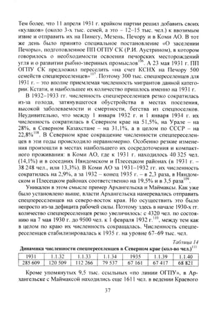 Тем более, что 11 апреля 1931 г. крайком партии решил добавить своих
«кулаков» (около 3-х тыс. семей, а это - 12-15 тыс. чел.) к ввозимым
извне и отправить их на Пинегу, Мезень, Печору и в Коми АО. В тот
же день было принято специальное постановление «О заселении
Печоры», подготовленное ПП ОГПУ СК (Р.И. Аустрином), в котором
говорилось о необходимости освоения печорских месторождений
угля и о развитии рыбно-звериных промыслов' А 23 мая 1931 г. ПП
ОГПУ СК предложил переселить «на счет КСНХ на Печору 500
семейств спецпереселенцев»'"'. Поэтому 300 тыс. спецпереселенцев для
1931 г. - это вполне приемлемая численность мигрантов данной катего-
рии: Кстати, и наибольшее их количество пришлось именно на 1931 г.
В 1932-1933 гг. численность спецпереселенцев резко сократилась
из-за голода, затянувшегося обустройства в местах поселения,
высокой заболеваемости и смертности, бегства из спецпоселков.
Неудивительно, что между 1 января 1932 г. и 1 января 1934 г. их
численность сократилась в Северном крае на 51,5%, на Урале - на
28%, в Северном Казахстане - на 31.1%, а в целом по СССР - на
22,8%'"*. В Северном крае сокращение численности спецпереселен-
цев в эти годы происходило неравномерно. Особенно резкие измене-
ния произошли в местах наибольшего их сосредоточения и компакт-
ного проживания: в Коми АО, где к 1931 г. находилось 40 325 чел.
(14,1%) и в соседних Няндомском и Плесецком районах (в 1931 г. -
38 248 чел., или 13,3%). В Коми АО за 1931-1932 гг. их численность
сократилась на 2,9%, а за 1932 - конец 1935 г. - в 2,3 раза, в Няндом-
ском и Плесецком районах соответственно на 19,5% и в 3,5 раза'"'.
Уникален в этом смысле пример Архангельска и Маймаксы. Как уже
было установлено выше, власти Архангельска намеревались отправить
спецпереселенцев на северо-восток края. Но осуществить это было
непросто из-за дефицита рабочей силы. Поэтому здесь в начале 1930-х гг.
количество спецпереселенцев резко увеличилось: с 4320 чел. по состоя-
нию на 7 мая 1930 г. до 9500 чел. к 1 февраля 1932 г."", между тем как
в целом по краю их численность сокращалась. Численность спецпе-
реселенцев стабилизировалась к 1935 г. на уровне 67-69 тыс. чел.
Таблица 14
Динамика численности cneunepececiieHues в Северном крае (кол-во чел.)'"
1931 1.1.32 1.1.33 1.1.34 1935 1.1.39 1.1.40
285 609 120 509 112 266 79 537 67 161 67 417 68 821
Кроме упомянутых 9,5 тыс. ссыльных «по линии ОГПУ», в Ар-
хангельске с Маймаксой находились еще 1611 чел. в ведении Краевого
37
Copyright ОАО «ЦКБ «БИБКОМ» & ООО «Aгентство Kнига-Cервис»
 