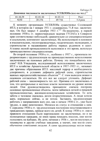 Таблица 23
Динамика численности заключенных УСЕВЛОНа (кол-во чел.)""'
01.10.29 01.01.30 01.01.31 Рост
9250 20 276 49 716 5,4 раза
К моменту организации УСЕВЛОНа существовал Соловецкий
ИТЛ, в котором на 1 января 1931 г. содержалось 71,8 тыс. заключен-
ных. Он был закрыт 4 декабря 1933 г.^^" По-видимому, в первой
половине 1930-х гг. первоочередным задачам ГУЛАГа в Северном
крае соответствовал небольшой, сравнительно со спецпереселенцами
и ссыльными, контингент заключенных. Их использовали в основном
в изыскательских, геологоразведочных, геодезических экспедициях, в
строительстве и налаживании работы первых рудников и шахт.
А планы лесной промышленности выполняли в это время, используя
преимущественно спецпереселенцев.
Во второй половине 1930-х гг.. особенно с 1937 г., произошла пе-
реориентация с трудпоселенцев на преимущественное использование
заключенных на основных работах. Почему это понадобилось вла-
стям? Н.В. Упадышев, исследовавший использование заключенных
ИТЛ в хозяйстве Архангельской области в 1937-1953 гг., называет
две причины образования ИТЛ: массовый террор и необходимость
ускоренного, в условиях дефицита рабочей силы, строительства
важных народнохозяйственных объектов"^ С этим выводом можно в
основном согласиться. Но его все же следует уточнить. Дефицит
рабочей силы - закономерность тех лет. Причина его заключалась в
том, что центральные и местные власти экономили на уровне жизни
людей. Они руководствовались принципом: сначала построим
основные промышленные объекты, затем займемся легкой и пищевой
промышленностью, жилищно-коммунальным хозяйством. То есть
забота о человеке оказалась делом второстепенным. А люди хотели
жить нормально сейчас, а не потом. Заставить трудпоселенцев
работать с напряжением всех сил, как в начале 1930-х гг., уже было
трудно, и даже невозможно. Менялся их статус и отношение к ним.
С середины 1930-х гг. трудпоселенцев постепенно восстанавливали в
гражданских правах, прежде всего их детей. К концу 1930-х гг. они в
правовом отношении были маргиналами: не заключенные, но и не
полноценные граждане, не имея права покидать поселок, они могли
голосовать на выборах. Их дети, начиная с 1936 г., могли поступать в
техникумы и другие учебные заведения, а значит, они могли стать
обычными советскими людьми. А сами трудпоселенцы могли повы-
62
Copyright ОАО «ЦКБ «БИБКОМ» & ООО «Aгентство Kнига-Cервис»
 