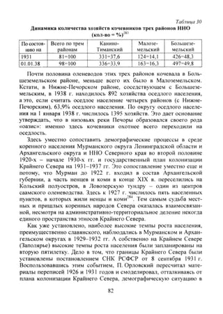 Таблица 30
Динамика количества хозяйств кочевников трех районов ННО
(кол-во = Vof^^
По состоя- Всего по трем Канино- Малозе- Большезе-
нию на районам Тиманский мельский мельский
1931 81-100 331=37,6 124=14,1 426=48,3
01.01.38 98=100 336=33,9 163=16,3 497-49,8
Почти половина оленеводов этих трех районов кочевала в Боль-
шеземельском районе, меньше всего их было в Малоземельском.
Кстати, в Нижне-Печорском районе, соседствующем с Большезе-
мельским, в 1938 г. находилось 892 хозяйства оседлого населения,
а это, если считать оседлое население четырех районов (с Нижне-
Печорским), 63,9% оседлого населения. По округу оседлого населе-
ния на 1 января 1938 г. числилось 1395 хозяйств. Это дает основание
утверждать, что в низовьях реки Печоры образовался своего рода
«оазис»: именно здесь кочевники охотнее всего переходили на
оседлость.
Здесь уместно сопоставить демографические процессы в среде
коренного населения Мурманского округа Ленинградской области и
Архангельского округа и ННО Северного края во второй половине
1920-х - начале 1930-х гг. и государственный план колонизации
Крайнего Севера на 1931-1937 гг. Это сопоставление уместно еще и
потому, что Мурман до 1922 г. входил в состав Архангельской
губернии, а часть ненцев и коми в конце XIX в. переселились на
Кольский полуостров, в Ловозерскую тундру - один из центров
саамского оленеводства. Здесь к 1927 г. числилось пять населенных
пунктов, в которых жили ненцы и коми"^''. Тем самым судьба мест-
ных и пришлых коренных народов Севера оказалась взаимосвязан-
ной, несмотря на административно-территориальное деление некогда
единого пространства этносов Крайнего Севера.
Как уже установлено, наиболее высокие темпы роста населения,
преимущественно славянского, наблюдались в Мурманском и Архан-
гельском округах в 1929-1932 гг. А собственно на Крайнем Севере
(Заполярье) высокие темпы роста населения были запланированы на
вторую пятилетку. Дело в том, что границы Крайнего Севера были
установлены постановлением СНК РСФСР от 8 сентября 1931 г.
Воспользовавшись этим событием, П. Орловский пересчитал мате-
риалы переписей 1926 и 1931 годов и смоделировал, отталкиваясь от
плана колонизации Крайнего Севера, демографическую ситуацию в
82
Copyright ОАО «ЦКБ «БИБКОМ» & ООО «Aгентство Kнига-Cервис»
 