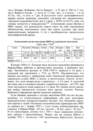 чел.), Юшаре (Хабарове, бухта Варнек) - в 25 раз (с 200 до 5 тыс.
чел.), Воркуте-Адьзва - с нуля до 12 тыс. чел., а в целом - с 6 до
42 тыс. чел., то есть в 7 раз. В результате этого демографического
взрыва власти надеялись увеличить удельный вес промышленно-
городского населения более чем в 2 раза: с 30,9% до 64,5%, зная, что
«ненцы останутся в меньшинстве»"Сопоставляя планы Центра и
ННО, видим, что руководство округа взяло на себя повышенные
обязательства, выполнимые лишь при одном условии: при ввозе
принудительных мигрантов. А это с неизбежностью предполагало
демографический кризис.
Таблица 31
Этнический состав населения ННО по переписям населения
(тыс. чел. =
Годы Русские Ненцы Коми Укр. Белору- Про- Все
сы чие население
1926 7,3=51 4,1=28,72,7=18,90,1=0,7 - 0,1=0,7 14,3=100
1939 32,1=69,55,6=12,1 6=13 1,4=3 0,3=0,7 0,8=1,7 46,2=100
Итого 439,7 36,3 222,2 1400 - 800 323,1
прирост (%)
В конце 1930-х гг. большая часть русского населения проживала в
Нарьян-Маре, рабочих и промысловых поселках, в районных цен-
трах. Численность русских за 1926-1939 гг. выросла в 4,4 раза, а
удельный вес увеличился с 51% до 69,5%. Неудивительно, что
именно они вместе с мигрантами иной этнической принадлежности
определяли судьбу ННО, а значит, и автохтонных этносов. Естест-
венно. что доля ненцев резко сократилась - в 2,4 раза. А удельный
вес коми, как и следовало ожидать, сократился меньше - на 5,9%, при
этом численность коми выросла в 2,2 раза. По темпам роста населе-
ния ненцы значительно уступали всем другим этносам. Расчеты
Ненецкого окружкома партии оказались верными.
Если общими данными о составе населения ННО мы все же рас-
полагаем, то статистическую информацию обо всех категориях
принудительных мигрантов выявить труднее. Так, Ненецкий окруж-
ком партии в своей «Политико-экономической характеристике ННО
по данным на 1 января 1932 г.» учел только административно вы-
сланных: в Нарьян-Маре - 63 чел., на селе - 18 чел., всего - 81 чел."^*
И это закономерно, потому что с 1931 г. было запрещено публико-
вать данные о раскулаченных. Между тем на острове Вайгач в
декабре 1932 г. числилось 1100 заключенных Вайгачской Экспеди-
84
Copyright ОАО «ЦКБ «БИБКОМ» & ООО «Aгентство Kнига-Cервис»
 