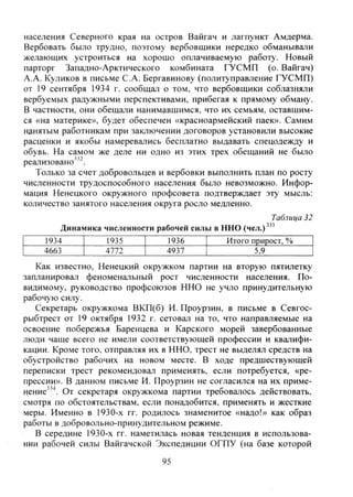 населения Северного края на остров Вайгач и лагпункт Амдерма.
Вербовать было трудно, поэтому вербовщики нередко обманывали
желающих устроиться на хорошо оплачиваемую работу. Новый
парторг Западно-Арктического комбината ГУСМП (о. Вайгач)
А.А. Куликов в письме С.А. Бергавинову (политуправление ГУСМП)
от 19 сентября 1934 г. сообщал о том, что вербовщики соблазняли
вербуемых радужными перспективами, прибегая к прямому обману.
В частности, они обещали нанимавшимся, что их семьям, оставшим-
ся «на материке», будет обеспечен «красноармейский паек». Самим
нанятым работникам при заключении договоров установили высокие
расценки и якобы намеревались бесплатно выдавать спецодежду и
обувь. На самом же деле ни одно из этих трех обещаний не было
реализовано'"''.
Только за счет добровольцев и вербовки выполнить план по росту
численности трудоспособного населения было невозможно. Инфор-
мация Ненецкого окружного профсовета подтверждает эту мысль:
количество занятого населения округа росло медленно.
Таблица 32
Динамика численности рабочей силы в ННО (чел.)"'
1934 1935 1936 Итого прирост. %
4663 4772 , 4937 ^ 9 ~
Как известно. Ненецкий окружком партии на вторую пятилетку
запланировал феноменальный рост численности населения. По-
видимому, руководство профсоюзов ННО не учло принудительную
рабочую силу.
Секретарь окружкома ВКП(б) И. Проурзин, в письме в Севгос-
рыбтрест от 19 октября 1932 г. сетовал на то, что направляемые на
освоение побережья Баренцева и Карского морей завербованные
люди чаще всего не имели соответствующей профессии и квалифи-
кации. Кроме того, отправляя их в ННО, трест не выделял средств на
обустройство рабочих на новом месте. В ходе предшествующей
переписки трест рекомендовал применять, если потребуется, «ре-
прессии». В данном письме И. Проурзин не согласился на их приме-
нение"'*. От секретаря окружкома партии требовалось действовать,
смотря по обстоятельствам, если понадобится, применять и жесткие
меры. Именно в 1930-х гг. родилось знаменитое «надо!» как образ
работы в добровольно-принудительном режиме.
В середине 1930-х гг. наметилась новая тенденция в использова-
нии рабочей силы Вайгачской Экспедиции ОГПУ (на базе которой
95
Copyright ОАО «ЦКБ «БИБКОМ» & ООО «Aгентство Kнига-Cервис»
 