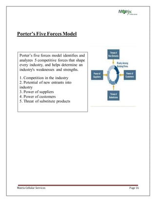 Matrix Cellular Services Page 16
Porter’s Five Forces Model
Porter’s five forces model identifies and
analyzes 5 competitive forces that shape
every industry, and helps determine an
industry's weaknesses and strengths.
1. Competition in the industry
2. Potential of new entrants into
industry
3. Power of suppliers
4. Power of customers
5. Threat of substitute products
 