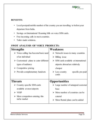 Matrix Cellular Services Page 35
BENEFITS:
• Local postpaid mobile number of the country you are travelling to beforeyour
departure from India.
• Savings on International Roaming bills on voice SIM cards.
• Free incoming calls in most countries.
• Tailor made solutions.
SWOT ANALYSIS OF VOICE PRODUCTS:
Strengths
 Voice calling has becomebasic need
of an individual
 Customized plans to cater different
types of audience
 Competitive pricing
 Provide complementary handsets
Weakness
 Network issues in many countries
 Billing issue
 SIM cards available at international
airports abroad are relatively
cheaper
 Less country specific pre-paid
cards
Threats
 Country specific SIM cards
available at most airports
 VOIP
 More competitors entering this
niche market
Opportunities
 Large number of untapped customer
base
 More number of countries can be
catered
 More Rental plans can be added
 