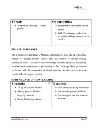 Matrix Cellular Services Page 39
Threats
 Competitors launching similar
product
Opportunities
 More number of countries can be
catered
 FOREX marketing can be done
separately and huge revenue can be
raked in
TRAVEL INSURANCE:
This is the new productadded to Matrix productportfolio. It has a tie up with Apollo
Munich for insuring traveler. Various plans are available for traveler availing
traveling insurance. I don’thave much knowledge about this productas it is recently
launched and Company is yet to give training on this. The scopeof this productcan
be derived with the compulsion of Travel insurance for visa purpose in some
countries like Schengen countries.
SWOT ANALYSIS OF TRAVEL CARDS:
Strengths
 Tie up with Apollo Munich
 Already possessdatabase
targeting customer
 Strong Distributing channel
for Weakness
 Low awareness among the masses
 Not the main productof Matrix
 Customer give less importance to
insurance
 