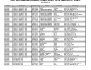 ELENCO OFICIAL DOS MEDICAMENTOS DISPONIBILIZADOS PELO PROGRAMA AQUI TEM FARMÁCIA POPULAR - SISTEMA DE
                                                            COPAGAMENTO


    PATOLOGIA                   PRINCÍPIO ATIVO     CÓDIGO DE BARRA              PRODUTO               LABORATÓRIO                      APRESENTAÇÃO
HIPERTENSÃO       CLORIDRATO DE PROPRANOLOL 40MG   7897595605016      CARDBLOC                    SANDOZ             40 MG COM CT BL AL PLAS AMB X 30
HIPERTENSÃO       CLORIDRATO DE PROPRANOLOL 40MG   7896472502028      CARDIX                      MULTILAB           40 MG COM CT 4 BL AL PLAS X 10
HIPERTENSÃO       CLORIDRATO DE PROPRANOLOL 40MG   7896523210438      CLORIDRATO DE PROPRANOLOL   CIMED              40 MG COM CT BL AL PLAS INC X 30
HIPERTENSÃO       CLORIDRATO DE PROPRANOLOL 40MG   7896004707341      CLORIDRATO DE PROPRANOLOL   GENERICOS GERMED   40MG 4 BL X 15 COMP
HIPERTENSÃO       CLORIDRATO DE PROPRANOLOL 40MG   7896004706160      CLORIDRATO DE PROPRANOLOL   GENERICOS GERMED   40MG X 30 COMP
HIPERTENSÃO       CLORIDRATO DE PROPRANOLOL 40MG   7896422515535      CLORIDRATO DE PROPRANOLOL   MEDLEY             40 MG COM CT BL AL PLAS INC X 30
HIPERTENSÃO       CLORIDRATO DE PROPRANOLOL 40MG   7896422515573      CLORIDRATO DE PROPRANOLOL   MEDLEY             40 MG COM CT BL AL PLAS INC X 90 (EMB HOSP)
HIPERTENSÃO       CLORIDRATO DE PROPRANOLOL 40MG   7896714205182      CLORIDRATO DE PROPRANOLOL   NEO QUIMICA        40 MG COM CT 2 BL AL PLAS INC X 15
HIPERTENSÃO       CLORIDRATO DE PROPRANOLOL 40MG   7898216362431      CLORIDRATO DE PROPRANOLOL   PHARLAB            40 MG COM CT BL AL PLAS INC X 30
HIPERTENSÃO       CLORIDRATO DE PROPRANOLOL 40MG   7898148295784      CLORIDRATO DE PROPRANOLOL   PRATI, DONADUZZI   40 MG COM CT BL AL PLAS INC X 20
HIPERTENSÃO       CLORIDRATO DE PROPRANOLOL 40MG   7896112148708      CLORIDRATO DE PROPRANOLOL   TEUTO              COMP. 40 MG - CX C/ 20
HIPERTENSÃO       CLORIDRATO DE PROPRANOLOL 40MG   7896112110576      CLORIDRATO DE PROPRANOLOL   TEUTO              COMP. 40 MG - CX C/ 30
HIPERTENSÃO       CLORIDRATO DE PROPRANOLOL 40MG   7896112149187      CLORIDRATO DE PROPRANOLOL   TEUTO              COMP. 40 MG - CX C/ 40
HIPERTENSÃO       CLORIDRATO DE PROPRANOLOL 40MG   7896006245193      CLORIDRATO DE PROPRANOLOL   UNIAO QUIMICA      40 MG COM CT 2 BL AL PLAS INC. X 10
HIPERTENSÃO       CLORIDRATO DE PROPRANOLOL 40MG   7896006245247      CLORIDRATO DE PROPRANOLOL   UNIAO QUIMICA      40 MG COM CT 3 BL AL PLAS INC. X 10
HIPERTENSÃO       CLORIDRATO DE PROPRANOLOL 40MG   7896006245278      CLORIDRATO DE PROPRANOLOL   UNIAO QUIMICA      40 MG COM CT 4 BL AL PLAS INC. X 10
HIPERTENSÃO       CLORIDRATO DE PROPRANOLOL 40MG   7896714204987      HIPERNOLOL                  NEO QUIMICA        COMP 40MG (CX C/2 BL C/20)
HIPERTENSÃO       CLORIDRATO DE PROPRANOLOL 40MG   7896714200293      HIPERNOLOL                  NEO QUIMICA        COMP 40MG (CX C/2 BL C/20)
HIPERTENSÃO       CLORIDRATO DE PROPRANOLOL 40MG   7896206400279      INDERAL                     ASTRAZENECA        40 MG COMP CT 2 STR AL/AL X 10
HIPERTENSÃO       CLORIDRATO DE PROPRANOLOL 40MG   7898216362462      PHARNOLOL                   PHARLAB            40 MG COM CT BL AL PLAS INC X 30
HIPERTENSÃO       CLORIDRATO DE PROPRANOLOL 40MG   7899095200685      POLOL                       GEOLAB             40 MG COMP. CT 02 BL X 20
HIPERTENSÃO       CLORIDRATO DE PROPRANOLOL 40MG   7896707200682      PRADINOLOL                  DUCTO              COMP 40MG (CX C/02 BL C/20)
HIPERTENSÃO       CLORIDRATO DE PROPRANOLOL 40MG   7896707243115      PRADINOLOL                  DUCTO              COMP 40MG (CX C/03 BL C/10)
HIPERTENSÃO       CLORIDRATO DE PROPRANOLOL 40MG   7896707200460      PRADINOLOL                  DUCTO              COMP 40MG (CX C/04 BL C/10)
HIPERTENSÃO       CLORIDRATO DE PROPRANOLOL 40MG   7893736001631      PRANOLAL                    CAZI               40 MG COMP CT FR VD AMB X 50
HIPERTENSÃO       CLORIDRATO DE PROPRANOLOL 40MG   7896862910259      PRESSOFLUX                  MEDQUIMICA         40MG CX. C/ 40 COMP.
HIPERTENSÃO       CLORIDRATO DE PROPRANOLOL 40MG   7896286461030      PRONOCARD                   CIBRAN             40 MG COMP CX COM 40
HIPERTENSÃO       CLORIDRATO DE PROPRANOLOL 40MG   7896782802597      PRONOL                      HERALD'S           40MG COMP CX C/ 40
HIPERTENSÃO       CLORIDRATO DE PROPRANOLOL 40MG   7898103650399      PRONOLOL 40MG               MILIAN             CAIXA COM 20 CPDS
HIPERTENSÃO       CLORIDRATO DE PROPRANOLOL 40MG   7898103650405      PRONOLOL 40MG               MILIAN             CAIXA COM 40 CPDS
HIPERTENSÃO       CLORIDRATO DE PROPRANOLOL 40MG   7893353606813      PROPACOR                    BUNKER             CLOR.40 MG CX 20 COMP
HIPERTENSÃO       CLORIDRATO DE PROPRANOLOL 40MG   7898060131290      PROPALOL                    GLOBO              40MG COMP BL CX C/40
HIPERTENSÃO       CLORIDRATO DE PROPRANOLOL 40MG   7898100241132      PROPANOLON                  BRASTERAPICA       40MG COM CT 2 BL AL PLAS INC X 20
HIPERTENSÃO       CLORIDRATO DE PROPRANOLOL 40MG   7898078942291      PROPANOX                    ROYTON             40 MG - CX. C/ 40 COMP
HIPERTENSÃO       CLORIDRATO DE PROPRANOLOL 40MG   7898099380959      PROPARIL                    BIOFARMA           40 MG COMP 2 BLX20
HIPERTENSÃO       CLORIDRATO DE PROPRANOLOL 40MG   7896523206646      PROPRAMED                   CIMED              40 MG COM C/ 2 BL X 20
HIPERTENSÃO       CLORIDRATO DE PROPRANOLOL 40MG   7896523206387      PROPRAMED                   CIMED              40 MG CX C/ 20 COMP
HIPERTENSÃO       CLORIDRATO DE PROPRANOLOL 40MG   7897076905352      PROPRANOL (PROPRANOLOL)     HERALD'S           40 MG COMP CX C/ 40
HIPERTENSÃO       CLORIDRATO DE PROPRANOLOL 40MG   7894916550055      PROPRANOLOL AYERST          SIGMA PHARMA       40MG 2 BL X15 COMP
HIPERTENSÃO       CLORIDRATO DE PROPRANOLOL 40MG   7898089300554      PROPRANOLOM                 OSORIO DE MORAES   40,0 MG COMP CT C/ 2 BL C/ 20 COMP
HIPERTENSÃO       CLORIDRATO DE PROPRANOLOL 40MG   7896006280606      UNI PROPRALOL               UNIAO QUIMICA      COM CT 4 BL AL PLAS INC X 10
HIPERTENSÃO       HIDROCLOROTIAZIDA 25MG           7897595901521      CLORANA                     SANOFI-AVENTIS     25 MG COM CT BL PLAS PAPEL X 30
HIPERTENSÃO       HIDROCLOROTIAZIDA 25MG           7898158695499      CLORIZIN                    CIFARMA            25MG COM CT BL AL PLAS INC X 30
HIPERTENSÃO       HIDROCLOROTIAZIDA 25MG           7898158690708      CLORIZIN                    CIFARMA            25MG CX COM 20 COMP
HIPERTENSÃO       HIDROCLOROTIAZIDA 25MG           7898078940976      DIURETIC                    ROYTON             25 MG - CX. C/ 20 COMP
HIPERTENSÃO       HIDROCLOROTIAZIDA 25MG           7893736002300      DIUREZIN                    CAZI               25 MG COMP CX CT 2 ENV KRAFT POLIET X 10
HIPERTENSÃO       HIDROCLOROTIAZIDA 25MG           7896112122432      DIURIX                      TEUTO              25 MG COM CT BL AL PLAS INC X 30
 