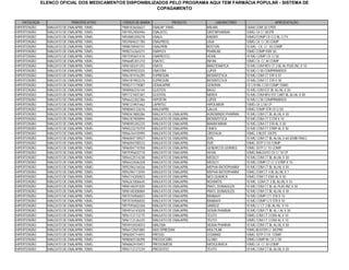 ELENCO OFICIAL DOS MEDICAMENTOS DISPONIBILIZADOS PELO PROGRAMA AQUI TEM FARMÁCIA POPULAR - SISTEMA DE
                                                            COPAGAMENTO


    PATOLOGIA                  PRINCÍPIO ATIVO    CÓDIGO DE BARRA              PRODUTO          LABORATÓRIO                      APRESENTAÇÃO
HIPERTENSÃO       MALEATO DE ENALAPRIL 10MG      7988103650627      ENALAP 10MG            MILIAN             CAIXA COM 30 CPDS
HIPERTENSÃO       MALEATO DE ENALAPRIL 10MG      7897852900496      ENALATEC               GREENPHARMA        10MG CX C/ 30CPR
HIPERTENSÃO       MALEATO DE ENALAPRIL 10MG      7892885200278      ENALIL                 KINDER             10MG/COMP CX C/2 BL C/15
HIPERTENSÃO       MALEATO DE ENALAPRIL 10MG      7892984031780      ENALPRESS              LASA               10MG CX. C/ 30 COMP
HIPERTENSÃO       MALEATO DE ENALAPRIL 10MG      7898078940747      ENALPRIN               ROYTON             10 MG - CX. C/ 30 COMP
HIPERTENSÃO       MALEATO DE ENALAPRIL 10MG      7898216360215      ENAPLEX                PHARLAB            10MG COMP ENV 30
HIPERTENSÃO       MALEATO DE ENALAPRIL 10MG      7897595601476      ENAPROTEC              HEXAL              10 MG COMP CX. C/30
HIPERTENSÃO       MALEATO DE ENALAPRIL 10MG      7896685301210      ENATEC                 INFAN              10MG CX. C/ 30 COMP
HIPERTENSÃO       MALEATO DE ENALAPRIL 10MG      7898100241293      ENATIL                 BRASTERAPICA       10 MG COM REV CT 3 BL AL PLAS INC X 10
HIPERTENSÃO       MALEATO DE ENALAPRIL 10MG      7898295923325      ENATOM                 LUPER              10 MG C/30 COMPRIMIDOS
HIPERTENSÃO       MALEATO DE ENALAPRIL 10MG      7896181916390      EUPRESSIN              BIOSINTETICA       10 MG COM CT STR X 07
HIPERTENSÃO       MALEATO DE ENALAPRIL 10MG      7896181903376      EUPRESSIN              BIOSINTETICA       10 MG COM CT STR X 30
HIPERTENSÃO       MALEATO DE ENALAPRIL 10MG      7898371170087      GENALAPRIL             GENOMA             CX C/01BL C/30 COMP 10MG
HIPERTENSÃO       MALEATO DE ENALAPRIL 10MG      7898906376144      GLIOTEN                BAGO               10 MG COM EST BL AL/AL X 30
HIPERTENSÃO       MALEATO DE ENALAPRIL 10MG      7891721001581      GLIOTEN                MERCK              10 MG COM REV EST CART BL AL/AL X 30
HIPERTENSÃO       MALEATO DE ENALAPRIL 10MG      7896622302386      HIPERTIN               LUPER              10 MG C/30 COMPRIMIDOS
HIPERTENSÃO       MALEATO DE ENALAPRIL 10MG      7898123901662      LAPRITEC               HIPOLABOR          10MG CX C/30 CP
HIPERTENSÃO       MALEATO DE ENALAPRIL 10MG      7898060133676      MALEAPRIL              GALLIA             10MG COMP STR CX C/30
HIPERTENSÃO       MALEATO DE ENALAPRIL 10MG      7898361880286      MALEATO DE ENALAPRIL   AUROBINDO PHARMA   10 MG COM CT BL AL/AL X 30
HIPERTENSÃO       MALEATO DE ENALAPRIL 10MG      7896181900894      MALEATO DE ENALAPRIL   BIOSINTETICA       10 MG COM CT 3 STR X 10
HIPERTENSÃO       MALEATO DE ENALAPRIL 10MG      7898095345235      MALEATO DE ENALAPRIL   BRAINFARMA         10 MG COM CT STR AL X 30
HIPERTENSÃO       MALEATO DE ENALAPRIL 10MG      7896523210759      MALEATO DE ENALAPRIL   CIMED              10 MG COM CT STRIP AL X 30
HIPERTENSÃO       MALEATO DE ENALAPRIL 10MG      7896676410990      MALEATO DE ENALAPRIL   CRISTALIA          10MG-3 BLIST.10CPS
HIPERTENSÃO       MALEATO DE ENALAPRIL 10MG      7896004718927      MALEATO DE ENALAPRIL   EMS                10 MG COM CT BL AL/AL X 60 (EMB FRAC)
HIPERTENSÃO       MALEATO DE ENALAPRIL 10MG      7896004700533      MALEATO DE ENALAPRIL   EMS                10MG 3STP C/10 COMP
HIPERTENSÃO       MALEATO DE ENALAPRIL 10MG      7896004710358      MALEATO DE ENALAPRIL   GENERICOS GERMED   10MG 3STP C/ 10 COMP
HIPERTENSÃO       MALEATO DE ENALAPRIL 10MG      7897595602718      MALEATO DE ENALAPRIL   HEXAL              10MG MALEATO CX C/ 10 CP
HIPERTENSÃO       MALEATO DE ENALAPRIL 10MG      7896422514248      MALEATO DE ENALAPRIL   MEDLEY             10 MG COM CT BL AL/AL X 30
HIPERTENSÃO       MALEATO DE ENALAPRIL 10MG      7896422506328      MALEATO DE ENALAPRIL   MEDLEY             10 MG COMP CT C/ 3 STRIP X 10
HIPERTENSÃO       MALEATO DE ENALAPRIL 10MG      7895296216036      MALEATO DE ENALAPRIL   MEPHA-RATIOPHARM   10 MG COM CT BL AL/AL X 30
HIPERTENSÃO       MALEATO DE ENALAPRIL 10MG      7895296113595      MALEATO DE ENALAPRIL   MEPHA-RATIOPHARM   10MG COM CT 4 BL AL/AL X 7
HIPERTENSÃO       MALEATO DE ENALAPRIL 10MG      7896714205823      MALEATO DE ENALAPRIL   NEO QUIMICA        10MG COM CT ENV AL X 30
HIPERTENSÃO       MALEATO DE ENALAPRIL 10MG      7896261006645      MALEATO DE ENALAPRIL   NOVARTIS           10 MG COM CT 3 BL AL/AL X 10
HIPERTENSÃO       MALEATO DE ENALAPRIL 10MG      7898148291830      MALEATO DE ENALAPRIL   PRATI, DONADUZZI   10 MG COM CT BL AL PLAS INC X 30
HIPERTENSÃO       MALEATO DE ENALAPRIL 10MG      7898148300884      MALEATO DE ENALAPRIL   PRATI, DONADUZZI   10 MG COM CT BL AL/AL X 30
HIPERTENSÃO       MALEATO DE ENALAPRIL 10MG      7897076906823      MALEATO DE ENALAPRIL   RANBAXY            10 MG COMP C/1 STR X 10
HIPERTENSÃO       MALEATO DE ENALAPRIL 10MG      7897076906830      MALEATO DE ENALAPRIL   RANBAXY            10 MG COMP C/3 STR X 10
HIPERTENSÃO       MALEATO DE ENALAPRIL 10MG      7897595602268      MALEATO DE ENALAPRIL   SANDOZ             10 MG C/ CT 3 BL AL/AL X 10
HIPERTENSÃO       MALEATO DE ENALAPRIL 10MG      7894916143028      MALEATO DE ENALAPRIL   SIGMA PHARMA       10 MG COM CT BL AL / AL X 30
HIPERTENSÃO       MALEATO DE ENALAPRIL 10MG      7896112113775      MALEATO DE ENALAPRIL   TEUTO              10MG COM CT 3 ENV AL X 10
HIPERTENSÃO       MALEATO DE ENALAPRIL 10MG      7896112126225      MALEATO DE ENALAPRIL   TEUTO              10MG COM CT 3 ENV AL X 10
HIPERTENSÃO       MALEATO DE ENALAPRIL 10MG      7894916504010      MALENA                 SIGMA PHARMA       10 MG COM CT BL AL/AL X 30
HIPERTENSÃO       MALEATO DE ENALAPRIL 10MG      7896472501885      MULTIPRESSIM           MULTILAB           10MG BLISTER C/ 30CPRS
HIPERTENSÃO       MALEATO DE ENALAPRIL 10MG      7896004714455      PRESSEL                LEGRAND            10MG 3STP C/10 COMP
HIPERTENSÃO       MALEATO DE ENALAPRIL 10MG      7898060138398      PRESSOCORD             GLOBO              10MG COMP BL CX C/30
HIPERTENSÃO       MALEATO DE ENALAPRIL 10MG      7896862910457      PRESSOMEDE             MEDQUIMICA         10MG CX. C/ 30 COMP.
HIPERTENSÃO       MALEATO DE ENALAPRIL 10MG      7896112127239      PRESSOTEC              TEUTO              10 MG COM CT BL AL/AL X 30
 