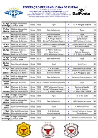 2
                        FEDERAÇÃO PERNAMBUCANA DE FUTSAL
                                                    FUNDADA em 10 de maio de 1962
                                   FILIADA A CONFEDERAÇÃO BRASILEIRA DE FUTSAL
                                       Rua Dom Bosco, 871 – Sala 204 – Boa Vista – Recife-PE
                                CNPJ. 11.870.086/0001-20 – Fone/Fax: (81) 3223.3259 CEP: 50.070-070
                                  Site: http://www.futsalpe.com.br – e-mail: futsalpe@futsalpe.com.



 07.Ago Colégio Monsenhor
                                     Única 12:00                     Tigre                    x        C. A. Amigos da Bola           19
Domingo Adelmar -CMA
11.Ago    Colégio Monsenhor
                                     Única 20:30              Sete de Setembro                x                  Sport                20
Quinta    Adelmar -CMA
          Municipal de Itambé        Única    20:30      Barcelona/Itambé                     x                  Tigre                21
13.Ago    Municipal de Goiana        Única    20:30    C. Atlético de Goiana                  x             S. E. Rio Goitá           22
Sábado    Mun. de Serra Talhada      Única    20:30    C. A. Amigos da Bola                   x             Santo Amaro               23
          Municipal de Caruaru       Única    20:30 Central/Prefeitura de Caruaru             x        ABF/Prefeitura de Pombos       24
19.Ago    Municipal de Goiana        Única 20:30 Santa Cruz/GoianaEquipadora                  x       Central/Prefeitura de Caruaru   25
 Sexta    Sport/Marcelino Lopes      Única 20:00            Sport                             x           Barcelona/Itambé            26
20.Ago    Municipal de Goiana        Única 20:30           C. Atlético de Goiana              x                Tigre                  27
          Ginásio do IEP             Única 20:30               Santo Amaro                    x         Sete de Setembro              28
Sábado    Municipal de Pombos        Única 20:30         ABF/Prefeitura de Pombos             x        C. A. Amigos da Bola           29
25.Ago    Colégio Monsenhor
                                     Única 20:30              Sete de Setembro                x                  Tigre                30
Quinta    Adelmar -CMA
26.Ago
          Sport/Marcelino Lopes      Única 20:00                     Sport                    x               Santo Amaro             31
 Sexta
27.Ago    Mun de Glória de Goitá     Única 20:30               S. E. Rio Goitá                x        ABF/Prefeitura de Pombos       32
          Municipal de Goiana        Única 20:30            C. Atlético de Goiana             x       Santa Cruz/GoianaEquipadora     33
Sábado    Municipal de Itambé        Única 20:30             Barcelona/Itambé                 x         C. A Amigos da Bola           34
 01.Set   Colégio Monsenhor
                                     Única 20:30              Sete de Setembro                x       Santa Cruz/GoianaEquipadora     35
 Quinta   Adelmar -CMA
 09.Set
          Municipal de Goiana        Única 20:30 Santa Cruz/GoianaEquipadora                  x                  Sport                36
 Sexta
 10.Set   Municipal de Pombos        Única 20:30 ABF/Prefeitura de Pombos                     x           Barcelona/Itambé            37
          Municipal de Caruaru       Única 20:30 Central/Prefeitura de Caruaru                x            Sete de Setembro           38
Sábado    Mun. de Serra Talhada      Única 20:30    C. A. Amigos da Bola                      x         C. Atlético de Goiana         39
 11.Set Colégio Monsenhor
                                     Única 12:00                     Tigre                    x             S. E. Rio Goitá           40
Domingo Adelmar -CMA
 15.Set   Colégio Monsenhor
                                     Única 20:30              Sete de Setembro                x        ABF/Prefeitura de Pombos       41
 Quinta   Adelmar -CMA
 16.Set
          Sport/Marcelino Lopes      Única 20:00                     Sport                    x           C. Atlético de Goiana       42
 Sexta
 17.Set   Mun de Glória de Goitá     Única 20:30               S. E. Rio Goitá                x       Central/Prefeitura de Caruaru   43
Sábado    Municipal de Itambé        Única 20:30              Barcelona/Itambé                x             Santo Amaro               44
 18.Set Colégio Monsenhor
                                     Única 12:00                     Tigre                    x       Santa Cruz/GoianaEquipadora     45
Domingo Adelmar -CMA
 