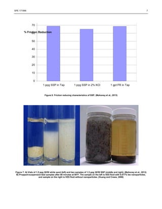SPE 171999 7
Figure 6: Friction reducing characteristics of SSP. (Mahoney et al., 2013)
Figure 7: A) Vials of 1.5 ppg 30/50 white sand (left) and two samples of 1.5 ppg 30/50 SSP (middle and right). (Mahoney et al., 2013)
B) Proppant-suspension-test samples after 90 minutes at 80°F. The sample on the left is VES fluid with 0.077% bw nanoparticles,
and sample on the right is VES fluid without nanoparticles. (Huang and Crews, 2008)
 
