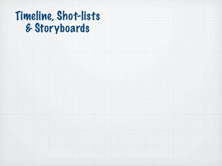 Timeline, Shot-lists
  & Storyboards
 