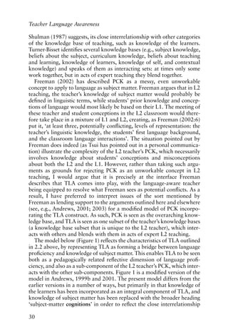 Shulman (1987) suggests, its close interrelationship with other categories
of the knowledge base of teaching, such as knowledge of the learners.
Turner-Bisset identifies several knowledge bases (e.g., subject knowledge,
beliefs about the subject, curriculum knowledge, beliefs about teaching
and learning, knowledge of learners, knowledge of self, and contextual
knowledge) and speaks of them as interacting sets: at times only some
work together, but in acts of expert teaching they blend together.
Freeman (2002) has described PCK as a messy, even unworkable
concept to apply to language as subject matter. Freeman argues that in L2
teaching, the teacher’s knowledge of subject matter would probably be
defined in linguistic terms, while students’ prior knowledge and concep-
tions of language would most likely be based on their L1. The meeting of
these teacher and student conceptions in the L2 classroom would there-
fore take place in a mixture of L1 and L2, creating, as Freeman (2002:6)
put it, ‘at least three, potentially conflicting, levels of representation: the
teacher’s linguistic knowledge, the students’ first language background,
and the classroom language interactions’. The situation pointed out by
Freeman does indeed (as Tsui has pointed out in a personal communica-
tion) illustrate the complexity of the L2 teacher’s PCK, which necessarily
involves knowledge about students’ conceptions and misconceptions
about both the L2 and the L1. However, rather than taking such argu-
ments as grounds for rejecting PCK as an unworkable concept in L2
teaching, I would argue that it is precisely at the interface Freeman
describes that TLA comes into play, with the language-aware teacher
being equipped to resolve what Freeman sees as potential conflicts. As a
result, I have preferred to interpret issues of the sort mentioned by
Freeman as lending support to the arguments outlined here and elsewhere
(see, e.g., Andrews, 2001; 2003) for a modified model of PCK incorpo-
rating the TLA construct. As such, PCK is seen as the overarching know-
ledge base, and TLA is seen as one subset of the teacher’s knowledge bases
(a knowledge base subset that is unique to the L2 teacher), which inter-
acts with others and blends with them in acts of expert L2 teaching.
The model below (Figure 1) reflects the characteristics of TLA outlined
in 2.2 above, by representing TLA as forming a bridge between language
proficiency and knowledge of subject matter. This enables TLA to be seen
both as a pedagogically related reflective dimension of language profi-
ciency, and also as a sub-component of the L2 teacher’s PCK, which inter-
acts with the other sub-components. Figure 1 is a modified version of the
model in Andrews, 1999b and 2001. The present model differs from the
earlier versions in a number of ways, but primarily in that knowledge of
the learners has been incorporated as an integral component of TLA, and
knowledge of subject matter has been replaced with the broader heading
‘subject-matter cognitions’ in order to reflect the close interrelationship
30
Teacher Language Awareness
 
