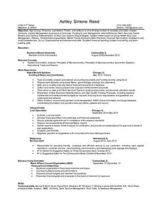 Ashley Simone Reed
3736 217th
Street (312) 399-4287
Matteson, IL 60443 Simone_1007@yahoo.com
Objective:High-Energy, Proactive, quantitative Thinker, w ith ability to w orkw ith large number of variables and make complex
decisions; Vendor Management experience in Consumer Funding & Loan Management, Internal/External Client Services Teams,
Brokers and Carriers; Implementation of Stop Loss Underw riting strategies; Subject-matter expert on Group Health Stop Loss
Management, Policies, Administrative Agreements, Market Trends & Industry Best-Practices; Financial Risk Analyst, Compliance and
Audit Competencies; Strong Organizational and Interpersonal skills. Excellent financialreporting, budget forecasting, and team
building skills.
Education:
SouthernIllinois University Carbondale, IL
Bachelor of Arts in Economics August 2008-December 2012
Relevant Courses:
 Applied Econometric analysis, Principles of Microeconomics, Principles of Macroeconomics, Economics Statistics,
International Trade and Finance
Work Experience:
Allied Benefit Systems Chicago, IL
Funding & Stop Loss Coordinator May 2015- Present
 Type accurately, prepare and maintain accounting documents and funding records using Excel
 Prepare bank deposits using Great Plains, generalledger postings and statements
 Daily and or w eekly enter key data of financialtransactions in database
 Collect and review data to prepare new stop loss reimbursement proposals
 Team alone or meet w ith Client Services Teams to analyze large claims and abnormal utilization results
 Preparation of New Business Implementations and High Quality Funding Proposals, including logistical
framew orks and reimbursement budgets as required, ensuring donor requirements and guidelines are
understood and adhered.
 Utilize Emdeon, revenue and payment cycle management, RIMS clinical information exchange database,
coordinating information and payment betw een clients, patients and record
IntegraCredit
Loan Specialist Chicago, IL
September 2014-May 2015
 Evaluate customer leads
 Develop financialprofiles fromcredit date and financial statements
 Ensure potential applicants are in compliance w ith company standards
 Prepare riskassessments & Financial Ratios reports
 Submit reports to Senior Credit Analysts for verification, and provide recommendations for approvalor denial of
loan applications
 Analyse Loan Portfolio
 Negotiate payment arrangements w ith consumerswho have delinquent loans
Walgreens Homewood, IL
Service Clerk August 2013- June 2015
 Responsible for providing friendly, courteous and efficient service to our customers, including cash register
operations, customer service, merchandising, store inventory and maintaining store signage and displays.
 #1 In District for Suggestive Sales for Three Consecutive Days, October 2013
 #1 in Suggestive Sales for Tw o Consecutive Week, October & November 2013
Extracurricular Activities: Carbondale, IL
Black Affairs Council Organization(RSO) September 10’-December 12‘
Financial Committee Chair
 Monitored organization’s financialprocedures and status
 Oversaw budget processand performance
 Prepared annual budgets and maintain fiscalpolicies
 Presented financialgoals and proposals to the board of directors for approval
Skills:
Technical skills: Microsoft Word, Excel, Pow erPoint, Window s XP, Window s 7, Window s server2003 & 2008, IOS, Word Press,
AnalyticalSkills, Emdeon, RIMS, Alchemy, Client Service Management, Pivot Table, & Database Management.
 