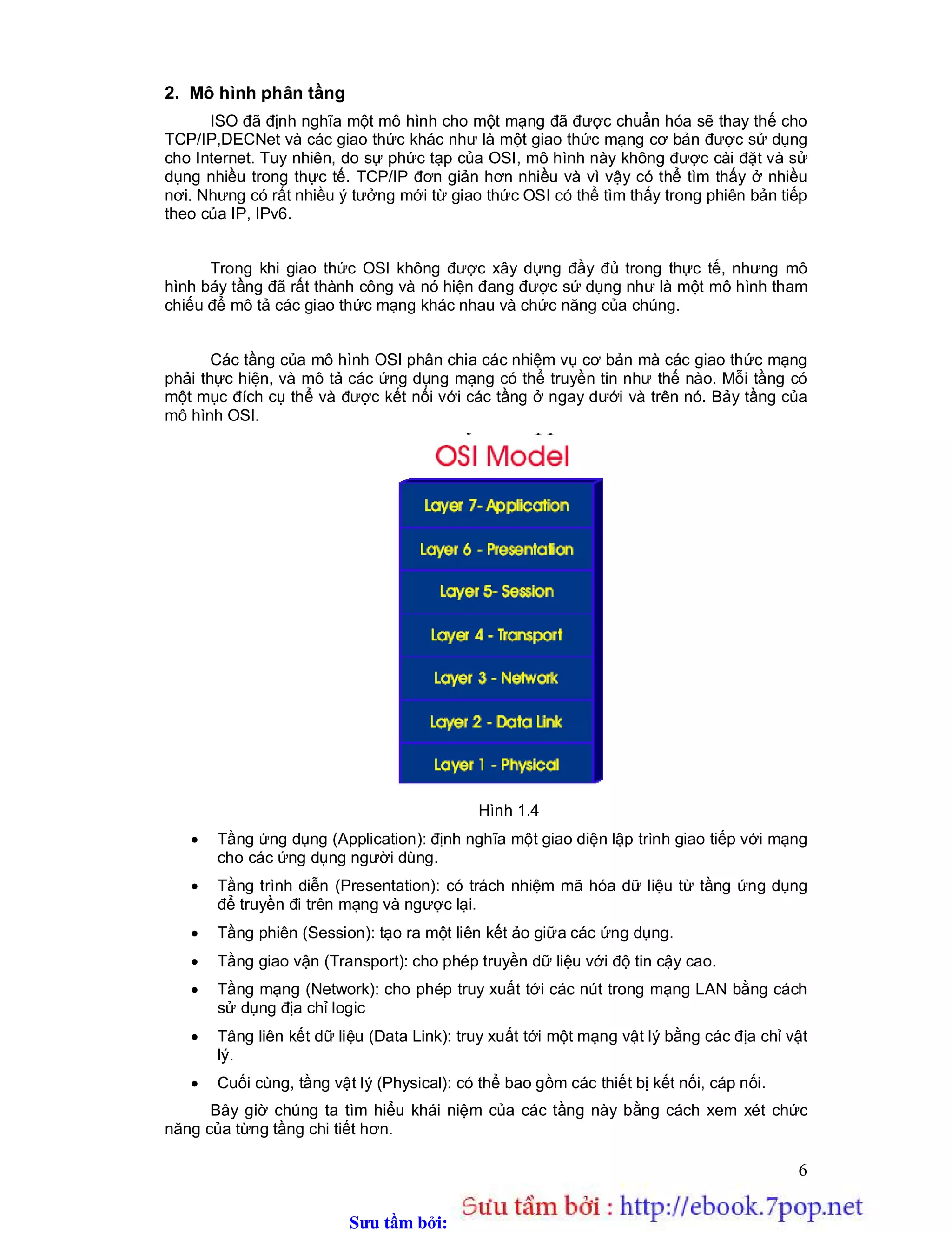 Sưu t m b i: www.daihoc.com.vn
6
2. Mô hình phân tầng
ISO đã định nghĩa một mô hình cho một mạng đã được chuẩn hóa sẽ thay thế cho
TCP/IP,DECNet và các giao thức khác như là một giao thức mạng cơ bản được sử dụng
cho Internet. Tuy nhiên, do sự phức tạp của OSI, mô hình này không được cài đặt và sử
dụng nhiều trong thực tế. TCP/IP đơn giản hơn nhiều và vì vậy có thể tìm thấy ở nhiều
nơi. Nhưng có rất nhiều ý tưởng mới từ giao thức OSI có thể tìm thấy trong phiên bản tiếp
theo của IP, IPv6.
Trong khi giao thức OSI không được xây dựng đầy đủ trong thực tế, nhưng mô
hình bảy tầng đã rất thành công và nó hiện đang được sử dụng như là một mô hình tham
chiếu để mô tả các giao thức mạng khác nhau và chức năng của chúng.
Các tầng của mô hình OSI phân chia các nhiệm vụ cơ bản mà các giao thức mạng
phải thực hiện, và mô tả các ứng dụng mạng có thể truyền tin như thế nào. Mỗi tầng có
một mục đích cụ thể và được kết nối với các tầng ở ngay dưới và trên nó. Bảy tầng của
mô hình OSI.
Hình 1.4
 Tầng ứng dụng (Application): định nghĩa một giao diện lập trình giao tiếp với mạng
cho các ứng dụng người dùng.
 Tầng trình diễn (Presentation): có trách nhiệm mã hóa dữ liệu từ tầng ứng dụng
để truyền đi trên mạng và ngược lại.
 Tầng phiên (Session): tạo ra một liên kết ảo giữa các ứng dụng.
 Tầng giao vận (Transport): cho phép truyền dữ liệu với độ tin cậy cao.
 Tầng mạng (Network): cho phép truy xuất tới các nút trong mạng LAN bằng cách
sử dụng địa chỉ logic
 Tâng liên kết dữ liệu (Data Link): truy xuất tới một mạng vật lý bằng các địa chỉ vật
lý.
 Cuối cùng, tầng vật lý (Physical): có thể bao gồm các thiết bị kết nối, cáp nối.
Bây giờ chúng ta tìm hiểu khái niệm của các tầng này bằng cách xem xét chức
năng của từng tầng chi tiết hơn.
 