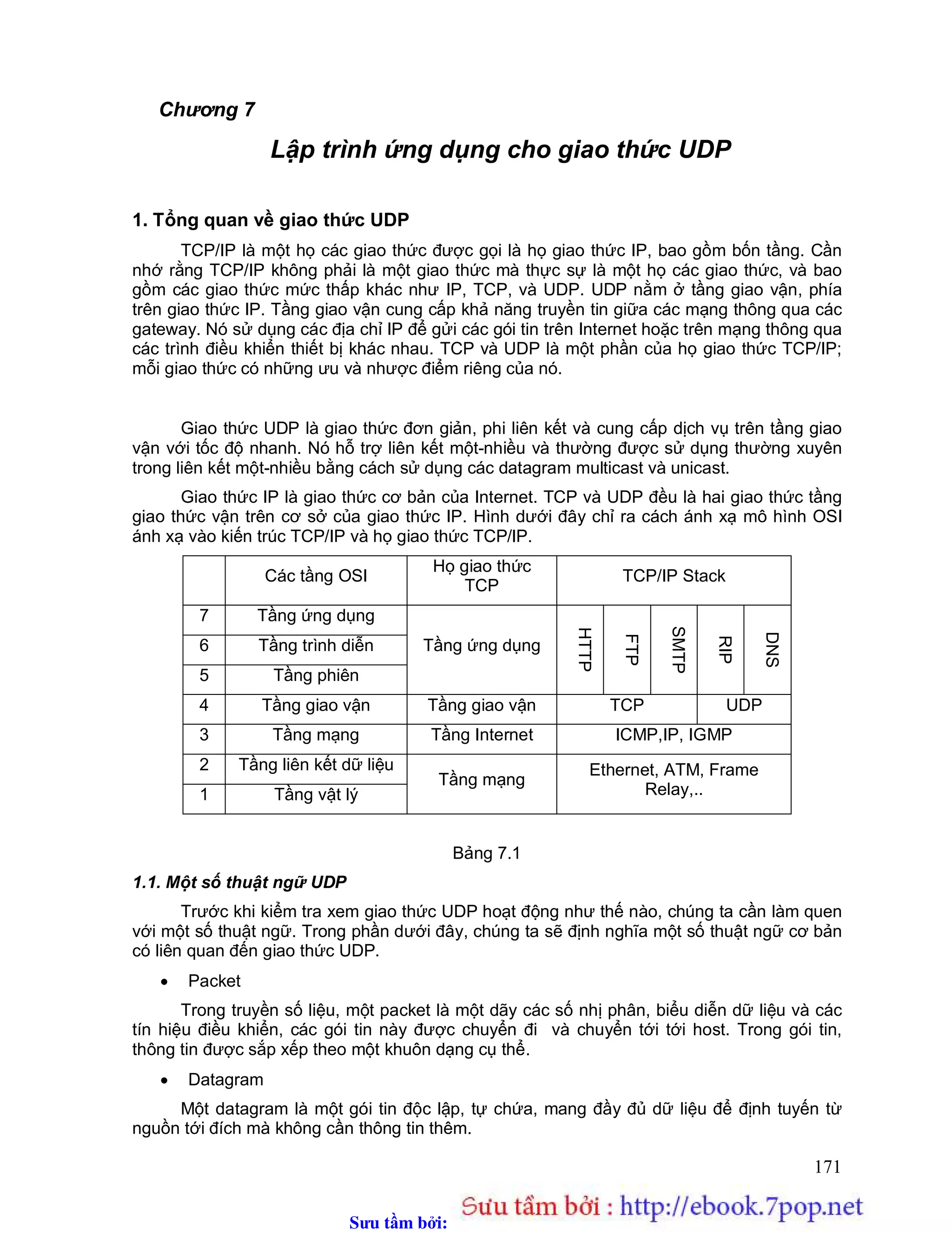 Sưu t m b i: www.daihoc.com.vn
171
Chương 7
Lập trình ứng dụng cho giao thức UDP
1. Tổng quan về giao thức UDP
TCP/IP là một họ các giao thức được gọi là họ giao thức IP, bao gồm bốn tầng. Cần
nhớ rằng TCP/IP không phải là một giao thức mà thực sự là một họ các giao thức, và bao
gồm các giao thức mức thấp khác như IP, TCP, và UDP. UDP nằm ở tầng giao vận, phía
trên giao thức IP. Tầng giao vận cung cấp khả năng truyền tin giữa các mạng thông qua các
gateway. Nó sử dụng các địa chỉ IP để gửi các gói tin trên Internet hoặc trên mạng thông qua
các trình điều khiển thiết bị khác nhau. TCP và UDP là một phần của họ giao thức TCP/IP;
mỗi giao thức có những ưu và nhược điểm riêng của nó.
Giao thức UDP là giao thức đơn giản, phi liên kết và cung cấp dịch vụ trên tầng giao
vận với tốc độ nhanh. Nó hỗ trợ liên kết một-nhiều và thường được sử dụng thường xuyên
trong liên kết một-nhiều bằng cách sử dụng các datagram multicast và unicast.
Giao thức IP là giao thức cơ bản của Internet. TCP và UDP đều là hai giao thức tầng
giao thức vận trên cơ sở của giao thức IP. Hình dưới đây chỉ ra cách ánh xạ mô hình OSI
ánh xạ vào kiến trúc TCP/IP và họ giao thức TCP/IP.
Các tầng OSI
Họ giao thức
TCP
TCP/IP Stack
7 Tầng ứng dụng
Tầng ứng dụng
HTTP
FTP
SMTP
RIP
DNS
6 Tầng trình diễn
5 Tầng phiên
4 Tầng giao vận Tầng giao vận TCP UDP
3 Tầng mạng Tầng Internet ICMP,IP, IGMP
2 Tầng liên kết dữ liệu
Tầng mạng
Ethernet, ATM, Frame
Relay,..1 Tầng vật lý
Bảng 7.1
1.1. Một số thuật ngữ UDP
Trước khi kiểm tra xem giao thức UDP hoạt động như thế nào, chúng ta cần làm quen
với một số thuật ngữ. Trong phần dưới đây, chúng ta sẽ định nghĩa một số thuật ngữ cơ bản
có liên quan đến giao thức UDP.
 Packet
Trong truyền số liệu, một packet là một dãy các số nhị phân, biểu diễn dữ liệu và các
tín hiệu điều khiển, các gói tin này được chuyển đi và chuyển tới tới host. Trong gói tin,
thông tin được sắp xếp theo một khuôn dạng cụ thể.
 Datagram
Một datagram là một gói tin độc lập, tự chứa, mang đầy đủ dữ liệu để định tuyến từ
nguồn tới đích mà không cần thông tin thêm.
 